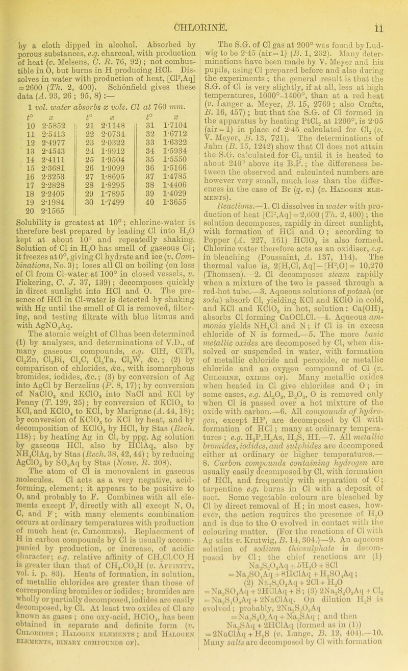 by a cloth dipped in alcohol. Absorbed by porous substances, e.g. charcoal, with production of heat (v. Melsens, C. R. 76, 92); not combus- tible in 0, but burns in H producing HC1. Dis- solves in water with production of heat, [Cl2,Aq] = 2600 (Tli. 2, 400). Schonfield gives these data (A. 93, 26 ; 95, 8) 1 vol. water absorbs x vols. Cl at 760 mm. t° X t° X t° X 10 2-5852 21 2-1148 31 1-7104 11 2-5413 22 20734 32 1-6712 12 2-4977 23 2-0322 33 1-6322 13 2-4543 24 1-9912 34 1-5934 14 2-4111 25 1-9504 35 1-5550 15 2-3681 26 1-9099 36 1-5166 16 2-3253 27 1-8695 37 1-4785 17 2-2828 28 1-8295 38 1-4406 18 2-2405 29 1-7895 39 1-4029 19 20 2-1984 2-1565 30 1-7499 40 1-3655 Solubility is greatest at 10° ; chlorine-water is therefore best prepared by leading Cl into HO kept at about 103 and repeatedly shaking. Solution of Cl in H20 has smell of gaseous Cl; it freezes at 0°, giving Cl hydrate and ice (v. Com- binations, No. 3); loses all Cl on boiling (on loss of Cl from Cl-water at 100° in closed vessels, v. Pickering, C. J. 37, 139); decomposes quickly in direct sunlight into HC1 and O. The pre- sence of HC1 in Cl-water is detected by shaking with Hg until the smell of Cl is removed, filter- ing, and testing filtrate with blue litmus and with AgN03Aq. The atomic weight of Cl has been determined (1) by analyses, and determinations of V.D., of many gaseous compounds, e.g. C1H, C1T1, CLZn, Cl3Bi, C14C, Cl.Ta, C16W, Ac.; (2) by comparison of chlorides, Ac., with isomorphous bromides, iodides, Ac.; (3) by conversion of Ag into AgCl by Berzelius (P. 8, 17); by conversion of NaC103 and KC103 into NaCl and KC1 by Penny (T. 129, 25); by conversion of KC103 to KC1, and KC104 to KC1, by Marignac (A. 44,18); by conversion of KC103 to KC1 by heat, and by decomposition of KC103 by HC1, by Stas (Reck. 118); by heating Ag in Cl, by ppg. Ag solution by gaseous HC1, also by PIClAq, also by NH,ClAq, by Stas (Reck. 38, 42, 44); by reducing AgC103 by SChAq by Stas (Nouv. R. 208). The atom of Cl is monovalent in gaseous molecules. Cl acts as a very negative, acid- forming, element; it appears to be positive to O, and probably to F. Combines with all ele- ments except F, directly with all except N, O, C, and I’; with many elements combination occurs at ordinary temperatures with production of much heat (v. Chlorides). Replacement of H in carbon compounds by Cl is usually accom- panied by production, or increase, of acidic character; e.g. relative affinity of CHGl.COII is greater than that of CH3.C03H (v. Affinity, vol. i. p. 83). Heats of formation, in solution, of metallic chlorides arc greater than those of corresponding bromides or iodides; bromides aro wholly or partially decomposed, iodides arc easily decomposed, by Cl. At least two oxides of Cl arc known as gases ; one oxy-acid, HCIO,, has been obtained in separate and definite form (v. Chlorides ; Halogen elements ; and Halogen ELEMENTS, BINARY COMI'OUNDS of). The S.G. of Cl gas at 200° was found by Lud- wig to be 2-45 (air = l) (B. 1, 232). Many deter- minations have been made by Y. Meyer and his pupils, using Cl prepared before and also during the experiments ; the general result is that the S.G. of Cl is very slightly, if at all, less at high temperatures, 1000°-1400°, than at a red heat (v. Langer a. Meyer, B. 15, 2769; also Crafts, B. 16, 457) ; but that the S.G. of Cl formed in the apparatus by heating PtCL at 1200°, is 2-05 (air = 1) in place of 2-45 calculated for CL (v. V. Meyer, B. 13, 721). The determinations of Jahn (B. 15, 1242) show that Cl does not attain the S.G. calculated for CL until it is heated to about 24CP above its B.P.; the differences be- tween the observed and calculated numbers are however very small, much less than the differ- ences in the case of Br (g. v.) (v. Halogen ele- ments). Reactions.—1. Cl dissolves in ivater with pro- duction of heat [Cl2,Aq] = 2,600 (Th. 2,400); the solution decomposes, rapidly in direct sunlight, with formation of HC1 and O ; according to Popper (A. 227, 161) HC103 is also formed. Chlorine water therefore acts as an oxidiser, e.g. in bleaching (Poussaint, A. 137, 114). The thermal value is, 2[H,C1, Aq] — [H2,0] = 10,270 (Thomsen).—2. Cl decomposes steam rapidly when a mixture of the two is passed through a red-hot tube.—3. Aqueous solutions of potash (or socla) absorb Cl, yielding KC1 and KCIO in cold, and KC1 and KCIO., in hot, solution: Ca(OII)2 absorbs Cl forming CaOCl.Cl.—4. Aqueous am- monia yields NH,C1 and N; if Cl is in excess chloride of N is formed.—5. The more basic metallic oxides are decomposed by Cl, when dis- solved or suspended in water, with formation of metallic chloride and peroxide, or metallic chloride and an oxygen compound of Cl (v. Chlorine, oxides of). Many metallic oxides when heated in Cl give chlorides and O ; in some cases, e.g. A1203, B203, O is removed only when Cl is passed over a hot mixture of the oxide with carbon.—6. All compounds of hydro- gen, except HF, are decomposed by Cl with formation of HC1; many at ordinary tempera- tures ; e.g. H.,P,H3As, HS, HI.—7. All metallic bromides, iodides, and sulphides are decomposed either at ordinary or higher temperatures.— 8. Carbon compounds containing hydrogen aro usually easily decomposed by Cl, with formation of HC1, and frequently with separation of C; turpentine e.g. burns in Cl with a deposit of soot. Some vegetable colours are bleached by Cl by direct removal of H ; in most cases, how- ever, the action requires the presence of H,0 and is due to the O evolved in contact with the colouring matter. (For the reactions of Cl with Ag salts v. Krutwig, B. 14, 304.)—9. An aqueous solution of sodium thiosulphate is decom- posed by Cl; the chief reactions aro (1) Na,S.,0.,Aq + 5U..0 + 8C1 = Na.SO,Aq + BIIClAq + HSO.,Aq; (2) Na.,S.,03Aq + 2Cl + H.,0 = Na,SO,A«l + 2HCl'Aq + S; (3) 2Na',S,0;,A<| + CL = Na2S40„Aq + 2NaClAq. Op dilution H3S is evolved; probably, 2Na3S30:,Aq = Na2S30„Aq + Na./SAq ; and then Na.,,SAq + 2PIClAq (formed as in (1)) = 2NaClAq + H2S (v. Lunge, B. 12, 404).—-10. Many salts are decomposed by Cl with formation