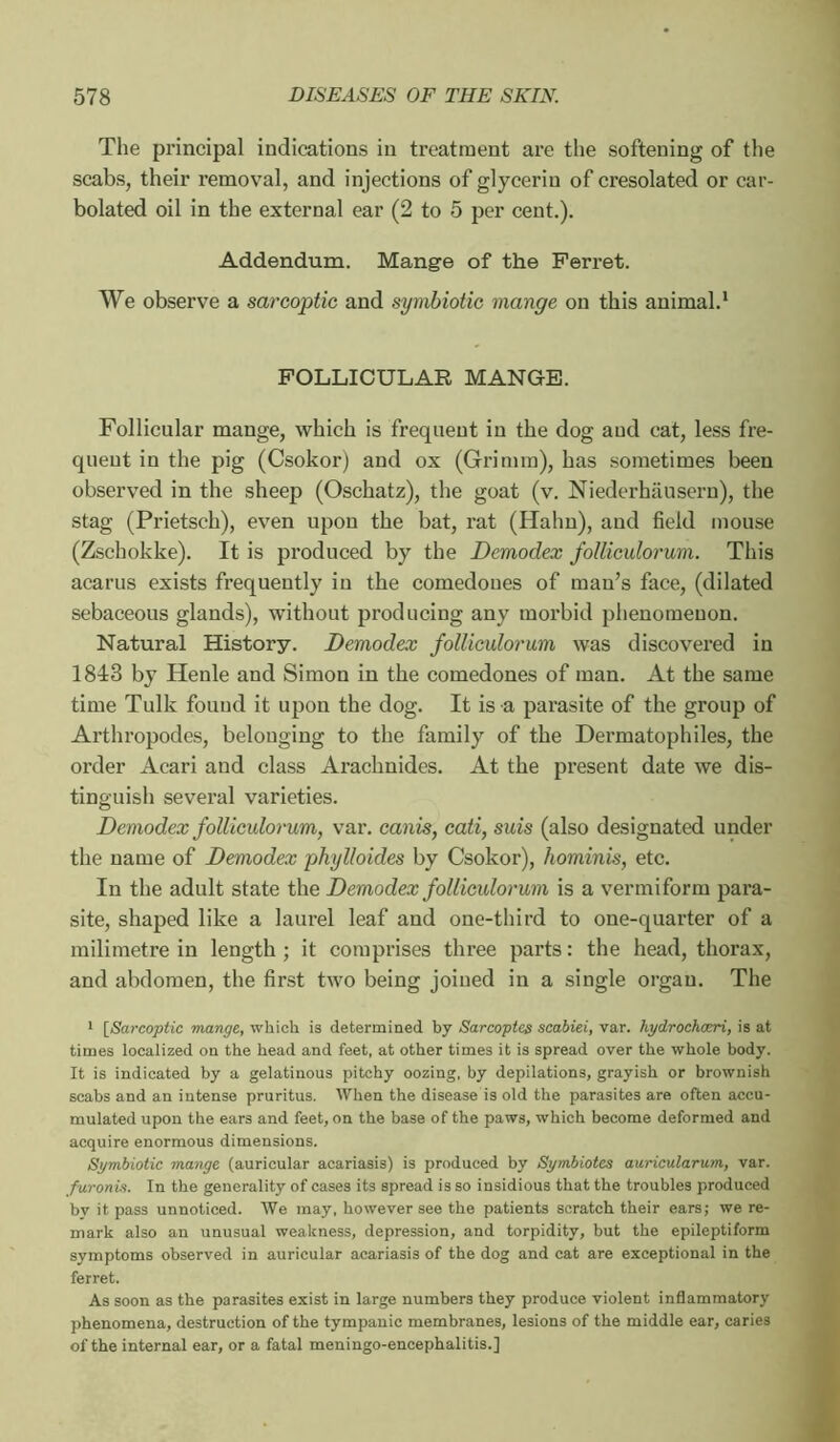 The principal indications in treatment are the softening of the scabs, their removal, and injections of glycerin of cresolated or car- bolated oil in the external ear (2 to 5 per cent.). Addendum. Mange of the Ferret. We observe a sareoptic and symbiotic mange on this animal.' FOLLICULAR MANGE. Follicular mange, which is frequent in the dog and cat, less fre- quent in the pig (Csokor) and ox (Grimm), has sometimes been observed in the sheep (Oschatz), the goat (v. Niederhausern), the stag (Prietsch), even upon the bat, rat (Hahn), and field mouse (Zschokke). It is produced by the Demodex folliculorum. This acarus exists frequently in the comedones of man’s face, (dilated sebaceous glands), without producing any morbid phenomenon. Natural History. Demodex folliculorum was discovered in 1843 by Henle and Simon in the comedones of man. At the same time Tulk found it upon the dog. It is a parasite of the group of Arthropodes, belonging to the family of the Dermatophiles, the order Acari and class Arachnides. At the present date we dis- tinguish several varieties. Demodex folliculorum, var. canis, cati, suis (also designated under the name of Demodex phylloides by Csokor), hominis, etc. In the adult state the Demodex folliculorum is a vermiform para- site, shaped like a laurel leaf and one-third to one-quarter of a milimetre in length ; it comprises three parts : the head, thorax, and abdomen, the first two being joined in a single organ. The I {^Sareoptic mange, which is determined by Sarcoptes scabiei, var. hydrochceri, is at times localized on the head and feet, at other times it is spread over the whole body. It is indicated by a gelatinous pitchy oozing, by dépilations, grayish or brownish scabs and an intense pruritus. When the disease is old the parasites are often accu- mulated upon the ears and feet, on the base of the paws, which become deformed and acquire enormous dimensions. Symbiotic mange (auricular acariasis) is produced by Symbiotes auricularum, var. furonü. In the generality of cases its spread is so insidious that the troubles produced by it pass unnoticed. We may, however see the patients scratch their ears; we re- mark also an unusual weakness, depression, and torpidity, but the epileptiform symptoms observed in auricular acariasis of the dog and cat are exceptional in the ferret. As soon as the parasites exist in large numbers they produce violent inflammatory phenomena, destruction of the tympanic membranes, lesions of the middle ear, caries of the internal ear, or a fatal meningo-encephalitis.]