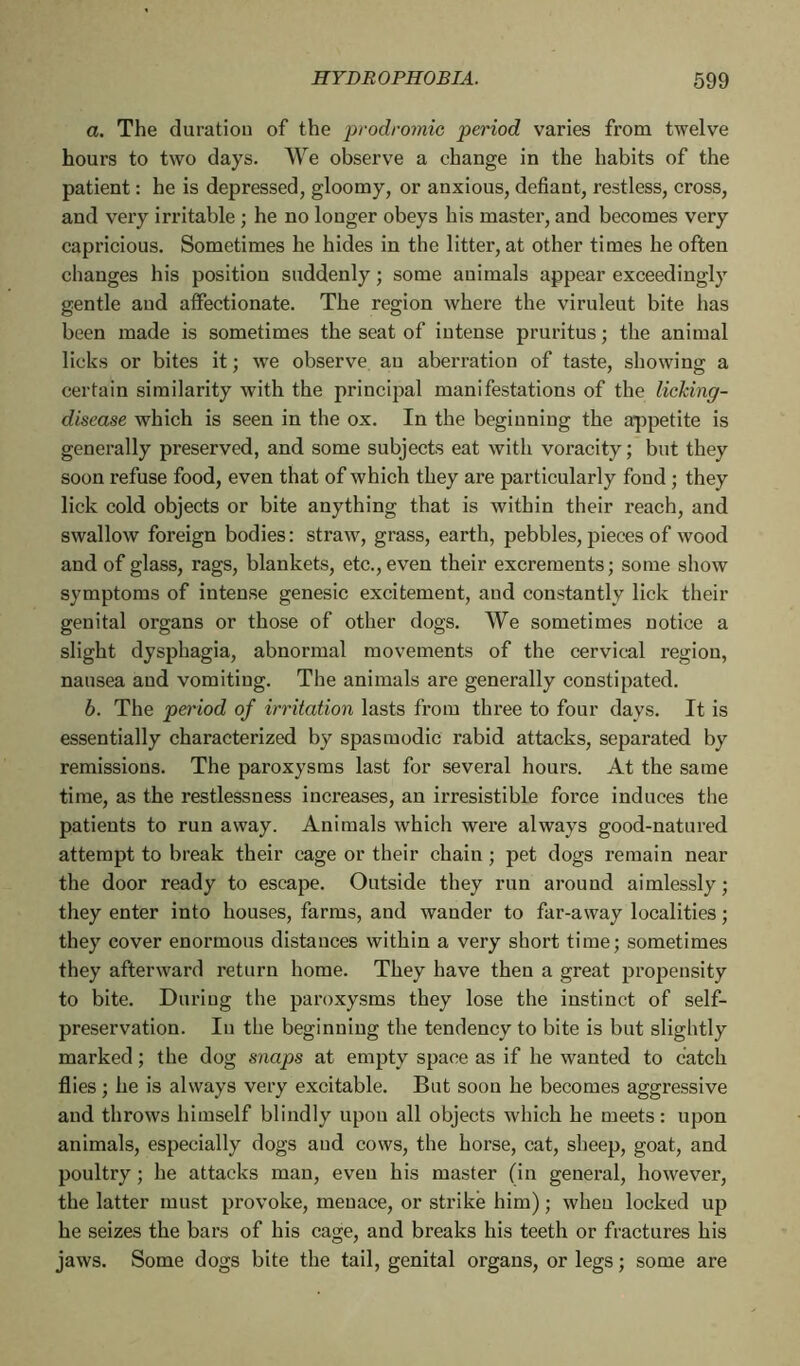 a. The duration of the prodromic period varies from twelve hours to two days. We observe a change in the habits of the patient : he is depressed, gloomy, or anxious, defiant, restless, cross, and very irritable ; he no longer obeys his master, and becomes very capricious. Sometimes he hides in the litter, at other times he often changes his position suddenly ; some animals appear exceedingly gentle and affectionate. The region where the viruleut bite has been made is sometimes the scat of intense pruritus ; the animal licks or bites it ; we observe an aberration of taste, showing a certain similarity with the principal manifestations of the licking- disease which is seen in the ox. In the beginning the appetite is generally preserved, and some subjects eat with voracity ; but they soon refuse food, even that of which they are particularly fond ; they lick cold objects or bite anything that is within their reach, and swallow foreign bodies : straw, grass, earth, pebbles, pieces of wood and of glass, rags, blankets, etc., even their excrements; some show symptoms of intense genesic excitement, and constantly lick their genital organs or those of other dogs. We sometimes notice a slight dysphagia, abnormal movements of the cervical region, nausea and vomiting. The animals are generally constipated. b. The period of irritation lasts from three to four days. It is essentially characterized by spasmodic rabid attacks, separated by remissions. The paroxysms last for several hours. At the same time, as the restlessness increases, an irresistible force induces the patients to run away. Animals which were always good-natured attempt to break their cage or their chain ; pet dogs remain near the door ready to escape. Outside they run around aimlessly ; they enter into houses, farms, and wander to far-away localities ; they cover enormous distances within a very short time; sometimes they afterward return home. They have then a great propensity to bite. During the paroxysms they lose the instinct of self- preservation. In the beginning the tendency to bite is but slightly marked ; the dog snaps at empty space as if he wanted to catch flies ; he is always very excitable. But soon he becomes aggressive and throws himself blindly upon all objects which he meets: upon animals, especially dogs and cows, the horse, cat, sheep, goat, and poultry ; he attacks man, even his master (in general, however, the latter must provoke, menace, or strike him) ; wheu locked up he seizes the bars of his cage, and breaks his teeth or fractures his jaws. Some dogs bite the tail, genital organs, or legs ; some are