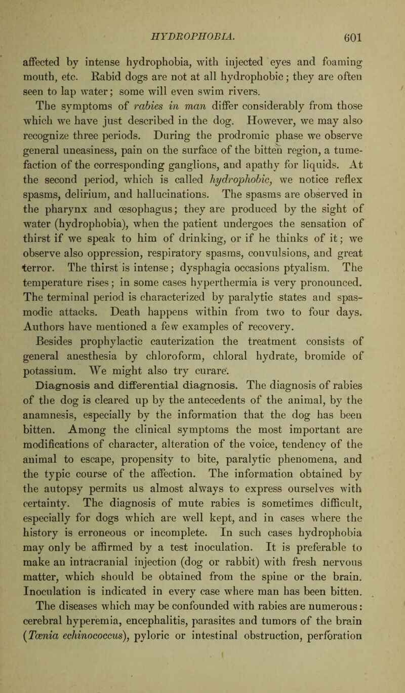 affected by intense hydrophobia, with injected eyes and foaming mouth, etc. Rabid dogs are not at all hydrophobic ; they are often seen to lap water; some will even swim rivers. The symptoms of rabies in man differ considerably from those which we have just described in the dog. However, we may also recognize three periods. During the prodromic phase we observe general uneasiness, pain on the surface of the bitten region, a tume- faction of the corresponding ganglions, and apathy for liquids. At the second period, which is called hydrophobic, we notice reflex spasms, delirium, and hallucinations. The spasms are observed in the pharynx and oesophagus; they are produced by the sight of water (hydrophobia), when the patient undergoes the sensation of thirst if we speak to him of drinking, or if he thinks of it ; we observe also oppression, respiratory spasms, convulsions, and great terror. The thirst is intense ; dysphagia occasions ptyalism. The temperature rises ; in some cases hyperthermia is very pronounced. The terminal period is characterized by paralytic states and spas- modic attacks. Death happens within from two to four days. Authors have mentioned a few examples of recovery. Besides prophylactic cauterization the treatment consists of general anesthesia by chloroform, chloral hydrate, bromide of potassium. We might also try curare. Diagnosis and differential diagnosis. The diagnosis of rabies of the dog is cleared up by the antecedents of the animal, by the anamnesis, especially by the information that the dog has beeu bitten. Among the clinical symptoms the most important are modifications of character, alteration of the voice, tendency of the animal to escape, propensity to bite, paralytic phenomena, and the typic course of the affection. The information obtained by the autopsy permits us almost always to express ourselves with certainty. The diagnosis of mute rabies is sometimes difficult, especially for dogs which are well kept, and in cases where the history is erroneous or incomplete. In such cases hydrophobia may only be affirmed by a test inoculation. It is preferable to make an intracranial injection (dog or rabbit) with fresh nervous matter, which should be obtained from the spine or the brain. Inoculation is indicated in every case where man has been bitten. The diseases which may be confounded with rabies are numerous : cerebral hyperemia, encephalitis, parasites and tumors of the brain (Taenia echinococcus), pyloric or intestinal obstruction, perforation