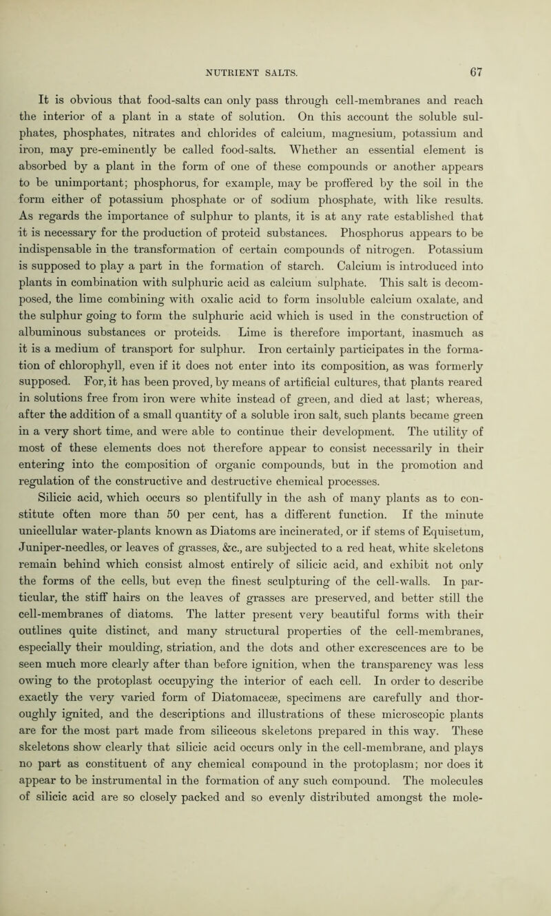 It is obvious that food-salts can only pass through cell-membranes and reach the interior of a plant in a state of solution. On this account the soluble sul- phates, phosphates, nitrates and chlorides of calcium, magnesium, potassium and iron, may pre-eminently be called food-salts. Whether an essential element is absorbed by a plant in the form of one of these compounds or another appears to be unimportant; phosphorus, for example, may be proffered by the soil in the form either of potassium phosphate or of sodium phosphate, with like results. As regards the importance of sulphur to plants, it is at any rate established that it is necessary for the production of proteid substances. Phosphorus appears to be indispensable in the transformation of certain compounds of nitrogen. Potassium is supposed to play a part in the formation of starch. Calcium is introduced into plants in combination with sulphuric acid as calcium sulphate. This salt is decom- posed, the lime combining with oxalic acid to form insoluble calcium oxalate, and the sulphur going to form the sulphuric acid which is used in the construction of albuminous substances or proteids. Lime is therefore important, inasmuch as it is a medium of transport for sulphur. Iron certainly participates in the forma- tion of chlorophyll, even if it does not enter into its composition, as was formerly supposed. For, it has been proved, by means of artificial cultures, that plants reared in solutions free from iron were white instead of green, and died at last; whereas, after the addition of a small quantity of a soluble iron salt, such plants became green in a very short time, and were able to continue their development. The utility^- of most of these elements does not therefore appear to consist necessarily in their entering into the composition of organic compounds, but in the promotion and regulation of the constructive and destructive chemical processes. Silicic acid, which occurs so plentifully in the ash of many plants as to con- stitute often more than 50 per cent, has a different function. If the minute unicellular water-plants known as Diatoms are incinerated, or if stems of Equisetum, Juniper-needles, or leaves of grasses, &c., are subjected to a red heat, white skeletons remain behind which consist almost entirely of silicic acid, and exhibit not only the forms of the cells, but even the finest sculpturing of the cell-walls. In par- ticular, the stiff* hairs on the leaves of grasses are preserved, and better still the cell-membranes of diatoms. The latter present very beautiful forms with their outlines quite distinct, and many structural properties of the cell-membranes, especially their moulding, striation, and the dots and other excrescences are to be seen much more clearly after than before ignition, when the transparency was less owing to the protoplast occupying the interior of each cell. In order to describe exactly the very varied form of Diatomacese, specimens are carefully and thor- oughly ignited, and the descriptions and illustrations of these microscopic plants are for the most paid made from siliceous skeletons prepared in this way. These skeletons show clearly that silicic acid occurs only in the cell-membrane, and plays no part as constituent of any chemical compound in the protoplasm; nor does it appear to be instrumental in the formation of any such compound. The molecules of silicic acid are so closely packed and so evenly distributed amongst the mole-
