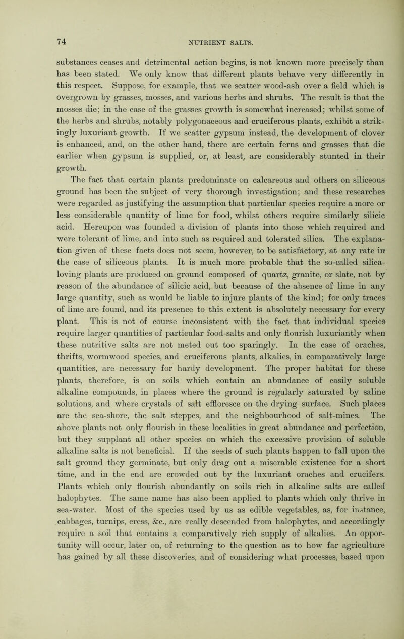 substances ceases and detrimental action begins, is not known more precisely than has been stated. We only know that different plants behave very differently in this respect. Suppose, for example, that we scatter wood-ash over a field which is overgrown by grasses, mosses, and various herbs and shrubs. The result is that the mosses die; in the case of the grasses growth is somewhat increased; whilst some of the herbs and shrubs, notably polygonaceous and cruciferous plants, exhibit a strik- ingly luxuriant growth. If we scatter gypsum instead, the development of clover is enhanced, and, on the other hand, there are certain ferns and grasses that die earlier when gypsum is supplied, or, at least, are considerably stunted in their growth. The fact that certain plants predominate on calcareous and others on siliceous ground has been the subject of very thorough investigation; and these researches were regarded as justifying the assumption that particular species require a more or less considerable quantity of lime for food, whilst others require similarly silicic- acid. Hereupon was founded a division of plants into those which required and were tolerant of lime, and into such as required and tolerated silica. The explana- tion given of these facts does not seem, however, to be satisfactory, at any rate in the case of siliceous plants. It is much more probable that the so-called silica- loving plants are produced on ground composed of quartz, granite, or slate, not by reason of the abundance of silicic acid, but because of the absence of lime in any large quantity, such as would be liable to injure plants of the kind; for only traces of lime are found, and its presence to this extent is absolutely necessary for every plant. This is not of course inconsistent with the fact that individual species require larger quantities of particular food-salts and only flourish luxuriantly when these nutritive salts are not meted out too sparingly. In the case of oraches, thrifts, wormwood species, and cruciferous plants, alkalies, in comparatively large quantities, are necessary for hardy development. The proper habitat for these plants, therefore, is on soils which contain an abundance of easily soluble alkaline compounds, in places where the ground is regularly saturated by saline solutions, and where crystals of salt effloresce on the drying surface. Such places are the sea-shore, the salt steppes, and the neighbourhood of salt-mines. The above plants not only flourish in these localities in great abundance and perfection, but they supplant all other species on which the excessive provision of soluble alkaline salts is not beneficial. If the seeds of such plants happen to fall upon the salt ground they germinate, but only drag out a miserable existence for a short time, and in the end are crowded out by the luxuriant oraches and crucifers. Plants which only flourish abundantly on soils rich in alkaline salts are called halophytes. The same name has also been applied to plants which only thrive in sea-water. Most of the species used by us as edible vegetables, as, for instance, cabbages, turnips, cress, &c., are really descended from halophytes, and accordingly require a soil that contains a comparatively rich supply of alkalies. An oppor- tunity will occur, later on, of returning to the question as to how far agriculture has gained by all these discoveries, and of considering what processes, based upon