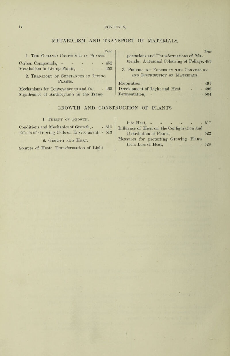 IV CONTENTS. METABOLISM AND TRANSPORT OF MATERIALS. Page 1. The Organic Compounds in Plants. Carbon Compounds, ----- 452 Metabolism in Living Plants, - - - 455 2. Transport of Substances in Living Plants. Mechanisms for Conveyance to and fro, - 4(55 Significance of Anthocyanin in the Trans- Page portations and Transformations of Ma- terials : Autumnal Colouring of Foliage, 483 3. Propelling Forces in the Conversion and Distribution of Materials. Respiration, - - - - - -491 Development of Light and Heat, - - 496 Fermentation, ------ 504 GROWTH AND CONSTRUCTION OF PLANTS. 1. Theory of Growth. Conditions and Mechanics of Growth, - - 510 Effects of Growing Cells on Environment, - 513 2. Growth and Heat. Sources of Heat: Transformation of Light into Heat, 517 Influence of Heat on the Configuration and Distribution of Plants, - - - - 523 Measures for protecting Growing Plants from Loss of Heat, ... - 528