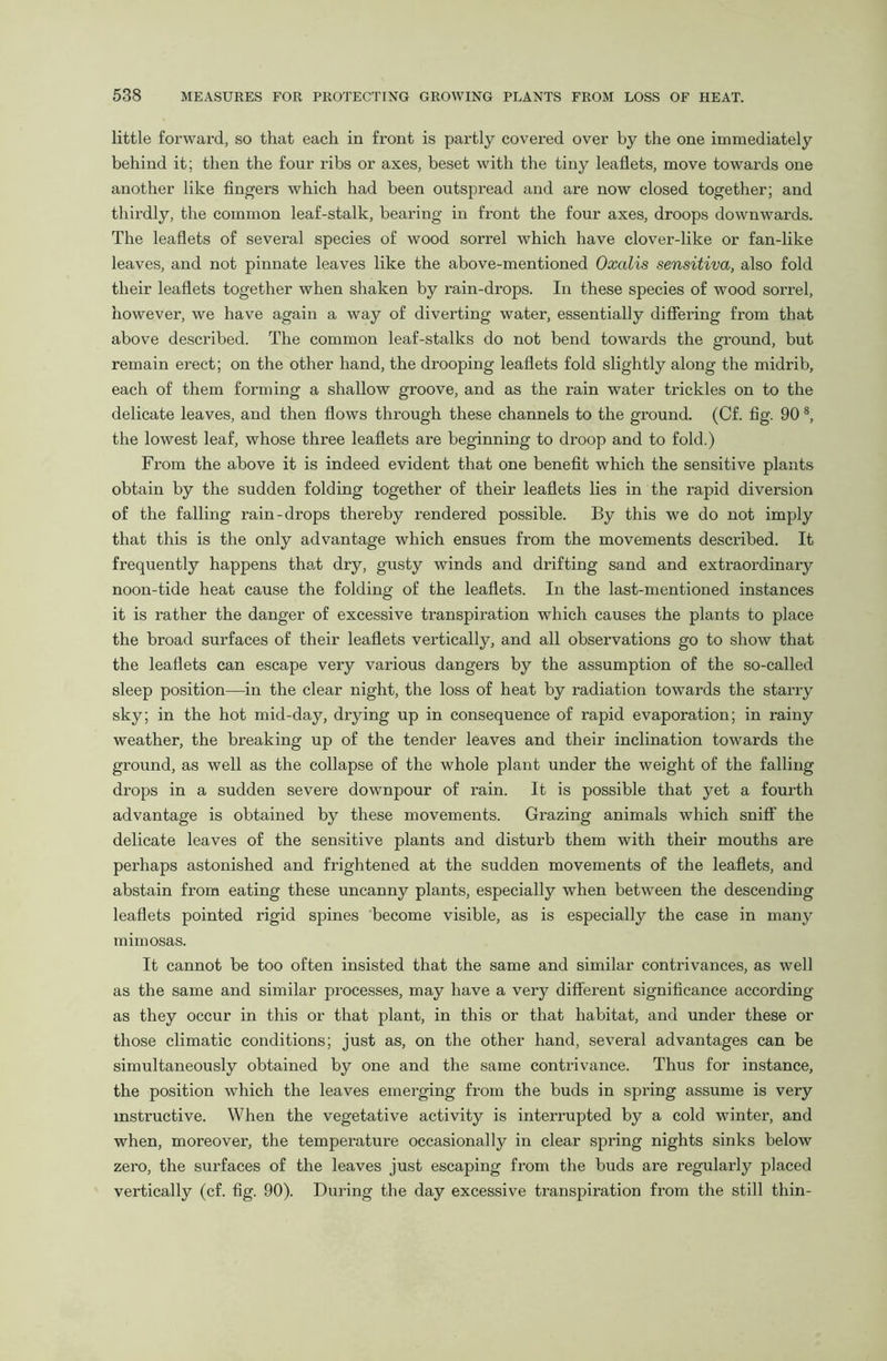 little forward, so that each in front is partly covered over by the one immediately behind it; then the four ribs or axes, beset with the tiny leaflets, move towards one another like fingers which had been outspread and are now closed together; and thirdly, the common leaf-stalk, bearing in front the four axes, droops downwards. The leaflets of several species of wood sorrel which have clover-like or fan-like leaves, and not pinnate leaves like the above-mentioned Oxalis sensitiva, also fold their leaflets together when shaken by rain-drops. In these species of wood sorrel, however, we have again a way of diverting water, essentially differing from that above described. The common leaf-stalks do not bend towards the ground, but remain erect; on the other hand, the drooping leaflets fold slightly along the midrib, each of them forming a shallow groove, and as the rain water trickles on to the delicate leaves, and then flows through these channels to the ground. (Cf. fig. 90 8, the lowest leaf, whose three leaflets are beginning to droop and to fold.) From the above it is indeed evident that one benefit which the sensitive plants obtain by the sudden folding together of their leaflets lies in the rapid diversion of the falling rain-drops thereby rendered possible. By this we do not imply that this is the only advantage which ensues from the movements described. It frequently happens that dry, gusty winds and drifting sand and extraordinary noon-tide heat cause the folding of the leaflets. In the last-mentioned instances it is rather the danger of excessive transpiration which causes the plants to place the broad surfaces of their leaflets vertically, and all observations go to show that the leaflets can escape very various dangers by the assumption of the so-called sleep position—in the clear night, the loss of heat by radiation towards the starry sky; in the hot mid-day, drying up in consequence of rapid evaporation; in rainy weather, the breaking up of the tender leaves and their inclination towards the ground, as well as the collapse of the whole plant under the weight of the falling drops in a sudden severe downpour of rain. It is possible that yet a fourth advantage is obtained by these movements. Grazing animals which sniff the delicate leaves of the sensitive plants and disturb them with their mouths are perhaps astonished and frightened at the sudden movements of the leaflets, and abstain from eating these uncanny plants, especially when between the descending leaflets pointed rigid spines become visible, as is especially the case in many mimosas. It cannot be too often insisted that the same and similar contrivances, as well as the same and similar processes, may have a very different significance according as they occur in this or that plant, in this or that habitat, and under these or those climatic conditions; just as, on the other hand, several advantages can be simultaneously obtained by one and the same contrivance. Thus for instance, the position which the leaves emerging from the buds in spring assume is very instinctive. When the vegetative activity is interrupted by a cold winter, and when, moreover, the temperature occasionally in clear spring nights sinks below zero, the surfaces of the leaves just escaping from the buds are regularly placed vertically (cf. fig. 90). During the day excessive transpiration from the still thin-