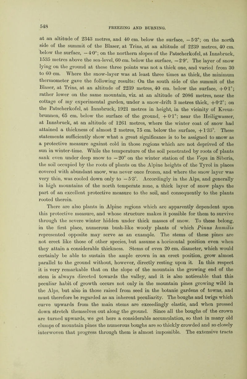 FREEZING AND BURNING. at an altitude of 2343 metres, and 40 cm. below the surface, — 5-3°; on the north side of the summit of the Blaser, at Trins, at an altitude of 2239 metres, 40 cm. below the surface, — 4 0°; on the northern slopes of the Patscherkofel, at Innsbruck, 1535 metres above the sea-level, 60 cm. below the surface, — 2'9°. The layer of snow 011 the ground at these three points was not a thick one, and varied from 30 to 60 cm. Where the snow-layer was at least three times as thick, the minimum thermometer gave the following results: On the south side of the summit of the Blaser, at Trins, at an altitude of 2239 metres, 40 cm. below the surface, +0T°; rather lower on the same mountain, viz. at an altitude of 2086 metres, near the cottage of my experimental garden, under a snow-drift 3 metres thick, -f 0-2°; on the Patscherkof el, at Innsbruck, 1921 metres in height, in the vicinity of Kreuz- brunnen, 65 cm. below the surface of the ground, +01°; near the Heiligwasser, at Innsbruck, at an altitude of 1261 metres, where the winter coat of snow had attained a thickness of almost 2 metres, 75 cm. below the surface, + T356. These statements sufficiently show what a great significance is to be assigned to snow as a protective measure against cold in those regions which are not deprived of the sun in winter-time. While the temperature of the soil penetrated by roots of plants sank even under deep snow to —20° on the winter station of the Vega in Siberia, the soil occupied by the roots of plants on the Alpine heights of the Tyrol in places covered with abundant snow, was never once frozen, and where the snow layer was very thin, was cooled down only to — 5 3°. Accordingly in the Alps, and generally in high mountains of the north temperate zone, a thick layer of snow plays the part of an excellent protective measure to the soil, and consequently to the plants rooted therein. There are also plants in Alpine regions which are apparently dependent upon this protective measure, and whose structure makes it possible for them to survive through the severe winter hidden under thick masses of snow. To these belong, in the first place, numerous bush-like woody plants of which Pinus humilis represented opposite may serve as an example. The stems of these pines are not erect like those of other species, but assume a horizontal position even when they attain a considerable thickness. Stems of even 20 cm. diameter, which would certainly be able to sustain the ample crown in an erect position, grow almost parallel to the ground without, however, directly resting upon it. In this respect it is very remarkable that on the slope of the mountain the growing end of the stem is always directed towards the valley, and it is also noticeable that this peculiar habit of growth occurs not only in the mountain pines growing wild in the Alps, but also in those raised from seed in the botanic gardens of towns, and must therefore be regarded as an inherent peculiarity. The boughs and twigs which curve upwards from the main stems are exceedingly elastic, and when pressed down stretch themselves out along the ground. Since all the boughs of the crown are turned upwards, we get here a considerable accumulation, so that in many old clumps of mountain pines the numerous boughs are so thickly crowded and so closely interwoven that progress through them is almost impossible. The extensive tracts