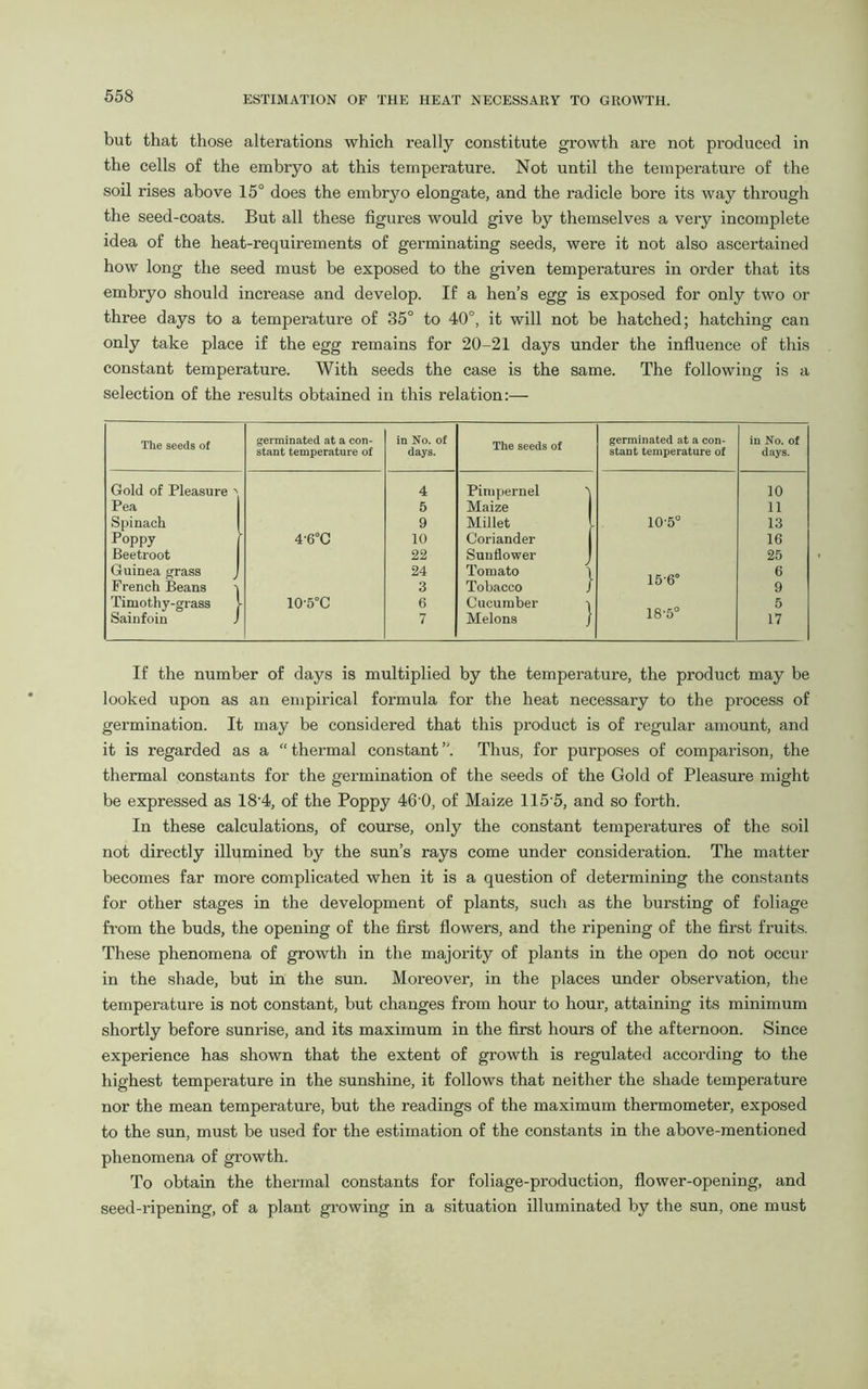 but that those alterations which really constitute growth are not produced in the cells of the embryo at this temperature. Not until the temperature of the soil rises above 15° does the embryo elongate, and the radicle bore its way through the seed-coats. But all these figures would give by themselves a very incomplete idea of the heat-requirements of germinating seeds, were it not also ascertained how long the seed must be exposed to the given temperatures in order that its embryo should increase and develop. If a hen’s egg is exposed for only two or three days to a temperature of 35° to 40°, it will not be hatched; hatching can only take place if the egg remains for 20-21 days under the influence of this constant temperature. With seeds the case is the same. The following is a selection of the results obtained in this relation:— The seeds of germinated at a con- stant temperature of in No. of days. The seeds of germinated at a con- stant temperature of in No. of days. Gold of Pleasure ' 4 Pimpernel 'j 10 Pea 5 Maize 11 Spinach 9 Millet L © dx o 13 Poppy 4‘6°C 10 Coriander 16 Beetroot 22 Sunflower 25 Guinea grass 24 Tomato \ 6 French Beans -i 3 Tobacco / 15’6 9 Timothy-grass - 10'5°C 6 Cucumber -> 5 Sainfoin J 7 Melons j 18‘5 17 If the number of days is multiplied by the temperature, the product may be looked upon as an empirical formula for the heat necessary to the process of germination. It may be considered that this product is of regular amount, and it is regarded as a “ thermal constant ”. Thus, for purposes of comparison, the thermal constants for the germination of the seeds of the Gold of Pleasure might be expressed as 18'4, of the Poppy 46 0, of Maize 1155, and so forth. In these calculations, of course, only the constant temperatures of the soil not directly illumined by the sun’s rays come under consideration. The matter becomes far more complicated when it is a question of determining the constants for other stages in the development of plants, such as the bursting of foliage from the buds, the opening of the first flowers, and the ripening of the first fruits. These phenomena of growth in the majority of plants in the open do not occur in the shade, but in the sun. Moreover, in the places under observation, the temperature is not constant, but changes from hour to hour, attaining its minimum shortly before sunrise, and its maximum in the first hours of the afternoon. Since experience has shown that the extent of growth is regulated according to the highest temperature in the sunshine, it follows that neither the shade temperature nor the mean temperature, but the readings of the maximum thermometer, exposed to the sun, must be used for the estimation of the constants in the above-mentioned phenomena of growth. To obtain the thermal constants for foliage-production, flower-opening, and seed-ripening, of a plant growing in a situation illuminated by the sun, one must