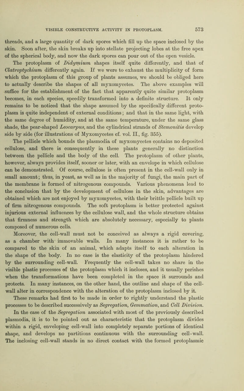 threads, and a large quantity of dark spores which fill up the space inclosed by the skin. Soon after, the skin breaks up into stellate projecting lobes at the free apex of the spherical body, and now the dark spores can pour out of the open vesicle. The protoplasm of Didymium shapes itself quite differently, and that of Clatroptychium differently again. If we were to exhaust the multiplicity of form which the protoplasm of this group of plants assumes, we should be obliged here to actually describe the shapes of all myxomycetes. The above examples will suffice for the establishment of the fact that apparently quite similar protoplasm becomes, in each species, speedily transformed into a definite structure. It only remains to be noticed that the shape assumed by the specifically different proto- plasm is quite independent of external conditions; and that in the same light, with the same degree of humidity, and at the same temperature, under the same glass shade, the pear-shaped Leocarpus, and the cylindrical strands of Stemonitis develop side by side (for illustrations of Myxomycetes cf. vol. II., fig. 355). The pellicle which bounds the plasmodia of myxomycetes contains no deposited cellulose, and there is consequently in these plants generally no distinction between the pellicle and the body of the cell. The protoplasm of other plants, however, always provides itself, sooner or later, with an envelope in which cellulose can be demonstrated. Of course, cellulose is often present in the cell-wall only in small amount; thus, in yeast, as well as in the majority of fungi, the main part of the membrane is formed of nitrogenous compounds. Various phenomena lead to the conclusion that by the development of cellulose in the skin, advantages are obtained which are not enjoyed by myxomycetes, with their brittle pellicle built up of firm nitrogenous compounds. The soft protoplasm is better protected against injurious external influences by the cellulose wall, and the whole structure obtains that firmness and strength which are absolutely necessary, especially to plants composed of numerous cells. Moreover, the cell-wall must not be conceived as always a rigid covering, as a chamber with' immovable walls. In many instances it is rather to be compared to the skin of an animal, which adapts itself to each alteration in the shape of the body. In no case is the elasticity of the protoplasm hindered by the surrounding cell-wall. Frequently the cell-wall takes no share in the visible plastic processes of the protoplasm which it incloses, and it usually perishes when the transformations have been completed in the space it surrounds and protects. In many instances, on the other hand, the outline and shape of the cell- wall alter in correspondence with the alteration of the protoplasm inclosed by it. These remarks had first to be made in order to rightly understand the plastic processes to be described successively as Segregation, Gemmation, and Cell Division. In the case of the Segregation associated with most of the previously described plasmodia, it is to be pointed out as characteristic that the protoplasm divides within a rigid, enveloping cell-wall into completely separate portions of identical shape, and develops no partitions continuous with the surrounding cell-wall. The inclosing cell-wall stands in no direct contact with the formed protoplasmic