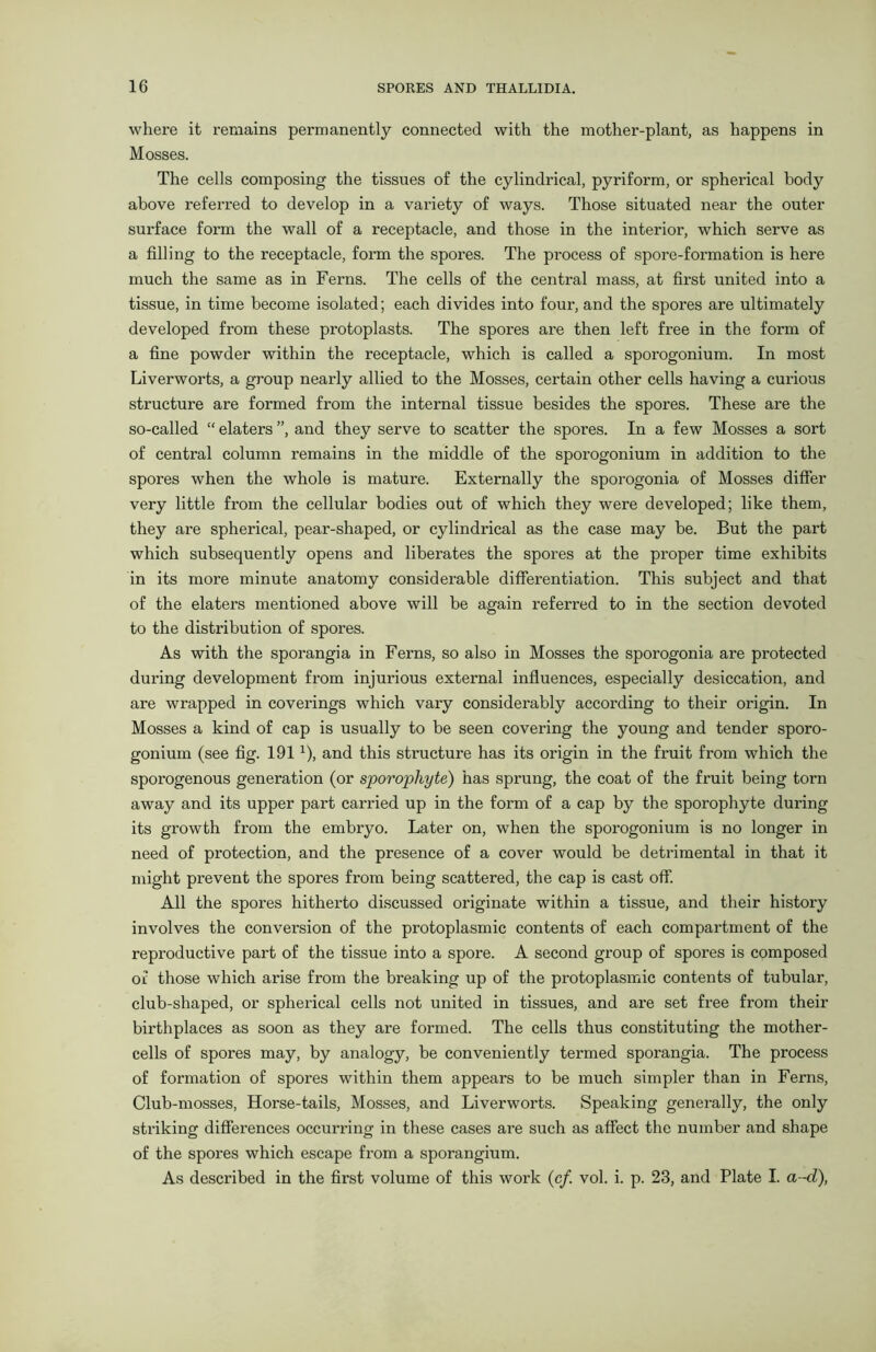 where it remains permanently connected with the mother-plant, as happens in Mosses. The cells composing the tissues of the cylindrical, pyriform, or spherical body above referred to develop in a variety of ways. Those situated near the outer surface form the wall of a receptacle, and those in the interior, which serve as a filling to the receptacle, form the spores. The process of spore-formation is here much the same as in Ferns. The cells of the central mass, at first united into a tissue, in time become isolated; each divides into four, and the spores are ultimately developed from these protoplasts. The spores are then left free in the form of a fine powder within the receptacle, which is called a sporogonium. In most Liverworts, a group nearly allied to the Mosses, certain other cells having a curious structure are formed from the internal tissue besides the spores. These are the so-called “ elaters ”, and they serve to scatter the spores. In a few Mosses a sort of central column remains in the middle of the sporogonium in addition to the spores when the whole is mature. Externally the sporogonia of Mosses differ very little from the cellular bodies out of which they were developed; like them, they are spherical, pear-shaped, or cylindrical as the case may be. But the part which subsequently opens and liberates the spores at the proper time exhibits in its more minute anatomy considerable differentiation. This subject and that of the elaters mentioned above will be again referred to in the section devoted to the distribution of spores. As with the sporangia in Ferns, so also in Mosses the sporogonia are protected during development from injurious external influences, especially desiccation, and are wrapped in coverings which vary considerably according to their origin. In Mosses a kind of cap is usually to be seen covering the young and tender sporo- gonium (see fig. 1911), and this structure has its origin in the fruit from which the sporogenous generation (or sporophyte) has sprung, the coat of the fruit being torn away and its upper part carried up in the form of a cap by the sporophyte during its growth from the embryo. Later on, when the sporogonium is no longer in need of protection, and the presence of a cover would be detrimental in that it might prevent the spores from being scattered, the cap is cast off. All the spores hitherto discussed originate within a tissue, and their history involves the conversion of the protoplasmic contents of each compartment of the reproductive part of the tissue into a spore. A second group of spores is composed of those which arise from the breaking up of the protoplasmic contents of tubular, club-shaped, or spherical cells not united in tissues, and are set free from their birthplaces as soon as they are formed. The cells thus constituting the mother- cells of spores may, by analogy, be conveniently termed sporangia. The process of formation of spores within them appears to be much simpler than in Ferns, Club-mosses, Horse-tails, Mosses, and Liverworts. Speaking generally, the only striking differences occurring in these cases are such as affect the number and shape of the spores which escape from a sporangium. As described in the first volume of this work (cf. vol. i. p. 23, and Plate I. a~d),