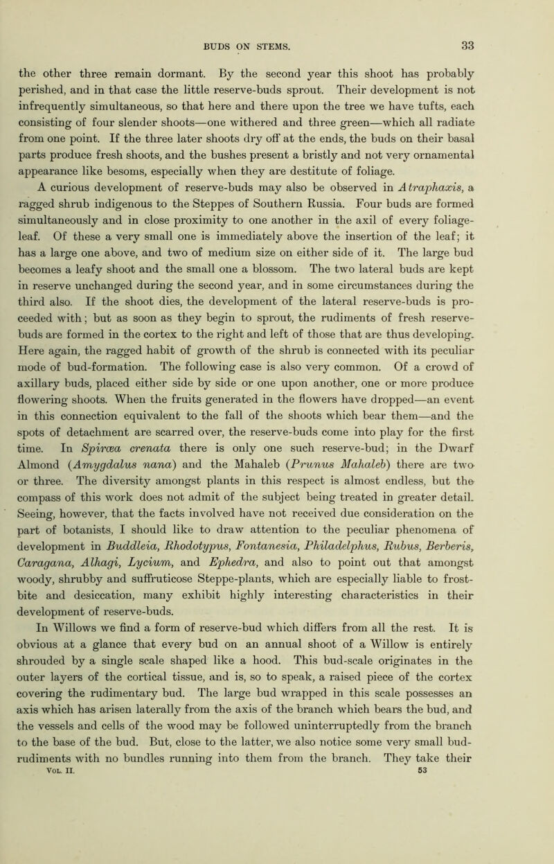 the other three remain dormant. By the second year this shoot has probably perished, and in that case the little reserve-buds sprout. Their development is not infrequently simultaneous, so that here and there upon the tree we have tufts, each consisting of four slender shoots—one withered and three green—which all radiate from one point. If the three later shoots dry off at the ends, the buds on their basal parts produce fresh shoots, and the bushes present a bristly and not very ornamental appearance like besoms, especially when they are destitute of foliage. A curious development of reserve-buds may also be observed in A traphaxis, a ragged shrub indigenous to the Steppes of Southern Russia. Four buds are formed simultaneously and in close proximity to one another in the axil of every foliage- leaf. Of these a very small one is immediately above the insertion of the leaf; it has a large one above, and two of medium size on either side of it. The large bud becomes a leafy shoot and the small one a blossom. The two lateral buds are kept in reserve unchanged during the second year, and in some circumstances during the third also. If the shoot dies, the development of the lateral reserve-buds is pro- ceeded with; but as soon as they begin to sprout, the rudiments of fresh reserve- buds are formed in the cortex to the right and left of those that are thus developing. Here again, the ragged habit of growth of the shrub is connected with its peculiar mode of bud-formation. The following case is also very common. Of a crowd of axillary buds, placed either side by side or one upon another, one or more produce flowering shoots. When the fruits generated in the flowers have dropped—an event in this connection equivalent to the fall of the shoots which bear them—and the spots of detachment are scarred over, the reserve-buds come into play for the first time. In Spiraea crenata there is only one such reserve-bud; in the Dwarf Almond (Amygdalus nana) and the Mahaleb (Prunus Mahaleb) there are two or three. The diversity amongst plants in this respect is almost endless, but the compass of this work does not admit of the subject being treated in greater detail. Seeing, however, that the facts involved have not received due consideration on the part of botanists, I should like to draw attention to the peculiar phenomena of development in Buddleia, Rhodotypus, Fontanesia, Philadelphus, Rubus, Berberis, Caragana, Alhagi, Lycium, and Ephedra, and also to point out that amongst woody, shrubby and suffruticose Steppe-plants, which are especially liable to frost- bite and desiccation, many exhibit highly interesting characteristics in their development of reserve-buds. In Willows we find a form of reserve-bud which differs from all the rest. It is obvious at a glance that every bud on an annual shoot of a Willow is entirely shrouded by a single scale shaped like a hood. This bud-scale originates in the outer layers of the cortical tissue, and is, so to speak, a raised piece of the cortex covering the rudimentary bud. The large bud wrapped in this scale possesses an axis which has arisen laterally from the axis of the branch which bears the bud, and the vessels and cells of the wood may be followed uninterruptedly from the branch to the base of the bud. But, close to the latter, we also notice some very small bud- rudiments with no bundles running into them from the branch. They take their Vol. II. 53