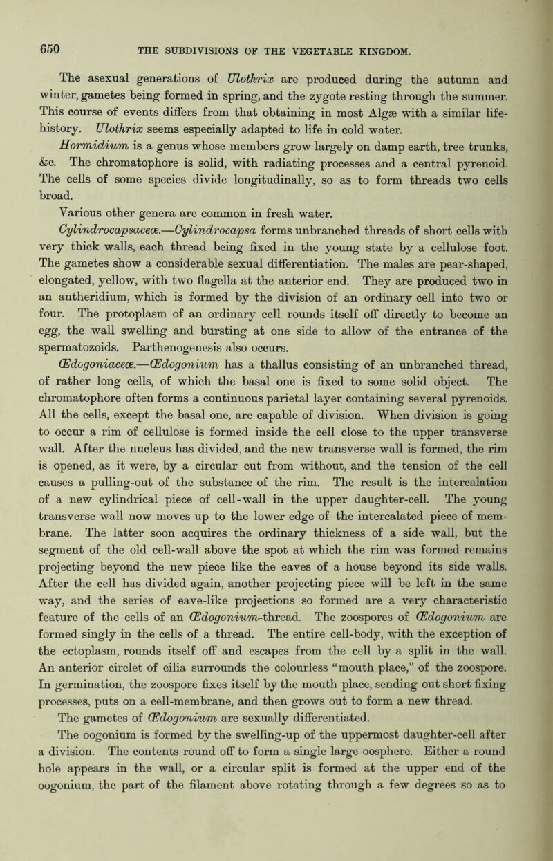 The asexual generations of Ulothrix are produced during the autumn and winter, gametes being formed in spring, and the zygote resting through the summer. This course of events differs from that obtaining in most Algae with a similar life- history. Ulothrix seems especially adapted to life in cold water. Hormidium, is a genus whose members grow largely on damp earth, tree trunks, &c. The chromatophore is solid, with radiating processes and a central pyrenoid. The cells of some species divide longitudinally, so as to form threads two cells broad. Various other genera are common in fresh water. Gylindrocapsacece.—Cylindrocapsa forms unbranched threads of short cells with very thick walls, each thread being fixed in the young state by a cellulose foot. The gametes show a considerable sexual differentiation. The males are pear-shaped, elongated, yellow, with two flagella at the anterior end. They are produced two in an antheridium, which is formed by the division of an ordinary cell into two or four. The protoplasm of an ordinary cell rounds itself off directly to become an egg, the wall swelling and bursting at one side to allow of the entrance of the spermatozoids. Parthenogenesis also occurs. CEdogoniacece.—(Edogonium has a thallus consisting of an unbranched thread, of rather long cells, of which the basal one is fixed to some solid object. The chromatophore often forms a continuous parietal layer containing several pyrenoids. All the cells, except the basal one, are capable of division. When division is going to occur a rim of cellulose is formed inside the cell close to the upper transverse wall. After the nucleus has divided, and the new transverse wall is formed, the rim is opened, as it were, by a circular cut from without, and the tension of the cell causes a pulling-out of the substance of the rim. The result is the intercalation of a new cylindrical piece of cell-wall in the upper daughter-cell. The young transverse wall now moves up to the lower edge of the intercalated piece of mem- brane. The latter soon acquires the ordinary thickness of a side wall, but the segment of the old cell-wall above the spot at which the rim was formed remains projecting beyond the new piece like the eaves of a house beyond its side walls. After the cell has divided again, another projecting piece will be left in the same way, and the series of eave-like projections so formed are a very characteristic feature of the cells of an (Edogonium-thvead. The zoospores of (Edogonium are formed singly in the cells of a thread. The entire cell-body, with the exception of the ectoplasm, rounds itself off and escapes from the cell by a split in the wall. An anterior circlet of cilia surrounds the colourless “mouth place,” of the zoospore. In germination, the zoospore fixes itself by the mouth place, sending out short fixing processes, puts on a cell-membrane, and then grows out to form a new thread. The gametes of (Edogonium are sexually differentiated. The oogonium is formed by the swelling-up of the uppermost daughter-cell after a division. The contents round off to form a single large oosphere. Either a round hole appears in the wall, or a circular split is formed at the upper end of the oogonium, the part of the filament above rotating through a few degrees so as to