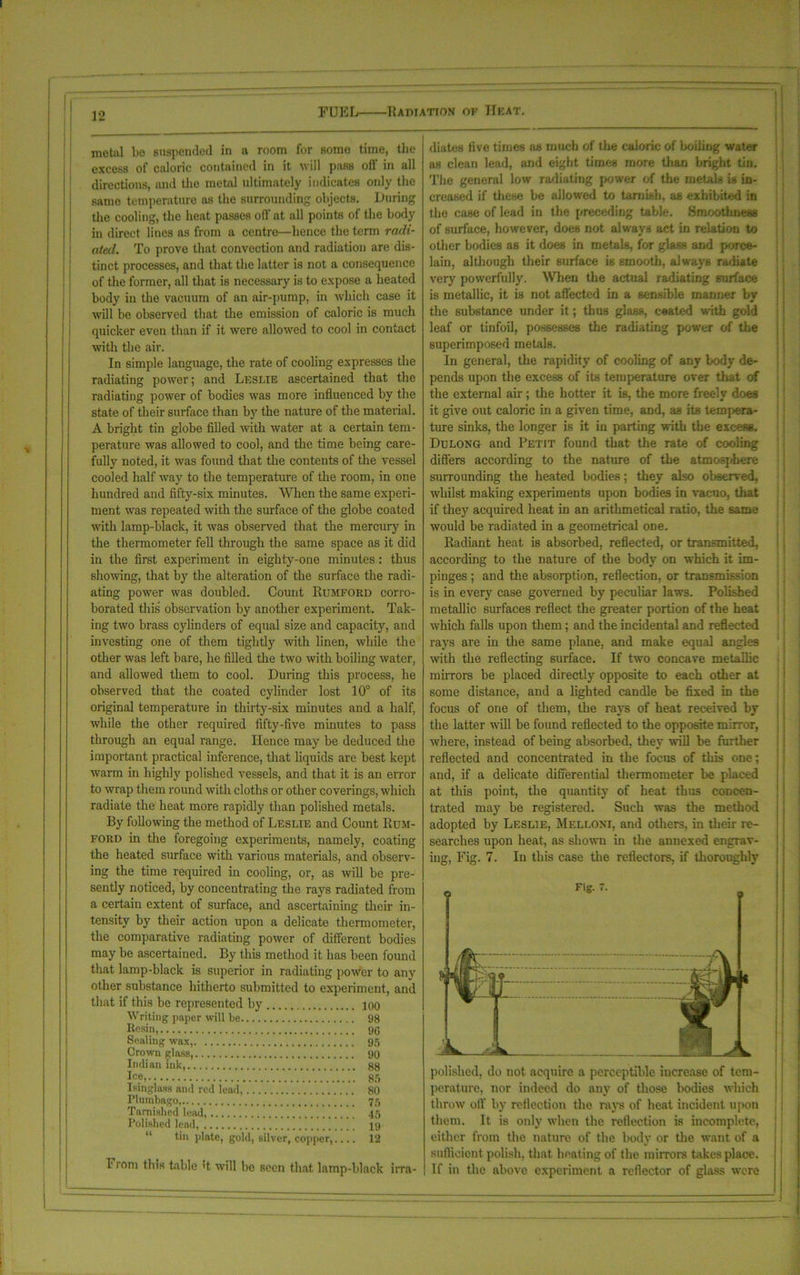 metal be suspended in a room for Romo time, the excess of calorie contained in it will pass oil' in all directions, and tho metal ultimately indicates only the same temperature as the surrounding objects. During the cooling, the heat passes oil’ at all points of the body in direct lines as from a centre—hence the term radi- ated. To prove that convection and radiation are dis- tinct processes, and that the latter is not a consequence of the former, all that is necessary is to expose a heated body in the vacuum of an air-pump, in which case it will be observed that the emission of caloric is much quicker even than if it were allowed to cool in contact with the air. In simple language, the rate of cooling expresses the radiating power; and Leslie ascertained that the radiating power of bodies was more influenced by the state of their surface than by the nature of the material. A bright tin globe filled with water at a certain tem- perature was allowed to cool, and the time being care- fully noted, it was found that the contents of the vessel cooled half way to the temperature of the room, in one hundred and fifty-six minutes. When the same experi- ment was repeated with the surface of the globe coated with lamp-black, it was observed that the mercury in the thermometer fell through the same space as it did in the first experiment in eighty-one minutes: thus showing, that by the alteration of the surface the radi- ating power was doubled. Count Rumford corro- borated this observation by another experiment. Tak- ing two brass cylinders of equal size and capacity, and investing one of them tightly with linen, while the other was left bare, he filled the two with boiling water, and allowed them to cool. During this process, he observed that the coated cylinder lost 10° of its original temperature in thirty-six minutes and a half, while the other required fifty-five minutes to pass through an equal range. Hence may be deduced the important practical inference, that liquids are best kept warm in highly polished vessels, and that it is an error to wrap them round with cloths or other coverings, which radiate the heat more rapidly than polished metals. By following the method of Leslie and Count Rum- ford in the foregoing experiments, namely, coating the heated surface with various materials, and observ- ing the time required in cooling, or, as will be pre- sently noticed, by concentrating the rays radiated from a certain extent of surface, and ascertaining their in- tensity by their action upon a delicate thermometer, the comparative radiating power of different bodies may be ascertained. By this method it has been found that lamp-black is superior in radiating power to any other substance hitherto submitted to experiment, and that if this be represented by joo Writing paper will be 98 Resin, 96 Sealing wax, 95 Crown glass, 90 Indian ink, 88 Ice, 85 Isinglass and red lead, 80 Plumbago, 75 Tarnished lead, 45 Polished lead, 19 “ tin plate, gold, silver, copper,.... 12 From this table it will be seen that lamp-black irra- diates five times as much of the caloric of boiling water as clean lead, and eight times more than bright tin. The genera] low radiating power of the metals is in- creased if these be allowed to tarnish, as exhibited in the case of lead in the preceding table. Smoothness of surface, however, does not always act in relation to other bodies as it does in metals, for glass and porce- lain, although their surface is smooth, always radiate very powerfully. When the actual radiating surface is metallic, it is not affected in a sensible manner by the substance under it; thus glass, coated with gold leaf or tinfoil, possesses the radiating power of the superimposed metals. In general, the rapidity of cooling of any body de- pends upon the excess of its temperature over that of the external air; the hotter it is, the more freely does it give out caloric in a given time, and, as its tempera- ture sinks, the longer is it in parting with the excess. Du long and Petit found that the rate of cooling differs according to the nature of the atmosphere surrounding the heated bodies; they also observed, whilst making experiments upon bodies in vacuo, that if they acquired heat in an arithmetical ratio, the same would be radiated in a geometrical one. Radiant heat is absorbed, reflected, or transmitted, according to the nature of the body on which it im- pinges ; and the absorption, reflection, or transmission is in every case governed by peculiar laws. Polished metallic surfaces reflect the greater portion of the heat which falls upon them; and the incidental and reflected rays are in the same plane, and make equal angles with the reflecting surface. If two concave metallic mirrors be placed directly opposite to each other at some distance, and a lighted candle be fixed in the focus of one of them, the rays of heat received by the latter will be found reflected to the opposite mirror, where, instead of being absorbed, they will be further reflected and concentrated in the focus of this one; and, if a delicate differential thermometer be placed at this point, the quantity of heat thus concen- trated may be registered. Such was the method adopted by Leslie, Melloni, and others, in tbeir re- searches upon heat, as shown in the annexed engrav- ing, Fig. 7. In this case the reflectors, if thoroughly polished, do not acquire a perceptible increase of tem- perature, nor indeed do any of those bodies which throw off by reflection the rays of heat incident upon them. It is only when the reflection is incomplete, either from the nature of the body or the want of a sufficient polish, that heating of the mirrors takes place. If in the above experiment a reflector of glass were