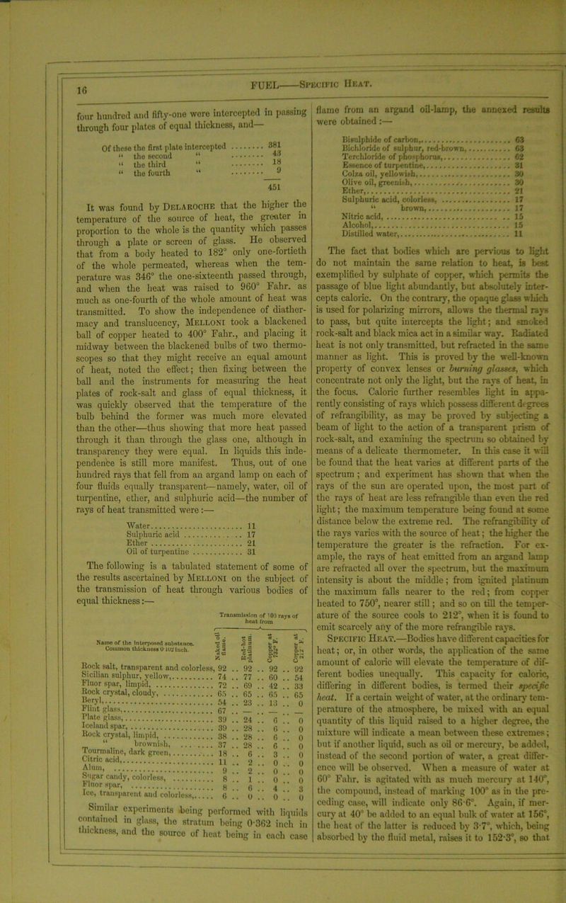 FUEL Specific Heat. t four hundred and fifty-one were intercepted in passing through four plates of equal thickness, and flame from an argand oil-lamp, the annexed results were obtained:— Of these the first plate intercepted “ the second “ “ the third “ “ the fourth “ 381 43 18 9 451 It was found by Delaroche that the higher the temperature of the source of heat, the greater in proportion to the whole is the quantity which passes through a plate or screen of glass. He observed that from a body heated to 182° only one-fortieth of the whole permeated, whereas when the tem- perature was 346° the one-sixteenth passed through, and when the heat was raised to 960° I ahr. as much as one-fourth of the whole amount of heat was transmitted. To show the independence of diather- macy and translucency, Melloni took a blackened ball of copper heated to 400° Fahr., and placing it midway between the blackened bulbs of two thermo- scopes so that they might receive an equal amount of heat, noted the effect; then fixing between the ball and the instruments for measuring the heat plates of rock-salt and glass of equal thickness, it was quickly observed that the temperature of the bulb behind the former was much more elevated than the other—thus showing that more heat passed through it than through the glass one, although in transparency they were equal. In liquids this inde- pendenbe is still more manifest. Thus, out of one hundred rays that fell from an argand lamp on each of four fluids equally transparent,-—namely, water, oil of turpentine, ether, and sulphuric acid—the number of rays of heat transmitted were:— Water 11 Sulphuric acid . .. 17 Ether 21 Oil of turpentine 31 The following is a tabulated statement of some of the results ascertained by Melloni on the subject of the transmission of heat through various bodies of equal thickness:— Transmission of 100 rays of heat from 'o • ■*» g as . Name of the interposed substance. 'gs .2 =* Common thickness 01U2 inch. .*2 -e -2 e.?» S.U a « a 9 - / ~ — O C N 0,00 Rock salt, transparent and colorless, 92 .. 92 .. 92 .. 92 Sicilian sulphur, yellow, 74 .. 77 .. 60 .. 54 Fluor spar, limpid, 72 .. 69 !. 42 ” 33 Rock crystal, cloudy, 65 .. 65 .. 65 .. 65 “f.O’h- 54 .. 23 .. 13 .. 0 r lint glass, 67 # Plate glass, 39 1‘. 24  6 0 Iceland spar 39 .. 28 .. 6 .. 0 Rock crystal, limpid, 38 .. 28 .. 6 .. 0 “ brownish, 37 .. 28 .! 6 !! 0 Tourmaline, dark green, 18 .. 6 3 0 9«tnc^id .. 2.; 0:: o Alum, g _ _ 2 0 0 Sugar candy, colorless, ’ ’ s’’ 1 0 0 flnoaPar 8  6. 4;; 3 lee, transparent and colorless, 6.. O.. 0 0 Similar experiments being performed with liquids contained in glass, the stratum being 0'362 inch in thickness, and the source of heat being in each case Bisulphide of carbon, 63 Bichloride of sulphur, red-brown, 63 Tcrchloride of phosphorite, 62 Essence of turpentine, 31 Colza oil, yellowish, 30 Olive oil, greenish, 30 Ether, 21 Sulphuric acid, colorless, 17 “ brown, 17 Nitric acid, 15 Alcohol, 15 Distilled water, 11 The fact that bodies which are pervious to light do not maintain the same relation to heat, is beet exemplified by sulphate of copper, which permits the passage of blue light abundantly, but absolutely inter- cepts caloric. On the contrary, the opaque glass which is used for polarizing mirrors, allows the thermal rays to pass, but quite intercepts the light; and smoked rock-salt and black mica act in a similar way. Badiated heat is not only transmitted, hut refracted in the same manner as light. This is proved by the well-known property of convex lenses or burning glasses, which concentrate not only the light, but the rays of heat, in the focus. Caloric further resembles light in appa- rently consisting of rays which possess different d< grees of refrangibility, as may be proved by subjecting a beam of light to the action of a transparent prism of rock-salt, and examining the spectrum so obtained I*y means of a delicate thermometer. In this case it will be found that the heat varies at different parts of the spectrum ; and experiment has shown that when the rays of the sun are operated upon, the most part of the rays of heat are less refrangible than even the red light; the maximum temperature being found at some distance below the extreme red. The refrangibility of the rays varies with the source of heat; the higher the temperature the greater is the refraction. For ex- ample, the rays of heat emitted from an argand lamp are refracted all over the spectrum, but the maximum intensity is about the middle; from ignited platinum the maximum falls nearer to the red; from copper heated to 750°, nearer still; and so on till the temper- ature of the source cools to 212°. when it is found to emit scarcely any of the more refrangible rays. Specific Heat.—Bodies have different capacities for heat; or, in other words, the application of the same amount of caloric will elevate the temperature of dif- ferent bodies unequally. This capacity for caloric, differing in different bodies, is termed their specific heat. If a certain weight of water, at the ordinary tem- perature of the atmosphere, be mixed with an equal quantity of this liquid raised to a higher degree, the mixture will indicate a mean between these extremes; but if another liquid, such as oil or mercury, be added, instead of the second portion of water, a great differ- ence will be observed. When a measure of water at 60° Fahr. is agitated with as much mercury at 140°, the compound, instead of marking 100° as in the pre- ceding case, will indicate only 86 6°. Again, if mer- cury at 40° be added to an equal hulk of water at 156°, the heat of the latter is reduced by 3-7°, which, being absorbed by the fluid metal, raises it to 152‘3°, so that