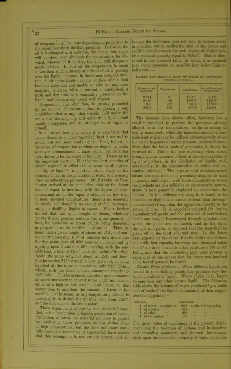 oq fuel Elastic Force ok Steam. of evaporation will be, cceteris paribus, in proportion to tho superficies which tho fluid presents. But when the air is surcharged with moisture, the change into vapor will be slow, even although tho temperature bo ele- vated, whereas, if it be dry, the fluid will disappear much quicker. In still air tiro evaporation is much slower than when a breeze or current of air is passing over the liquid ; because, in the former case, the stra- tum of air immediately over the surface of tho fluid becomes saturated and unable to take up any more moisture, whereas, when a current is established, a fresh and dry stratum is constantly presented to the liquid, and passes away loaded with vapour. Evaporation, like ebullition, is greatly promoted by the removal of pressure; thus, by placing a cup containing ether or any other volatile fluid under the receiver of the air-pump and exhausting it, the fluid rapidly disappears, and an atmosphere of vapor is formed. In all cases, however, where it is expedient that liquids should be quickly vaporized, heat is resorted to as the best and most ready agent. Heat, indeed, is the cause of evaporation at whatever degree or under whatever circumstances it takes place, just as it has been shown to be the cause of liquidity. Hence arises the important question, What is the least quantity of caloric required to effect the evaporation of a given quantity of liquid ?—a question which bears on the economy of fuel in the generation of steam, and in many other manufacturing processes. Mr. Sharpe, of Man- chester, arrived at the conclusion, that as the latent heat of vapor is increased with its degree of rare- faction, and as subtler vapor is obtained at low than at more elevated temperatures, there is no economy of caloric, and therefore no saving of fuel by evapo- rating or distilling liquids in vacuo. Watt further showed that the same weight of steam, whatever density it may possess, contains the same quantity of heat, its insensible or latent caloric being increased in proportion as its sensible is absorbed. Thus he found that a given weight of steam at 212°, and con- sequently possessing 180° of sensible heat above the freezing point, gave off 950° more when condensed by injecting upon it water at 32°, making, with the sen- sible heat, a total of 1130° above the point of freezing. Again, the same weight of steam at 250°, and there- fore possessing 218° of sensible heat, gave out, on beiug liquefied at the same temperature, only 912° Fahr., which, with the sensible heat, amounted exactly to 1130° also. This he assumed, therefore, as the amount of caloric necessary to convert water at 32° into steam, either of a high or low tension; and hence, on this assumption, to ascertain the amount of latent or in- sensible heat in steam, at any temperature, all that is necessary is to deduct the sensible heat from 1130°, and the difference is the latent caloric. These experiments appear to lead to the inference that, in the evaporation of liquids, generation of steam, distillation, ct cetera, no material economy is gained by conducting those processes at low rather than at high temperatures; but the later and more care- fully conducted researches of Reonault have shown that this assumption is not strictly correct, and al- though die difference does not lead to serious errors in practice, yet in reality die sum of die latent and sensible heat increases for each degree of Fahrenheit, by a constant quantity equal to 0'305\ This is illus- trated in tho annexed table, in which it is assumed that steam possesses no sensible heat below Fahren- heit’s zero:— LATENT AND SENSIBLE HEAT OP STEAM AT DIEH.iU.NT TKMI'EBAT UBES :— Pressure in ftt- moaphere*. Temperature. ; t heat. | fc uto of latfict trad j teotible heat. 0-044 0° j 1114° 1114° 0-180 32 1091-7 1123-7 1-000 212 966-6 1178*6 8-000 339 877-3 1210-8 The increase here shown offers, however, but a small inducement to perform the processes already alluded to at low temperatures—so far as saving of fuel is concerned; while the increased amount of sen- sible heat which may be utilized advantageously when the steam is generated under pressure, renders it expe- dient that the latter mode of generating it should be resorted to. This is the case especially when steam is employed as a source of heat in the carbonization of ligneous matters, in the distillation of liquids, and, occasionally, in the concentration of saline and ex- tractive solutions. The large amount of caloric which steam possesses renders it peculiarly adapted to such purposes; and hence, in all those manufactures where the products are of a salifiable or an extractive nature, steam is now generally employed to concentrate the liquors. In the culinary art, also, it is found to be much more eligible as a source of heat than the com- mon method of exposing the apparatus directly to the action of fire. It is especially adapted for drying manufactured goods and for purposes of ventilation; in the one case, it is conveyed through cylinders over which the goods are conducted, and in the other through iron pipes, so disposed that the heat shall be given off in the most effectual way. In the latter case, experience has shown that the boiler should have one cubic foot capacity for even- two thousand cubic feet of air to be heated to a temperature of 70° or 80° Fahr., and that the conducting pipe must present a superficies of one square foot for every7 two hundred cubic feet of space to be heated. Elastic Force of Steam.—When different liquids are heated to their boiling points, they produce very- un- equal quantities of vapor. Water yields it in larger volume than any other known liquid. The following table shows the volume of vapor produced by a cubic inch of each of the liquids enumerated at their respec- tive boiling points:— Cubic Inch. Cubic inches. 1 of water expands to 1696 at the boiling point. 1 of alcohol “ 628 “ “ “ 1 of ether “ 298 “ “ 1 of turpentine “ 193 “ “ “ The great value of machinery7 at the present day in developing the resources of nations, and in fostering and extending commerce and internal intercourse, turns upon the expansive property of water under the