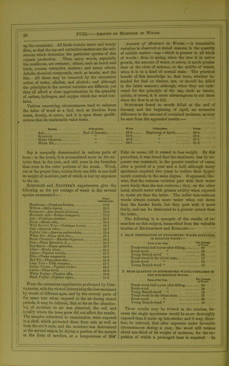 FUEL Amount op Moisture in Woods. up the remainder. All kinds contain water and woody fibre, so that the sap and extractive matters are the sub- stances which determine the particular species of this organic production. Thus, many woods, especially the coniferous, are resinous; others, such as beech and birch, contain extractive matters; and many others, definite chemical compounds, such as tannin, and the like. All these may be removed by the successive action of water, alkalies, and alcohol; and although the principles in the several varieties are different, yet they all afford a close approximation in the quantity of carbon, hydrogen, and oxygen which the wood con- tains. Various concurring circumstances tend to enhance the value of wood as a fuel, such as freedom from water, density, et cetera, and it is upon these qualifi- cations that its marketable value turns. Sap is unequally disseminated in various parts of trees : in the trunk, it is accumulated more in the ex- terior than in the core, and still more in the branches than even in the outer portions of the trunk. Wood, cut at the proper time, retains from one-fifth to one-half its weight of moisture, part of which is lost by exposure to the air. Schubler and Neuffer’s experiments give the following as the per centage of water in the several species enumerated:— Water Centesimally. Hornbeam—Carpinus betidus, 18-6 Willow—Salix caprea, 26-0 Sycamore—Acer pseiulo-platanus 27-0 Mountain Ash—Sorbus aucuparia, 2S'3 Ash—Frasinus excelsior, 28-7 Birch—Betula alba, 308 Wild Service Tree—Cratcegus tormin, 32-3 Oak—Quercus robur, 34-7 Pedicle Oak— Quercus pedunculate, 35-4 White Fir—Finns abies dur., 37-1 Horse Chestnut—JSsculus hippocast 38-2 Pine—Pinm Sylvestris L., 39-7 lied Beech—Fagus sylvatica, 39-7 Alder—Betula alnus 41-(j Aspen—Popidus trenula 43-7 Elm—Ulmus campestris 44-5 lied Fir—Pinus picea dur., 45-2 Lime Tree—Tilia europcca, 47-4 Italian Poplar—Popidus italica, 48-2 Larch—Pinus larix, 48-6 White Poplar—Popidus alba 506 Black Poplar—Popidus nigra, 51-8 From the numerous experiments performed by Che- vandier, with the view of determining the loss sustained by woods of different ages, and by the several parts of the same tree when exposed to the air during stated periods, it may be inferred, that so far as the abandon- ing of moisture to air was observed, the soil and locality where the trees grew did not affect the results. I be samples submitted to examination were exposed in a shed, which protected them from rain as well as from the sun’s rays, and the moisture was determined at (lie several stages, by drying a portion of the sample in the form of sawdust, at a temperature of 284° Amount of Moisture in Woods. — A remarkable variation is observed at stated seasons, in the quantity of soluble matter—sap—which is present in all kinds of woods: thus, in spring, when the tree is in active growth, the amount of water, et cetera, is much greater than at the close of autumn, or the middle of winter, when it is in a kind of normal state. The practical benefit of this knowledge is, that trees, whether in- tended for fuel or timber, are, or should be, felled in the latter seasons; although, when they are culti- vated for the principle of the sap, such as tannin, quinin, et cetera, it is more advantageous to cut them when the flow is at its full. Schubler found in woods felled at the end of January and the beginning of April, an extensive difference in the amount of contained moisture, as may be seen from the appended results:— W.lr* 38-6 40-3 47-1 61-0 Fahr. in vacuo, till it ceased to lose weight. By this procedure, it was found that the maximum loss by ex- posure was sustained, in the greater number of cases, after a period of a year and a half, although many specimens required two years to reduce their hygro- metric contents in the same degree. It appeared, like- wise, that the resinous varieties part with their water more freely than the non-resinous ; they, on the other hand, absorb water with greater avidity when exposed to moist air than the latter. The softer non-resinous woods always contain more water when cut down than the harder kinds, but they part with it more freely, and can be desiccated to a greater extent than the latter. The following is a synopsis of the results of re- searches on this subject, transcribed from the valuable treatise of Richardson and Ronalds :— 1. MEAN TEMPERATURE OP nYGROMETRIC WATER CONTAINED IN RESINOUS WOODS :— Parts of tho Tree. r of W a ter. Trunk-wood half a-year after felling, 29 Brush-wood “ 32 Young Branch-wood “ 38 Trunk-wood in the driest state, 15 Brush-wood “ 15 Young Branch-wood “ 15 2. MEAN QUANTITY OF IIYOROMETRIC WATER CONTAINED IN THE NON-RESINOUS WOODS. Pert* of tho Tree. Trunk-wood half a-year after felling. Brush-wood “ Young Branch-wood “ Trunk-wood in the driest state, .... Brush-wood “ .... Young Branch-wood “ .... These results may he viewed as the minima, be- cause the single specimens would be more thoroughly exposed than it made up into stacks; and it may, there- fore, be inferred, that after exposure under favorable circumstances during a year, the wood still retains about one-third of its weight of moisture, for the ex- pulsion of which a prolonged heat is required. In Species. Ash Sycamore Horse Chestnut, White Fir, Felling time. Water. Felling time. End of January, 28-8 Beginning of April,. “ 33-6...... “ “ 40-2 “ “ 52-7 “ Per Centage of Water. ..26 ..34 ...36 .. 17 .. 20 ..19