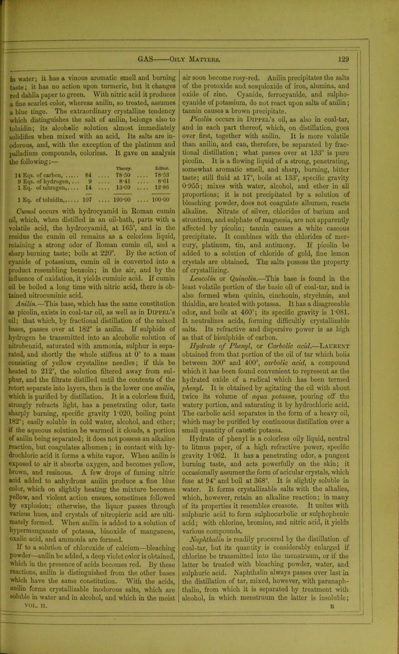 in water; it has a vinous aromatic smell and burning taste; it has no action upon turmeric, but it changes red dahlia paper to green. With nitric acid it produces a fine scarlet color, whereas anilin, so treated, assumes a blue tinge. The extraordinary crystalline tendency which distinguishes the salt of anilin, belongs also to toluidin; its alcoholic solution almost immediately solidifies when mixed with an acid. Its salts are in- odorous, and, with the exception of the platinum and palladium compounds, colorless. It gave on analysis the following:— The 017. Editor. 14 Eqs. of carbon, 84 78-50 78-53 9 Eqs. of hydrogen,... 9 .... 8-4L .... 8-61 1 Eq. of nitrogen,.... 14 .... 13-09 ..... 12-86 1 Eq. of toluidin, 107 100-00 100-00 Cumol occurs with hydrocyamid in Roman cumin oil, which, when distilled in an oil-bath, parts with a volatile acid, the hydrocyamid, at 165°, and in the residue the cumin oil remains as a colorless liquid, retaining a strong odor of Roman cumin oil, and a sharp burning taste; boils at 220°. By the action of cyanide of potassium, cumin oil is converted into a product resembling benzoin; in the air, and by the influence of oxidation, it yields cuminic acid. If cumin oil be boiled a long time with nitric acid, there is ob- tained nitrocuminic acid. Anilin.—This base, which has the same constitution as picolin, exists in coal-tar oil, as well as in Dippel’s oil; that which, by fractional distillation of the mixed bases, passes over at 182° is anilin. If sulphide of hydrogen be transmitted into an alcoholic solution of nitrobenzid, saturated with ammonia, sulphur is sepa- rated, and shortly the whole stiffens at 03 to a mass consisting of yellow crystalline needles; if this be heated to 212°, the solution filtered away from sul- phur, and the filtrate distilled until the contents of the retort separate into layers, then is the lower one anilin, which is purified by distillation. It is a colorless fluid, strongly refracts light, has a penetrating odor, taste sharply burning, specific gravity 1-020, boiling point 182’; easily soluble in cold water, alcohol, and ether; if the aqueous solution be warmed it clouds, a portion of anilin being separated; it does not possess an alkaline reaction, but coagulates albumen; in contact with hy- drochloric acid it forms a white vapor. When anilin is exposed to air it absorbs oxygen, and becomes yellow, brown, and resinous. A few drops of fuming nitric acid added to anhydrous anilin produce a fine blue color, which on slightly heating the mixture becomes yellow, and violent action ensues, sometimes followed by explosion; otherwise, the liquor passes through various hues, and crystals of nitropicric acid are ulti- mately formed. When anilin is added to a solution of hypermanganate of potassa, binoxide of manganese, oxalic acid, and ammonia are formed. If to a solution of chloroxide of calcium—bleaching powder—anilin be added, a deep violet color is obtained, which in the presence of acids becomes red. By these reactions, anilin is distinguished from the other bases which have the same constitution. With the acids, anilin forms crystallizable inodorous salts, which are soluble in water and in alcohol, and which in the moist VOL. TI. air soon become rosy-red. Anilin precipitates the salts of the protoxide and sesquioxide of iron, alumina, and oxide of zinc. Cyanide, ferrocyanide, and sulpho- cyauide of potassium, do not react upon salts of anilin; tannin causes a brown precipitate. Picolin occurs in Dippel’s oil, as also in coal-tar, and in each part thereof, which, on distillation, goes over first, together with anilin. It is more volatile than anilin, and can, therefore, be separated by frac- tional distillation; what passes over at 133° is pure picolin. It is a flowing liquid of a strong, penetrating, somewhat aromatic smell, and sharp, burning, bitter taste; still fluid at 17°, boils at 133°, specific gravity 0-955; mixes with water, alcohol, and ether in all proportions; it is not precipitated by a solution of bleaching powder, does not coagulate albumen, reacts alkaline. Nitrate of silver, chlorides of baiium and strontium, and sulphate of magnesia, are not apparently affected by picolin; tannin causes a white caseous precipitate. It combines with the chlorides of mer- cury, platinum, tin, and antimony. If picolin be added to a solution of chloride of gold, fine lemon crystals are obtained. The salts possess the property of crystallizing. Leucolin or Quinolin.—This base is found in the least volatile portion of the basic oil of coal-tar, and is also formed when quinin, cinchonin, strychnin, and thialdin, are heated with potassa. It has a disagreeable odor, and boils at 460°; its specific gravity is 1-081. It neutralizes acids, forming diflicultly crystallizable salts. Its refractive and dispersive power is as high as that of bisulphide of carbon. Hydrate of Phenyl, or Carbolic acid.—Laurent obtained from that portion of the oil of tar which boiis between 300° and 400°, carbolic acid, a compound which it has been found convenient to represent as the hydrated oxide of a radical which has been termed phenyl. It is obtained by agitating the oil with about twice its volume of aqua potassce, pouring off the watery portion, and saturating it by hydrochloric acid. The carbolic acid separates in the form of a heavy oil, which may be purified by continuous distillation over a small quantity of caustic potassa. Hydrate of phenyl is a colorless oily liquid, neutral to litmus paper, of a high refractive power, specific gravity 1-062. It has a penetrating odor, a pungent burning taste, and acts powerfully on the skin; it occasionally assumes the form of acicular crystals, which fuse at 94° and boil at 368°. It is slightly soluble in water. It forms crystallizable salts with the alkalies, which, however, retain an alkaline reaction; in many of its properties it resembles creasote. It unites with sulphuric acid to form sulphocarbolic or sulphoplienic acid; with chlorine, bromine, and nitric acid, it yields various compounds. Naphthalin is readily procured by the distillation of coal-tar, but its quantity is considerably enlarged if chlorine be transmitted into the menstruum, or if the latter be treated with bleaching powder, water, and sulphuric acid. Naphthalin always passes over last in the distillation of tar, mixed, however, with paranaph- thalin, from which it is separated by treatment with alcohol, in which menstruum the latter is insoluble; n