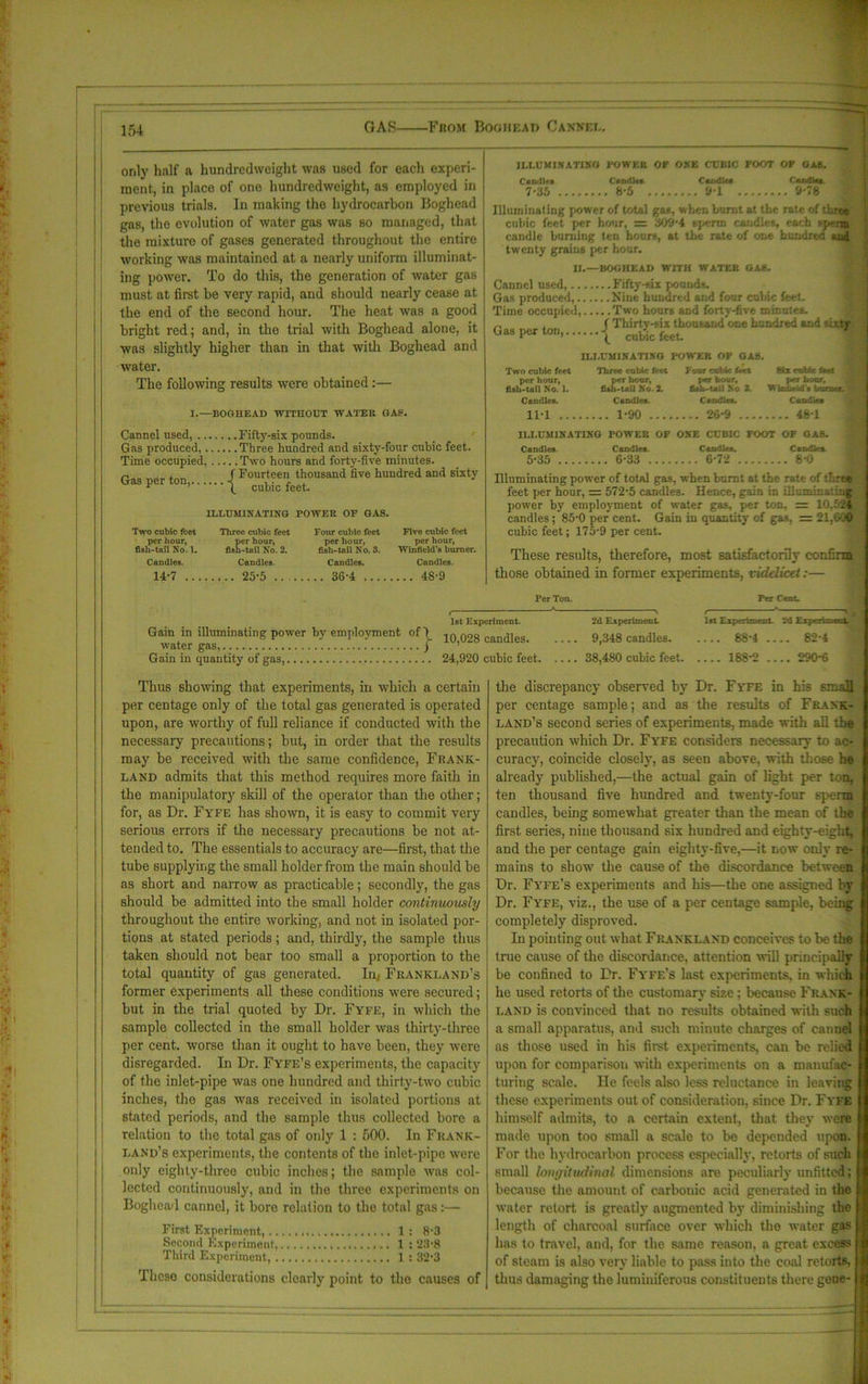 only half a hundredweight was used for each experi- ment, in place of one hundredweight, as employed in previous trials. In making the hydrocarbon Boghead gas, the evolution of water gas was so managed, that the mixture of gases generated throughout the entire working was maintained at a nearly uniform illuminat- ing power. To do this, the generation of water gas must at first be very rapid, and should nearly cease at the end of the second hour. The heat was a good bright red; and, in the trial with Boghead alone, it was slightly higher than in that with Boghead and water. The following results were obtained:— I.—BOGHEAD WITHOUT WATER GAS. Cannel used, Fifty-six pounds. Gas produced, Three hundred and sixty-four cubic feet. Time occupied, Two hours and forty-five minutes. n „ . f Fourteen thousand five hundred and sixty Gas Per ton’ 1 cubic feet. ILLUMINATING POWER OF GAS. Two cubic feet per hour, fish-tail No. 1. Candles. 14-7 .. Three cubic feet per hour, fish-tail No. 2. Candles. ... 25-5 .. Four cubic feet per hour, fish-tail No. 3. Candles. .. 36-4 ... Five cubic feet per hour, Winfield’s burner. Candles. ... 48-9 ILLUMINATING I'OWEB OF ONE CUBIC FOOT OK GAS. Candlr'* 7-35 . C Mid It* . 8*5 . Candle* . 9*1 Candle*. . 9-78 Illuminating power of total gas, when burnt at the rate of three cubic feet pc-r hour, = 309-4 tpertn candles, each sp candle burning ten hours, at the rate of one hundred twenty grains per hour. II.—BOGHEAD WITH W ATER GAS. Cannel used, Fifty-six pounds. Gas produced, Niue hundred and four cubic feet. Time occupied, Two hours and forty-five minutes. „ , ( Thirty-six thousand one hundred and sixty GasPerton< { cubic feet. ^ Two cubic feet per hour, fish-tail No. 1. Candles. 11*1 ILLUMINATING POWER OF GAS. Three cubic feet Four cubic foet per hour. per hour, fish-tail No. 2. ILLUMINATING POWER OF ONE CUBIC FOOT OF GAE. Candles. Candles. Candle*. Candle*. 5-35 6-33 6-72 Six CTiWt feel per hoar, WlaMdti burner. Candle. Illuminating power of total gas, when burnt at the rate of three feet per hour, = 572-5 candles. Hence, gain in Oluminatiug power by employment of water gas, per ton, = 10,524 candles; 85-0 per cent. Gain in quantity of gas, = 21,0-«0 cubic feet; 175-9 per cent. These results, therefore, most satisfactorily confirm those obtained in former experiments, videlicet:— Per Ton. Per Cent. < ^ r > « 1st Experiment. 2d Experiment. 1st Experiment. 2d Experiment. Gain in illuminating power by employment of) 10 028 candies 9,348 candles 88-4.... 82-4 Gain in quantity of gas, 24,920 cubic feet 38,480 cubic feet 188-2 —. 290-6 Thus showing that experiments, in which a certain per centage only of the total gas generated is operated upon, are worthy of full reliance if conducted with the necessary precautions; but, in order that the results may he received with the same confidence, Frank- land admits that this method requires more faith in the manipulatory skill of the operator than the other; for, as Dr. Fyfe has shown, it is easy to commit very serious errors if the necessary precautions he not at- tended to. The essentials to accuracy are—first, that the tube supplying the small holder from the main should be as short and narrow as practicable; secondly, the gas should be admitted into the small holder continuously throughout the entire working, and not in isolated por- tions at stated periods; and, thirdly, the sample thus taken should not bear too small a proportion to the total quantity of gas generated. In, FrANKLANd’s former experiments all these conditions were secured; hut in the trial quoted by Dr. Fyfe, in which the sample collected in the small holder was thirty-three per cent, worse than it ought to have been, they were disregarded. In Dr. Fyfe’s experiments, the capacity of the inlet-pipe was one hundred and thirty-two cubic inches, the gas was received in isolated portions at stated periods, and the sample thus collected bore a relation to the total gas of only 1 : 500. In Frank- land’s experiments, the contents of the inlet-pipe were only eighty-three cubic inches; the sample was col- lected continuously, and in the three experiments on Boghead cannel, it bore relation to the total gas :— First Experiment, 1 : 8-3 Second Experiment, 1 ; 23-8 Third Experiment, 1 : 32-3 These considerations clearly point to the causes of the discrepancy observed by Dr. Fyfe in his small per centage sample; and as the results of Frank- land’s second series of experiments, made with all the precaution which Dr. Fyfe considers necessary to ac- curacy, coincide closely, as seen above, with those he already published,—the actual gain of light per ten. ten thousand five hundred and twenty-four sperm candles, being somewhat greater than the mean of the first series, nine thousand six hundred and eighty-eight, and the per centage gain eighty-five,—it now only re- mains to show the cause of the discordance between Dr. Fyfe’s experiments and his—the one assigned by Dr. Fyfe, viz., the use of a per centage sample, being completely disproved. In pointing out what Feanklaxd conceives to he the true cause of the discordance, attention will principally he confined to Dr. Fyfe’s last experiments, in which he used retorts of the customary size; because Fraxk- land is convinced that no results obtained with such a small apparatus, and such minute charges of cannel as those used in his first experiments, can be relied upon for comparison with experiments on a manufac- turing scale. He feels also less reluctance in leaving these experiments out of consideration, since Dr. Fyfe himself admits, to a certain extent, that they were made upon too small a scale to he depended upon. For the hydrocarbon process especially, retorts of such small longitudinal dimensions are peculiarly unfitted; because the amount of carbonic acid generated in the water retort is greatly augmented by diminishing the length of charcoal surface over which the water gas has to travel, and, for the same reason, a great excess of steam is also very liable to pass into the coal retorts, thus damaging the luminiferous constituents there gene-