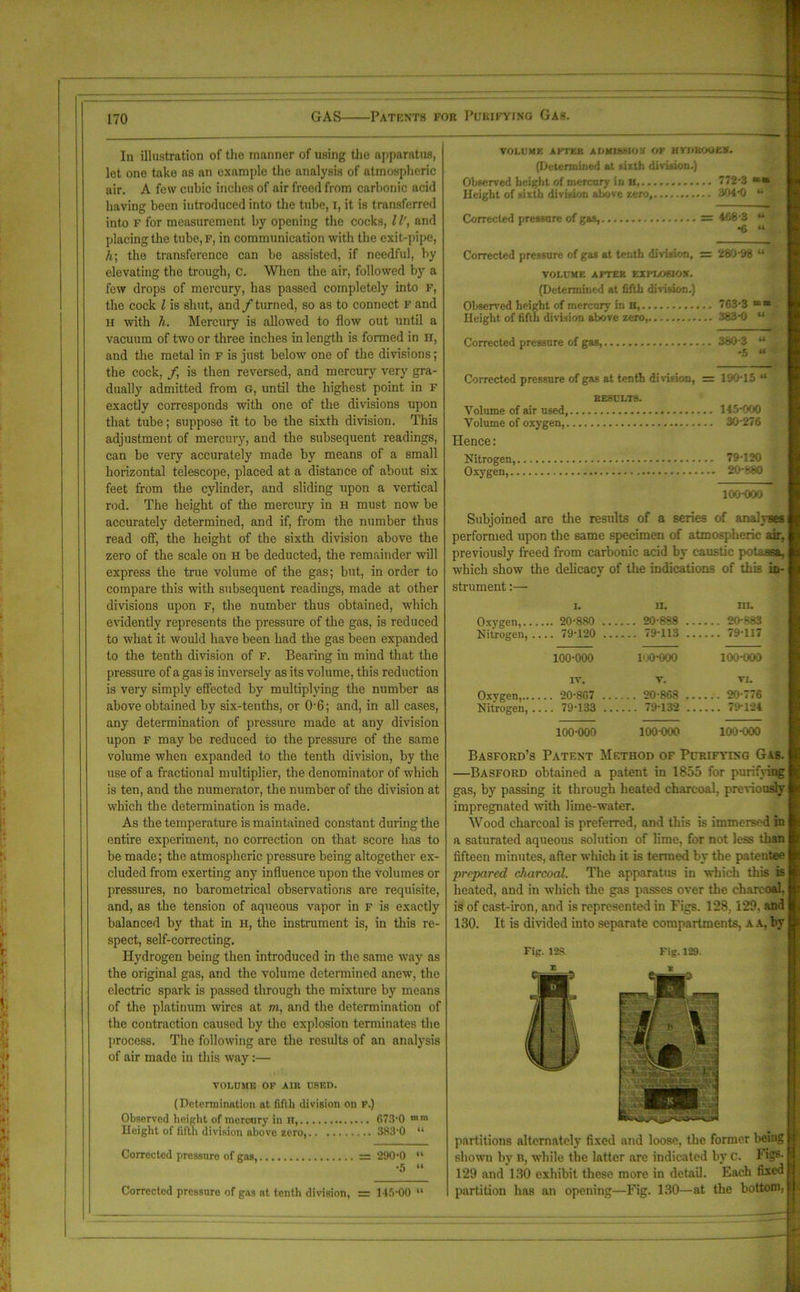 GAS Patents fob Purifying Gas. In illustration of the manner of using the apparatus, let one take ns an example the analysis of atmospheric air. A few cubic inches of air freed from carbonic acid having been introduced into the tube, I, it is transferred into F for measurement by opening the cocks, 11', and placing the tube, F, in communication with the exit-pipe, h\ the transference can be assisted, if needful, by elevating the trough, c. When the air, followed by a few drops of mercury, has passed completely into F, the cock l is shut, and /turned, so as to connect F and h with h. Mercury is allowed to flow out until a vacuum of two or three inches in length is formed in H, and the metal in f is just below one of the divisions; the cock, f is then reversed, and mercury very gra- dually admitted from G, until the highest point in F exactly corresponds with one of the divisions upon that tube; suppose it to be the sixth division. This adjustment of mercury, and the subsequent readings, can be very accurately made by means of a small horizontal telescope, placed at a distance of about six feet from the cylinder, and sliding upon a vertical rod. The height of the mercury in H must now be accurately determined, and if, from the number thus read off, the height of the sixth division above the zero of the scale on H be deducted, the remainder will express the true volume of the gas; but, in order to compare this with subsequent readings, made at other divisions upon f, the number thus obtained, which evidently represents the pressure of the gas, is reduced to what it would have been had the gas been expanded to the tenth division of F. Bearing in mind that the pressure of a gas is inversely as its volume, this reduction is very simply effected hy multiplying the number as above obtained by six-tenths, or 06; and, in all cases, any determination of pressure made at any division upon f may be reduced to the pressure of the same volume when expanded to the tenth division, by the use of a fractional multiplier, the denominator of which is ten, and the numerator, the number of the division at which the determination is made. As the temperature is maintained constant during the entire experiment, no correction on that score has to be made; the atmospheric pressure being altogether ex- cluded from exerting any influence upon the volumes or pressures, no barometrical observations are requisite, and, as the tension of aqueous vapor in f is exactly balanced by that in Ii, the instrument is, in this re- spect, self-correcting. Hydrogen being then introduced in the same way as the original gas, and the volume determined anew, the electric spark is passed through the mixture by means of the platinum wires at m, and the determination of the contraction caused by the explosion terminates the process. The following are the results of an analysis of air made in this way:— VOLUME OF AIK USEE. (Determination at fifth division on F.) Observed height of mercury in H, 673*0 mm Height of fifth division above zero, 383*0 “ Corrected pressure of gas, = 290*0 “ •5 “ Corrected pressure of gas at tenth division, = 145*00 “ VOLUME AFTER ADMISSION OF HVKROOKS. (Determined at sixth division.) Observed height of mercury in H, 772*3 Height of sixth division above zero, 304*0 u Corrected pressure of gas, = 468*3 “ *6 14 Corrected pressure of gas at tenth division, = 280*98 u VOLUME AFTER KXPLOEIOX. (Determined at fifth division.) Observed height of mercury in H, 763*3 ““ Height of fifth division above zero, 383*0 “ Corrected pressure of gas, 380*3 “ Corrected pressure of gas at tenth division, = 190*15 “ RESULTS. Volume of air used 145-000 Volume of oxygen, 30*276 Hence: Nitrogen, 79*120 Oxygen, 20*880 100-000 i Subjoined are the results of a series of analyses performed upon the same specimen of atmospheric air, previously freed from carbonic acid by caustic potassa, which show the delicacy of the indications of this in- strument :— I. II, in. Oxygen,... Nitrogen, .. ... 20*880 ... .. 79*120 ... ... 20*888 ... ... 79*113 ... .... 20*883 .... 79*117 100*000 luO-OOO 100-000 IV. V. VI. Oxygen,.... Nitrogen, .. .. 20*867 ... .. 79*133 ... ... 20*868 ... .... 79*13*2 .. .... 20*776 .... 79*1*24 100*000 100*000 100-000 Basford’s Patent Method of Purifying Gas. —Basford obtained a patent in 1855 for purifying gas, by passing it through heated charcoal, previously impregnated with lime-water. Wood charcoal is preferred, and this is immersed in a saturated aqueous solution of lime, for not less than fifteen minutes, after which it is termed by the patentee prepared charcoal. The apparatus in which this is heated, and in which the gas passes over the charcoal, is of cast-iron, and is represented in Figs. 128, 129. and 130. It is divided into separate compartments, a A, by Fig. 128 Fig. 129. E * partitions alternately fixed and loose, the former being shown by n, while the latter are indicated by c. 1 >gs* 129 and 130 exhibit these more in detail. Each fixed partition has an opening—Fig. 130—at the bottom.