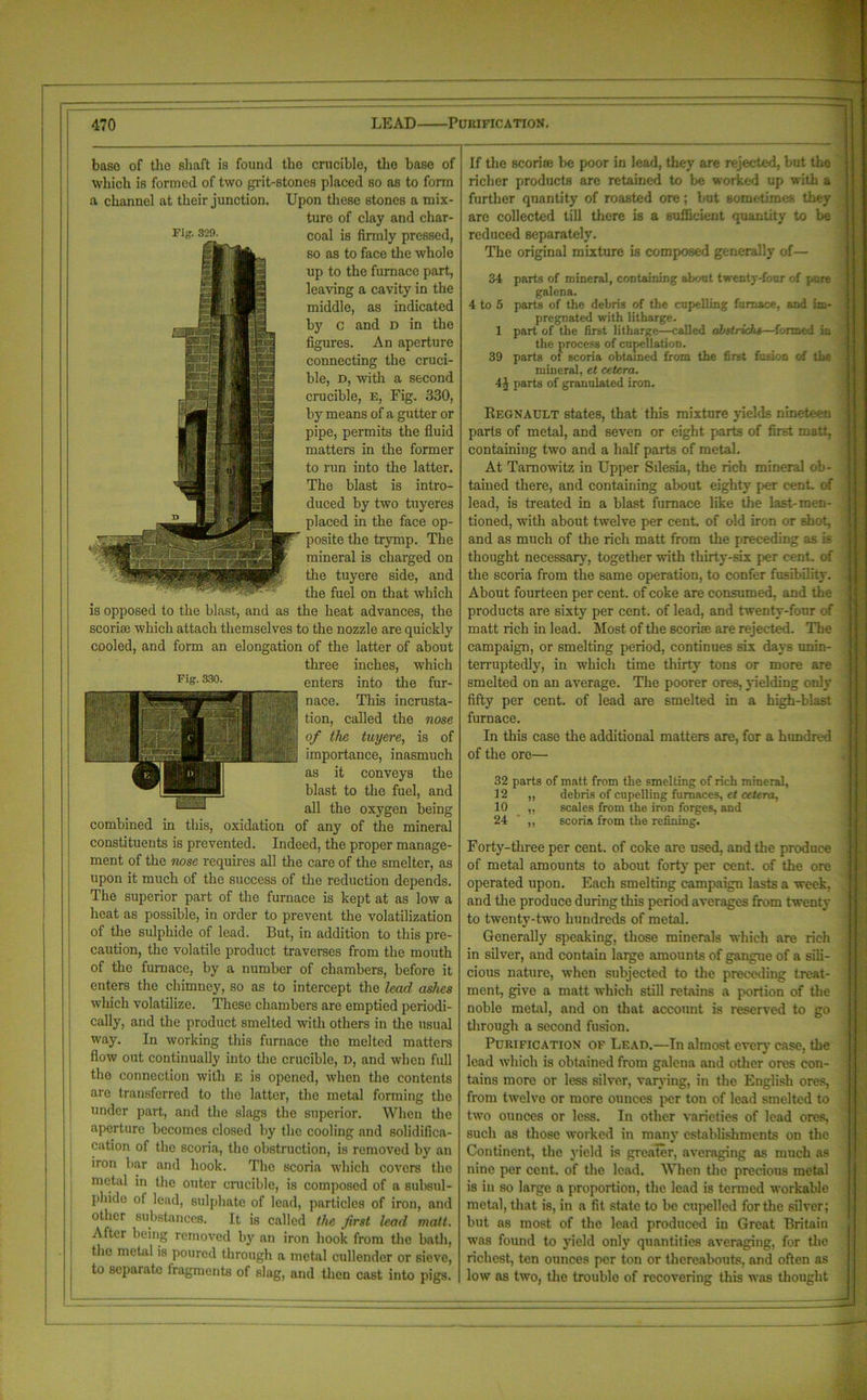 Fig. 329. Fig. 330. base of tho shaft is found tho crucible, the base of which is formed of two grit-stones placed so as to form a channel at their junction. Upon these stones a mix- ture of clay and char- coal is firmly pressed, so as to face the whole up to the furnace part, leaving a cavity in the middle, as indicated by c and D in the figures. An aperture connecting the cruci- ble, d, with a second crucible, E, Fig. 330, by means of a gutter or pipe, permits the fluid matters in the former to run into the latter. The blast is intro- duced by two tuyeres placed in the face op- posite the trymp. The mineral is charged on the tuyere side, and the fuel on that which is opposed to the blast, and as the heat advances, the scoria; which attach themselves to the nozzle are quickly cooled, and form an elongation of the latter of about three inches, which enters into the fur- nace. This incrusta- tion, called the nose of the tuyere, is of importance, inasmuch as it conveys the blast to the fuel, and all the oxygen being combined in this, oxidation of any of the mineral constituents is prevented. Indeed, the proper manage- ment of the nose requires all the care of the smelter, as upon it much of the success of the reduction depends. The superior part of the furnace is kept at as low a heat as possible, in order to prevent the volatilization of the sulphide of lead. But, in addition to this pre- caution, the volatile product traverses from the mouth of the furnace, by a number of chambers, before it enters the chimney, so as to intercept the lead ashes which volatilize. These chambers are emptied periodi- cally, and the product smelted with others in the usual way. In working this furnace the melted matters flow out continually into the crucible, d, and when full tho connection with e is opened, when the contents are transferred to the latter, tho metal forming the under part, and the slags the superior. When the aperture becomes closed by the cooling and solidifica- tion of the scoria, the obstruction, is removed by an iron bar and hook. The scoria which covers the metal in the outer crucible, is composed of a subsul- phido of lead, sulphate of lead, particles of iron, and other substances. It is called the first lead matt. After being removed by an iron hook from the bath, the metal is poured through a metal cullender or sieve, to separate fragments of slag, and then cast into pigs. If the scoriae be poor in lead, they are rejected, but the richer products are retained to be worked up with a further quantity of roasted ore; but sometimes they are collected till there is a sufficient quantity to be reduced separately. The original mixture is composed generally of— 34 parts of mineral, containing about twenty-four of pure galena. 4 to 5 parts of the debris of the cupelling furnace, and im- pregnated with litharge. 1 part of the first litharge—called ahstrichs—formed in the process of cupellation. parts of scoria obtained fron mineral, et cetera. 4 J parts of granulated iron. 39 from the first fusion of the Regnault states, that this mixture yields nineteen parts of metal, and seven or eight parts of first malt, containing two and a half parts of metal. At Tamowitz in Upper Silesia, the rich mineral ob- tained there, and containing about eighty per cent of lead, is treated in a blast furnace like the last-men- tioned, with about twelve per cent of old iron or shot, and as much of the rich matt from the preceding as is thought necessary, together with thirty-six per cent, of the scoria from the same operation, to confer fusibility. About fourteen per cent, of coke are consumed, and the products are sixty per cent, of lead, and twenty-four of matt rich in lead. Most of the scorise are rejected. The campaign, or smelting period, continues six days unin- terruptedly, in which time thirty tons or more are smelted on an average. The poorer ores, yielding only fifty per cent, of lead are smelted in a high-blast furnace. In this case the additional matters are, for a hundred of the ore— 32 parts of matt from the smelting of rich mineral, 12 ,, debris of cupelling furnaces, et cetera, 10 „ scales from the iron forges, and 24 ' scoria from the refining. Forty-three per cent, of coke are used, and the produce of metal amounts to about forty per cent, of the ore operated upon. Each smelting campaign lasts a week, and the produce during this period averages from twenty to twenty-two hundreds of metal. Generally speaking, those minerals which are rich in silver, and contain large amounts of gangue of a sili- cious nature, when subjected to the preceding treat- ment, give a matt which still retains a portion of the noble metal, and on that account is reserved to go through a second fusion. Purification of Lead.—In almost every case, the lead which is obtained from galena and other ores con- tains more or less silver, varying, in the English ores, from twelve or more ounces per ton of lead smelted to two ounces or less. In other varieties of lead ores, such as those worked in many establishments on the Continent, the yield is greater, averaging as much as nine per cent, of the lead. When the precious metal is in so large a proportion, the lead is termed workable metal, that is, in a fit state to be cupelled for the silver; but as most of the lead produced in Great Britain was found to yield only quantities averaging, for the richest, ten ounces per ton or thereabouts, and often as low as two, the trouble of recovering this was thought