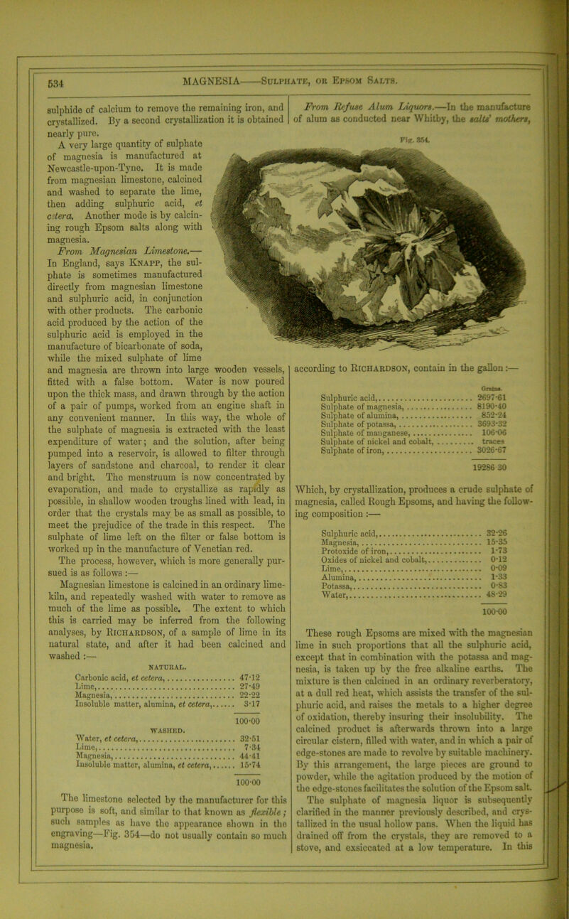 sulphide of calcium to remove the remaining iron, and crystallized. By a second crystallization it is obtained nearly pure. A very large quantity of sulphate of magnesia is manufactured at £& Newcastle-upon-Tyne. It is made from magnesian limestone, calcined and washed to separate the lime, then adding sulphuric acid, et cetera. Another mode is by calcin- 11 ing rough Epsom salts along with magnesia. From Magnesian Limestone.— In England, says Knapp, the sul- phate is sometimes manufactured directly from magnesian limestone and sulphuric acid, in conjunction with other products. The carbonic acid produced by the action of the sulphuric acid is employed in the manufacture of bicarbonate of soda, while the mixed sulphate of lime and magnesia are thrown into large wooden vessels, fitted with a false bottom. Water is now poured upon the thick mass, and drawn through by the action of a pair of pumps, worked from an engine shaft in any convenient manner. In this way, the whole of the sulphate of magnesia is extracted with the least expenditure of water; and the solution, after being pumped into a reservoir, is allowed to filter through layers of sandstone and charcoal, to render it clear and bright. The menstruum is now concentrated by evaporation, and made to crystallize as rapidly as possible, in shallow wooden troughs lined with lead, in order that the crystals may be as small as possible, to meet the prejudice of the trade in this respect. The sulphate of lime left on the filter or false bottom is worked up in the manufacture of Venetian red. The process, however, which is more generally pur- sued is as follows :— Magnesian limestone is calcined in an ordinary lime- kiln, and repeatedly washed with water to remove as much of the lime as possible. The extent to which this is carried may be inferred from the following analyses, by Richardson, of a sample of lime in its natural state, and after it had been calcined and washed :— NATURAL. Carbonic acid, et cetera 47-12 Lime, 27-49 Magnesia, 22-22 Insoluble matter, alumina, et cetera, 3-17 100-00 WASHED. Water, et cetera, 32-51 Lime, 7-34 Magnesia, 44-41 Insoluble matter, alumina, et cetera, 15-74 100-00 The limestone selected by the manufacturer for this purpose is soft, and similar to that known as flexible; such samples as liavo the appearance shown in the engraving—Fig. 354—do not usually contain so much magnesia. according to Richardson, contain in the gallon:— Grains. Sulphuric acid, 2697-61 Sulphate of magnesia, 8190-40 Sulphate of alumina, 852-24 Sulphate of potassa, 3693-32 Sulphate of manganese, 106-06 Sulphate of nickel and cobalt, traces Sulphate of iron, 3026-67 19286 30 Which, by crystallization, produces a crude sulphate of magnesia, called Rough Epsoms, and having the follow- ing composition :— Sulphuric acid, 32-26 Magnesia, 15-35 Protoxide of iron, 1-73 Oxides of nickel and cobalt, 0-12 Lime, „ 0-09 Alumina 1*33 Potassa, 0-83 Water, 48-29 100 00 These rough Epsoms are mixed with the magnesian lime in such proportions that all the sulphuric acid, except that in combination with the potassa and mag- nesia, is taken up by the free alkaline earths. The mixture is then calcined in an ordinary reverberator}-, at a dull red heat, which assists the transfer of the sul- phuric acid, and raises the metals to a higher degree of oxidation, thereby insuring their insolubility. The calcined product is afterwards thrown into a large circular cistern, filled with water, and in which a pair of edge-stones are made to revolve by suitable machinery. By this arrangement, the large pieces are ground to powder, while the agitation produced by the motion of the edge-stones facilitates the solut ion of the Epsom salt. The sulphate of magnesia liquor is subsequently clarified in the manner previously described, and crys- tallized in the usual hollow pans. When the liquid has drained off from the crystals, they are removed to a stove, and exsiccated at a low temperature. In this