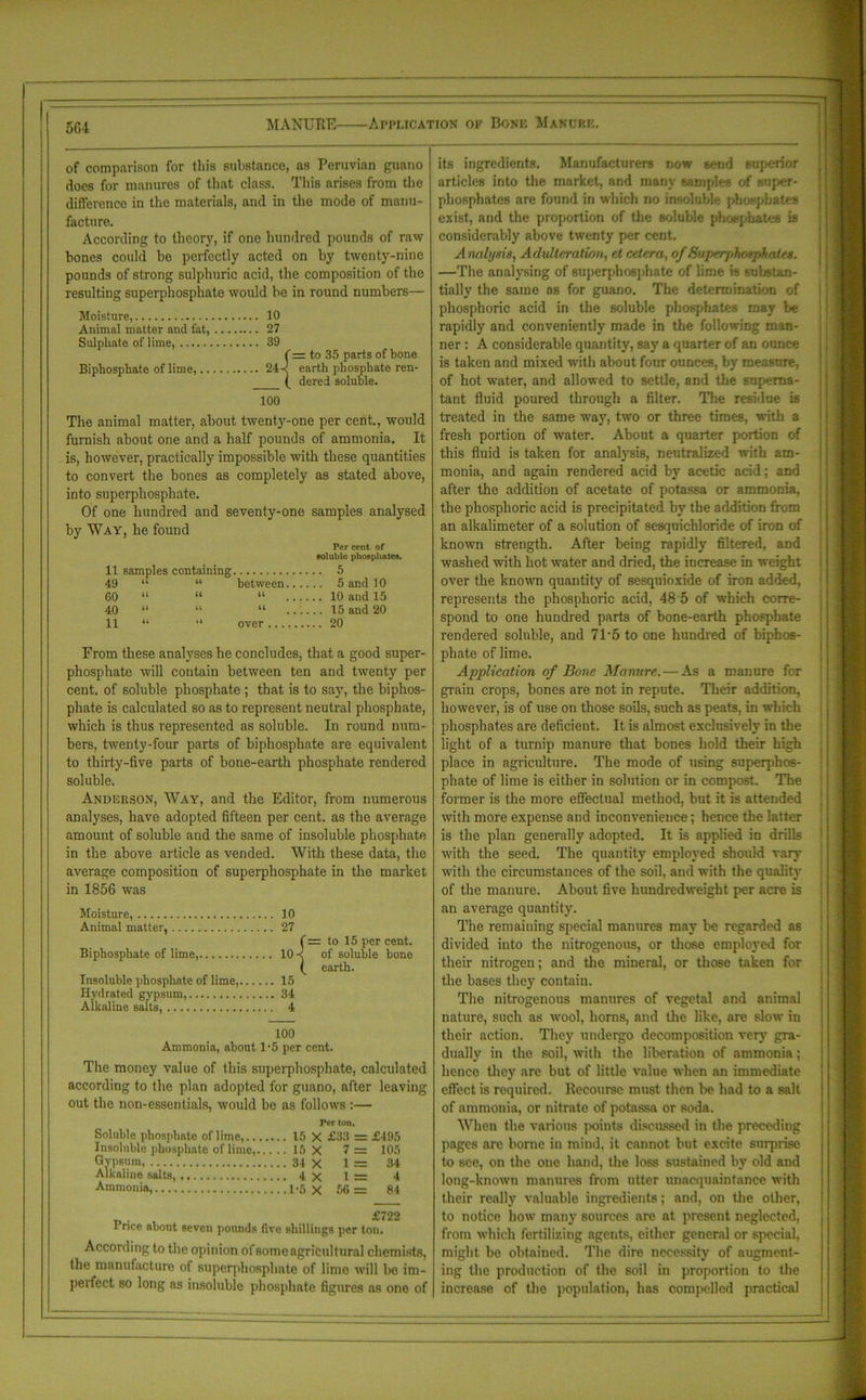 5C4 MANURE Application ok Bone Mancrk. of comparison for this substance, as Peruvian guano does for manures of that class. This arises from the difference in the materials, and in the mode of manu- facture. According to theory, if one hundred pounds of raw hones could be perfectly acted on by twenty-nine pounds of strong sulphuric acid, the composition of the resulting superphosphate would be in round numbers— Moisture, Animal matter and fat, ... 27 Sulphate of lime, 39 f = to 35 parts of bone Biphosphate of lime, ( dered soluble. 100 The animal matter, about twenty-one per cent., would furnish about one and a half pounds of ammonia. It is, however, practically impossible with these quantities to convert the bones as completely as stated above, into superphosphate. Of one hundred and seventy-one samples analysed by Way, he found Per cent, of soluble phosphates. 11 samples containing 5 49 “ “ between 5 and 10 60 “ “ “ 10 and 15 40 “ “ 15 and 20 11 “ “ over 20 From these analyses he concludes, that a good super- phosphate will contain between ten and twenty per cent, of soluble phosphate ; that is to say, the biphos- phate is calculated so as to represent neutral phosphate, which is thus represented as soluble. In round num- bers, twenty-four parts of biphosphate are equivalent to thirty-five parts of bone-earth phosphate rendered soluble. Anderson, Way, and the Editor, from numerous analyses, have adopted fifteen per cent, as the average amount of soluble and the same of insoluble phosphate in the above article as vended. With these data, the average composition of superphosphate in the market in 1856 was Moisture, 10 Animal matter, 27 Biphosphate of lime, 10 Insoluble phosphate of lime, 15 Hydrated gypsum, 34 Alkaline salts, 4 { = to 15 per cent, of soluble hone earth. 100 Ammonia, about 1-5 per cent. The money value of this superphosphate, calculated according to the plan adopted for guano, after leaving out the non-essentials, would be as follows :— Per ton. Soluble phosphate of lime, 15 X £33 = £495 Insoluble phosphate of lime, 15 X 7= 105 Gypsum, 34 X 1 = 34 Alkaline salts, 4X 1= 4 Ammonia, 1-5 X 56= 84 £722 Pnce about seven pounds five shillings per ton. According to the opinion of some agricultural chemists, the manufacture of superphosphate of lime will be im- perfect so long as insoluble phosphate figures ns one of its ingredients. Manufacturers now send superior j articles into the market, and many samples of super- phosphates are found in which no insoluble phosphates exist, and the proportion of the soluble phosphates is considerably above twenty per cent. Analysis, Adulteration, et cetera, of fiuj)erp}vrjsp>hates. —The analysing of superphosphate of lime is substan- tially the same as for guano. The determination of phosphoric acid in the soluble phosphates may be rapidly and conveniently made in the following man- ner : A considerable quantity, say a quarter of an ounce is taken and mixed with about four ounces, by measure, of hot water, and allowed to settle, and the superna- tant fluid poured through a filter. The residue is treated in the same way, two or three times, with a fresh portion of water. About a quarter portion of this fluid is taken for analysis, neutralized with am- monia, and again rendered acid by acetic acid; and after the addition of acetate of potassa or ammonia, the phosphoric acid is precipitated by the addition from an alkalimeter of a solution of sesquichloride of iron of known strength. After being rapidly filtered, and washed with hot water and dried, the increase in weight over the known quantity of sesquioxide of iron added, represents the phosphoric acid, 48 5 of which corre- spond to one hundred parts of bone-earth phosphate rendered soluble, and 7T5 to one hundred of biphos- phate of lime. Application of Bone Manure.—As a manure for grain crops, bones are not in repute. Their addition, however, is of use on those soils, such as peats, in which phosphates are deficient. It is almost exclusively in the light of a turnip manure that bones hold their high place in agriculture. The mode of using superphos- phate of lime is either in solution or in compost. The former is the more effectual method, but it is attended with more expense and inconvenience; hence the latter is the plan generally adopted. It is applied in drills with the seed. The quantity employed should vary with the circumstances of the soil, and with the quality of the manure. About five hundredweight per acre is an average quantity. The remaining special manures may be regarded as divided into the nitrogenous, or those employed for their nitrogen; and the mineral, or those taken for the bases they contain. The nitrogenous manures of vegetal and animal nature, such as wool, horns, and the like, are slow in their action. They undergo decomposition very gra- dually in the soil, with the liberation of ammonia; hence they are but of little value when an immediate effect is required. Recourse must then be had to a salt of ammonia, or nitrate of potassa or soda. When the various points discussed in the preceding pages are borne in mind, it cannot but excite surprise to see, on the one hand, the loss sustained by old and long-known manures from utter unacquaintance with their really valuable ingredients; and, on the other, to notice how many sources are at present neglected, from which fertilizing agents, either general or special, might be obtained. The dire necessity of augment- ing the production of the soil in proportion to the increase of the population, has compelled practical