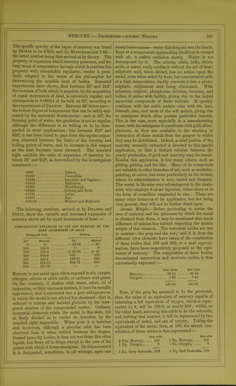 Ihe specific gravity of the vapor of mercury was found by Dumas to be 6 976, and by Mitscherlich 7'03— the latter number being that arrived at by theory. The property of expansion which mercur3r possesses, and the long range of temperature through which it exhibits this property with remarkable regularity, render it pecu- liarly adapted to the wants of the philosopher for determining the sensible heat of bodies. Repeated experiments have shown, that between 32° and 212°, the increase of bulk which it acquires, by the acquisition of equal increments of heat, is extremely regular, and corresponds to O'OOOll of its bulk at 32°, according to the experiments of Dalton. Between 38° below zero— the lowest degree of temperature that can be safely esti- mated by the mercurial thermometer—and 32°, the freezing point of water, the gradation is not so regular, although the difference is so trilling as to be disre- garded in most applications; but between 212° and 662°, it has been found to pass from the regular expan- sion observed between the limits of the freezing and boiling points of water, and to increase in this respect as the heat becomes more elevated. The annexed tajde exhibits the ratio of expansion of mercury be- tween 32° and 212°, as determined by the investigators mentioned :— •0200 Dalton. •01887 Cavendish. ■01848 Lavoisier and Laplace. •01818 Hallstrom. •01801 Shuchburgb. •01800 Dulong and Petit. •01781 Deluc. •01695 Roy. •018153 Militzer and Reghault. The following numbers, arrived at by Dulong and Petit, show the variable and increased expansion of mercury above air by equal increments of heat:— COMPARATIVE EXPANSION OP AIR AND MERCURY BY THE SAME INCREMENTS OP HEAT. Dalong and Petit. Rudberg. A , A /Sr * Air. Mercury. Air. Mercury. o- 0- — 35-96 .... — 36- 100- .... 100-0 0- .... 0- 150- 151-3 -f- 50-04 .... -f 50- 200- 204-6 100- 100- 250- 255-1 198-81 200. 300- 314-15 294-73 300- 350- 360-00 — — Mercury is not acted upon when exposed to air, oxygen, nitrogen, nitrous or nitric oxide, or carbonic acid gases. On the contrary, if shaken with water, ether, oil of turpentine, or fatty unctuous matters, it loses its metallic appearance, and is converted into a grey cethiops per se, in which the metal is not altered but deadened—that is, reduced to minute and isolated globules by the inter- posed stratum of the compounded matter. Ordinary mercurial ointments retain the metal in this state, but so finely divided as to render its detection by the unaided sight impossible. When pure it is tasteless and inodorous, although a peculiar odor has been observed from it when rubbed between the fingers. Poured upon dry bodies, it does not wet them like other liquids, but flows off in drops, except in the case of the metals with which it forms amalgams. On this account it it is designated, sometimes, in old writings, aqua non madefaciens mantis—water that does not wet the hands. Kept at a temperature approaching ebullition in contact with air, it suffers oxidation slowly. Water is not decomposed by it. The nitrous, nitric, iodic, chloric acids, et cetera, easily oxidise it without the aid of heat; sulphuric acid, when diluted, has no action upon the metal, even when aided by heat, but concentrated acid, at a high temperature, readily converts it into a proto- sulphate, sulphurous acid being eliminated. With selenium, sulphur, phosphorus, chlorine, bromine, and iodine, it unites with facility, giving rise to the haloid mercurial compounds of those radicals. It quickly combines with the noble metals—also with tin, lead, bismuth, zinc, and most of the soft metals, giving rise to amalgams which often possess particular interest. This is the case, more especially in a manufacturing sense, with the amalgams it constitutes with gold, silver, platinum, as they are available in the smelting or abstraction of these metals from the gangue in which they may be distributed. Indeed, a chief portion of the mercury annually extracted is devoted to this special application, so that a distinct relation between the yearly production of gold and mercury may be traced. Besides this application it has many others, such as gilding, plating, and the like. Many of its compounds are valuable in other branches of art, such as medicine, painting, et cetera, but more particularly in the former, where its administration is very varied and frequent. The metal is likewise very advantageous to the anato- mist, who employs it as an injection, either alone or in the form of vermillion suspended in size. There are many other instances of its application, but not being very general, they will not be further dwelt upon. Atomic Weight.—Before proceeding to notice the ores of mercury and the processes by which the metal is obtained from them, it may be mentioned that much difference of opinion has existed respecting the atomic weight of this element. The mercurial oxides are two in number—the grey and the red; and it is from the different view chemists have taken of the constitution of these bodies that 100 and 200, or a near approxi- mation, have been respectively proposed as the equi- valent of mercury. The composition of these bodies, denominated mercurious and mercuric oxides, is thus centesimally expressed:— Grey Oxide, Red Oxide. Mercury, 96-15 92-59 Oxygen, 3-85 7-41 100-00 100-00 Now, if the grey be assumed to be the protoxide, then the value of an equivalent of mercury capable of saturating a full equivalent of oxygen, which is repre- sented by 8, will be 199.8, or nearly 200; whilst, on the other hand, assuming this oxide to be the suboxide, and, halving that number, it will be represented by two equivalents of metal, and one of oxygen. Taking the equivalent of the metal, then, at 100, the atomic con- stitution of these oxides is thus represented Grey oxide. Red oxide. 2 Eqs. Mercury, 200 1 Eq. Mercury, 100 1 Eq. Oxygen, 8 1 Eq. Oxygen 8 1 Eq. Grey Suboxide, 208 1 Eq. Red Protoxide, 108