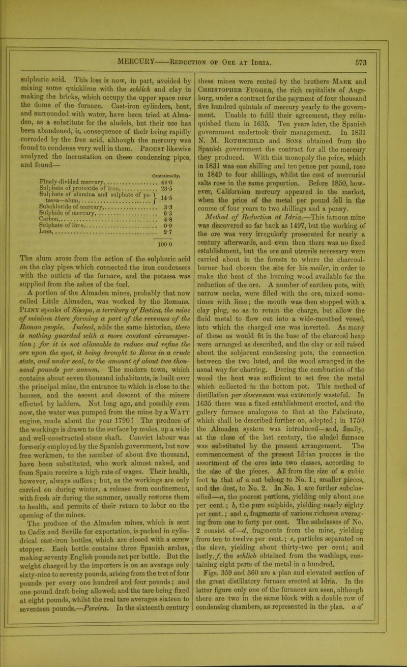 sulphuric acid. This loss is now, in part, avoided by mixing some quicklime with the schiich and clay in making the bricks, which occupy the upper space near the dome of the furnace. Cast-iron cylinders, bent, and surrounded with water, have been tried at Alma- den, as a substitute for the aludels, but their use has been abandoned, ir. consequence of their being rapidly corroded by the free acid, although the mercury was found to condense very well in them. Proust likewise analyzed the incrustation on these condensing pipes, and found— CentcsimnlTj. Finely-divided mercury, 44-0 Sulphate of protoxide of iron, 23’5 Sulphate of alumina and sulphate of po-) .. , tassa—-alum, ... J 14’5 Subchloride of mercury, 3\3 Sulphide of mercury,  6-3 Carbon, 4'8 Sulphate of lime, O'D Loss, 2-7 100 0 The alum arose from the action of the sulphuric acid on the clay pipes which connected the iron condensers with the outlets of the furnace, and the potassa was supplied from the ashes of the fuel. A portion of the Almaden mines, probably that now called Little Almaden, was worked by the Romans. Pliny speaks of Sisapo, a territory of Bcetica, the mine of minium there forming a part of the revenues of the Roman people. Indeed, adds the same historian, there is nothing guarded with a more constant circumspec- tion ; for it is not allowable to reduce and refine the ore upon the spot, it being brought to Rome in a crude state, and under seal, to the amount of aboid two thou- sand pounds per annum. The modern town, which contains about seven thousand inhabitants, is built over the principal mine, the entrance to which is close to the houses, and the ascent and descent of the miners effected by ladders. Not long ago, and possibly even now, the water was pumped from the mine by a Watt engine, made about the year 1790! The produce of the workings is drawm to the surface by mules, up a wide and well-constructed stone shaft. Convict labour was formerly employed by the Spanish government, but now free workmen, to the number of about five thousand, have been substituted, who work almost naked, and from Spain receive a high rate of wages. Their health, however, always suffers; but, as the workings are only carried on during winter, a release from confinement, with fresh air during the summer, usually restores them to health, and permits of their return to labor on the opening of the mines. The produce of the Almaden mines, which is sent to Cadiz and Seville for exportation, is packed in cylin- drical cast-iron bottles, which are closed with a screw stopper. Each bottle contains three Spanish arobas, making seventy English pounds net per bottle. But the weight charged by the importers is on an average only sixty-nine to seventy pounds, arising from the tret of four pounds per every one hundred and four pounds ; and one pound draft being allowed; and the tare being fixed at eight pounds, whilst the real tare averages sixteen to seventeen pounds.—Pereira. In the sixteenth century these mines were rented by the brothers Mark and Christopher Fugger, the rich capitalists of Augs- burg, under a contract for the payment of four thousand five hundred quintals of mercury yearly to the govern- ment. Unable to fulfil their agreement, they relin- quished them in 1635. Ten years later, the Spanish government undertook their management. In 1831 N. M. Rothschild and Sons obtained from the Spanish government the contract for all the mercury they produced. With this monopoly the price, which in 1831 was one shilling and ten pence per pound, rose in 1849 to four shillings, whilst the cost of mercurial salts rose in the same proportion. Before 1850, how- ever, Californian mercury appeared in the market, when the price of the metal per pound fell in the course of four years to two shillings and a penny. Method of Reduction at Idria.—This famous mine was discovered so far back as 1497, but the working of the ore was very irregularly prosecuted for nearly a century afterwards, and even then there was no fixed establishment, but the ore and utensils necessary were carried about in the forests to where the charcoal- burner had chosen the site for his meiler, in order to make the heat of the burning wood available for the reduction of the ore. A number of earthen pots, with narrow necks, were filled with the ore, mixed some- times with lime; the mouth was then stopped with a clay plug, so as to retain the charge, but allow the fluid metal to flow out into a wide-mouthed vessel, into which the charged one was inverted. As many of these as would fit in the base of the charcoal heap were arranged as described, and the clay or soil raised about the subjacent condensing pots, the connection between the two luted, and the wood arranged in the usual way for charring. During the combustion of the wood the heat was sufficient to set free the metal which collected in the bottom pot. This method of distillation per descensum was extremely wasteful. In 1635 there was a fixed establishment erected, and the gallery furnace analogous to that at the Palatinate, which shall be described further on, adopted ; in 1750 the Almaden system was introduced—and, finally, at the close of the last century, the aludel furnace was substituted by the present arrangement. The commencement of the present Idrian process is the assortment of the ores into two classes, according to the size of the pieces. All from the size of a cubic foot to that of a nut belong to No. 1; smaller pieces, and the dust, to No. 2. In No. 1 are further subclas- sified—a, the poorest portions, yielding only about one per cent.; b, the pure sulphide, yielding nearly eighty per cent.; and c, fragments of various richness averag- ing from one to forty per cent. The subclasses of No. 2 consist of—d, fragments from the mine, yielding from ten to twelve per cent.; e, particles separated on the sieve, yielding about thirty-two per cent; and lastly,/, the schlich obtained from the washings, con- taining eight parts of the metal in a hundred. Figs. 359 and 360 are a plan and elevated section of the great distillatory furnace erected at Idria. In the latter figure only one of the furnaces are seen, although there are two in the same block with a double row of condensing chambers, as represented in the plan, a a'