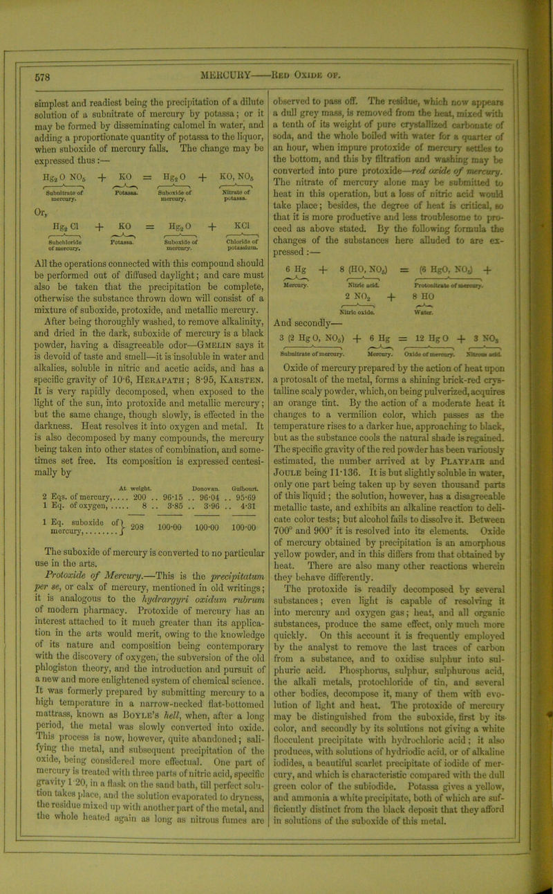 MEKCU11Y Bed Oxide of. simplest and readiest being the precipitation of a dilute solution of a subnitrate of mercury by potassa; or it may be formed by disseminating calomel in water, and adding a proportionate quantity of potassa to the liquor, when suboxide of mercury falls. The change may be expressed thus:— Eg4 0 N06 + KO = Hg2 0 + KO, N06 Subnitrate of Potassa. Suboxide of Nitrate of mercury. mercury. potassa. Or, Hg2Cl + KO = Hg*0 + KOI Subchloride Potassa. Suboxide of Chloride of of mercury. mercury. potassium. All the operations connected with this compound should be performed out of diffused daylight; and care must also be taken that the precipitation be complete, otherwise the substance thrown down will consist of a mixture of suboxide, protoxide, and metallic mercury. After being thoroughly washed, to remove alkalinity, and dried in the dark, suboxide of mercury is a black powder, having a disagreeable odor—Gmelin says it is devoid of taste and smell—it is insoluble in water and alkalies, soluble in nitric and acetic acids, and has a specific gravity of 10 6, Herapath ; 8'95, Karsten. It is very rapidly decomposed, when exposed to the light of the sun, into protoxide and metallic mercury; but the same change, though slowly, is effected in the darkness. Heat resolves it into oxygen and metal. It is also decomposed by many compounds, the mercury being taken into other states of combination, and some- times set free. Its composition is expressed centesi- mally by At. weight. Donovan. GulbourL 2 Eqs. of mercury, 200 .. 96-15 .. 96-04 .. 95-69 1 Eq. of oxygen, 8 .. 3-85 .. 3-96 .. 4-31 1 merciuy^?.^.. °.f} 208 100'00 100-00 100-00 The suboxide of mercury is converted to no particular use in the arts. Protoxide of Mercury.—This is the precipitatum per se, or calx of mercury, mentioned in old wirings; it is analogous to the hydrargyri oxidum rubrum of modern pharmacy. Protoxide of mercury has an interest attached to it much greater than its applica- tion in the arts would merit, owing to the knowledge of its nature and composition being contemporary with the discovery of oxygen, the subversion of the old phlogiston theory, and the introduction and pursuit of a new and more enlightened system of chemical science. It was formerly prepared by submitting mercury to a high temperature in a narrow-necked flat-bottomed mattrass, known as Boyle’s hell, when, after a long period, the metal was slowly converted into oxide. This process is now, however, quite abandoned; sali- fying the metal, and subsequent precipitation of the oxide, being considered more effectual. One part of mercury is treated with three parts of nitric acid, specific gravity 1 20, in a flask on the sand bath, till perfect solu- tion takes place, and the solution evaporated to dryness, the residue mixed up with another part of the metal, and the whole heated again as long as nitrous fumes arc observed to pass off. The residue, which now appears a dull grey mass, is removed from the heat, mixed with a tenth of its weight of pure crystallized carbonate of soda, and the whole boiled with water for a quarter of an hour, when impure protoxide of mercury Betties to the bottom, and this by filtration and washing may be converted into pure protoxide—red oxide of nurreury. The nitrate of mercury alone may be submitted to heat in this operation, but a loss of nitric acid would take place; besides, the degree of heat is critical, bo that it is more productive and less troublesome to pro- ceed as above stated. By the following formula the changes of the substances here alluded to are ex- pressed :— 6 Hg + 8 (HO, N06) = (6 HgO, NOJ + Mercury. Nitric acid. ProtoniIrate of mercury. 2 N02 + 8 HO Nitric oxide. Water. And secondly— 3 (2 HgO, NOs) + 6 Hg = 12 HgO + 3 NO, Subnitrate of mercury. Mercury. Oxide of mercury. Nitron* acid. Oxide of mercury prepared by the action of heat upon a protosalt of the metal, forms a shining brick-red crys- talline scaly powder, which, on being pulverized, acquires an orange tint. By the action of a moderate heat it changes to a vermilion color, which passes as the temperature rises to a darker hue, approaching to black, but as the substance cools the natural shade is regained. The specific gravity of the red powder has been variously estimated, the number arrived at by Playfair and Joule being 11-136. It is but slightly soluble in water, only one part being taken up by seven thousand parts of this liquid ; the solution, however, has a disagreeable metallic taste, and exhibits an alkaline reaction to deli- cate color tests; but alcohol fails to dissolve it. Between 700° and 900° it is resolved into its elements. Oxide of mercury obtained by precipitation is an amorphous yellow powder, and in this differs from that obtained by heat. There are also many other reactions wherein they behave differently. The protoxide is readily decomposed by several substances; even light is capable of resolving it into mercury and oxygen gas; heat, and all organic substances, produce the same effect, only much more quickly. On this account it is frequently employed by the analyst to remove the last traces of carbon from a substance, and to oxidise sulphur iuto sul- phuric acid. Phosphorus, sulphur, sulphurous acid, the alkali metals, protochloride of tin, and several other bodies, decompose it, many of them with evo- lution of light and heat. The protoxide of mercury may be distinguished from the suboxide, first by its- color, and secondly by its solutions not giving a white flocculent precipitate with hydrochloric acid; it also produces, with solutions of hydriodic acid, or of alkaline iodides, a beautiful scarlet precipitate of iodide of mer- cury, and which is characteristic compared with the dull green color of the subiodide. Potassa gives a yellow, aud ammonia a white precipitate, both of which are suf- ficiently distinct from the black deposit that they afford in solutions of the suboxide of this metal.