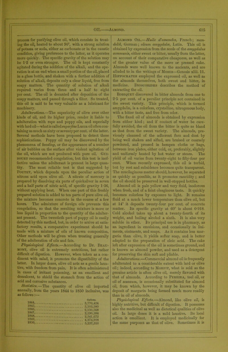 OIL Almond. G15 process for purifying olive oil, which consists in treat- Almond Oil.—Huile d'amandcs, French; man- ing the oil, heated to about 90°, with a strong solution delol, German; oleum amygdalae, Latin. This oil is of potassa or soda, either as carbonate or in the caustic obtained by expression from the seeds of the amygdalus condition, giving preference to the latter, as it operates communis, either sweet or bitter, usually from the latter, more quickly. The specific gravity of the solution may on account of their comparative cheapness, as well as bo T2 or even stronger. The oil is kept constantly of the greater value of the marc or pressed cake. agitated during the addition of the alkali, and the ope- Almonds were well known to the ancients, and are ration is at an end when a small portion of the oil, placed alluded to in the writings of Moses—Genesis xliii. 11. in a glass bottle, and shaken with a further addition of Hippocrates employed the expressed oil, as well as solution of alkali, deposits only a clear liquid, free from the almonds themselves, both sweet and bitter, in soapy matters. The quantity of solution of alkali medicine. Dioscokides describes the method of required varies from three and a half to eight extracting the oil. per cent. The oil is decanted after deposition of the Kobiquet discovered in bitter almonds from one to soapy matters, and passed through a filter. So treated, 2-5 per cent, of a peculiar principle not contained in this oil is said to be very valuable as a lubricant for the sweet variety. This principle, which is termed machinery. amygdalin, is a colorless, crystalline, nitrogenous body, Adulterations.—The superiority of olive over other with a bitter taste, and free from odor. kinds of oil, and its higher price, render it liable to The fixed oil of almonds is obtained by expression adulteration with rape and poppy oils, and especially from either kind ; and if contact of water be care- with lard oil—whatis called superfine Lucca oil often con- fully avoided, the oil from the bitter is quite as bland taining as much as sixty or seventy per cent, of the latter. as that from the sweet variety. The almonds, pre- Several methods have been proposed to detect these viously cleansed of the adherent furz and dust by sophistications. Poppy oil may be discovered by the being well shaken and sifted, are bruised or coarsely phenomena of heading, or the appearance of a number powdered, and pressed in hempen cloths or bags, of air bubbles on the surface after violent agitation of between iron plates, either cold, or, preferably, slightly the oil, which are not produced with pure oil. Gui- and uniformly heated by hot water or steam. The bourt recommended congelation, but this test is inef- yield of oil varies from twenty-eight to fifty-four per fective unless the adulterant is present in large quan- cent. When recently expressed, this oil is turbid, tity. The most reliable test is that suggested by but by rest and subsidence becomes quite transparent. Poutet, which depends upon the peculiar action of The mucilaginous matter should, however, be separated nitrous acid upon olive oil. A nitrate of mercury is as quickly as possible, as it promotes rancidity ; and prepared by dissolving six parts of quicksilver in seven the oil should be preserved in well-stopped bottles. and a half parts of nitric acid, of specific gravity 1 -36, Almond oil is pale yellow and very fluid, inodorous without applying heat. When one part of this freshly when fresh, and of a faint oleaginous taste. It quickly prepared solutionis added to ten parts of pure olive oil, becomes colorless by exposure to light. It remains the mixture becomes concrete in the course of a few fluid at a much lower temperature than olive oil, but hours. The admixture of foreign oils prevents this at 14° it deposits twenty-four per cent, of concrete congelation, so that the resulting mixture is more or matter. Its specific gravity at 60° is about 0 918- less liquid in proportion to the quantity of the adulter- Cold alcohol takes up about a twenty-fourth of its ant present. The twentieth part of poppy oil is easily weight, and boiling alcohol a sixth. It is also very detected by this method, but, in order to arrive at satis- soluble in ether. Its principal use is in pharmacy, as factory results, a comparative experiment should be an ingredient in emulsions, and occasionally in lini- made -with a mixture of oils of known composition. ments, ointments, and soaps. As it contains less mar- Other methods will be given when treating generally gariu than olive, it yields softer soap, and is better of the adulteration of oils and fats. adapted to the preparation of oleic acid. The cake Physiological Effects.—According to Dr. Beau- left after expression of the oil is sometimes ground, and mont, olive oil is extremely nutritious, but rather is known as almond powder, and used as a detergent difficult of digestion. However, when taken as a con- for preserving the skin soft and pliable. diment with salad, it promotes the digestibility of the Adulterations.—Commercial almond oil is frequently latter. In larger dozes, olive oil acts as a gentle laxa- adulterated to a considerable extent with lard or olive tive, with freedom from pain. It is often administered oil; indeed, according to Morfit, what is sold as the in cases of irritant poisoning, as an emollient and genuine article is often olive oil, merely flavored with demulcent, to shield the stomach from the action of that of almonds. According to Pereira, teel oil, or acid and corrosive substances. oil of sesanum, is occasionally substituted for almond Statistics.—The quantity of olive oil imported oil, from which, however, it may be known by the annually, from the years 1844 to 1850 inclusive, was deposit of margarin being formed much more readily as follows:— than in oil of almonds. Gallons. Physiological Effects.—Almond, like olive oil, is !®44, 3,770,424 1845, 3 i na awn highly nutritive, but difficult of digestion. It possesses 1846> 2,150^568 also the medicinal as well as dietetical qualities of olivo J847, 2,190,384 oil. In large doses it is a mild laxative. Its local 1848t 2,541,672 1849, 4,274,928 action is emollient. It is employed medicinally for 1850> 5,237,316 the same purposes as that of olive. Sometimes it is — — ■ - — ■ ■ ■ —-—— 