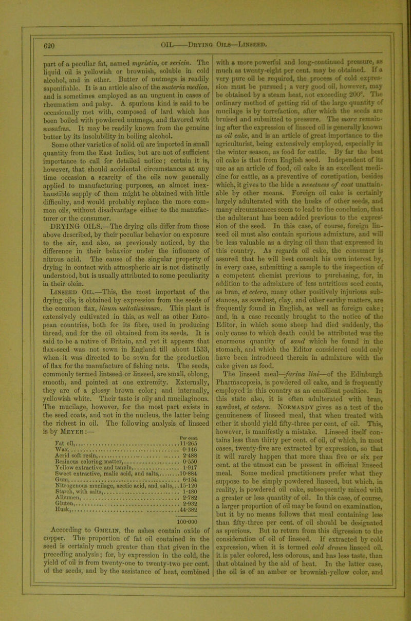 Oils—Linseed. G20 OIL Drying part of a peculiar fat, named myriatin, or aericin. The liquid oil is yellowish or brownish, soluble in cold alcohol, and in ether. Butter of nutmegs is readily saponifiable. It is au article also of the materia medica, and is sometimes employed as an unguent in cases of rheumatism and palsy. A spurious kind is said to be occasionally met with, composed of lard which has been boiled with powdered nutmegs, and flavored with sassafras. It may be readily known from the genuine butter by its insolubility in boiling alcohol. Some other varieties of solid oil are imported in small quantity from the East Indies, but are not of sufficient importance to call for detailed notice; certain it is, however, that should accidental circumstances at any time occasion a scarcity of the oils now generally applied to manufacturing purposes, an almost inex- haustible supply of them might be obtained with little difficulty, and would probably replace the more com- mon oils, without disadvantage either to the manufac- turer or the consumer. DRYING OILS.—The drying oils differ from those above described, by their peculiar behavior on exposure to the air, and also, as previously noticed, by the difference in their behavior under the influence of nitrous acid. The cause of the singular property of drying in contact with atmospheric air is not distinctly understood, but is usually attributed to some peculiarity in their olein. Linseed Oil.—This, the most important of the diying oils, is obtained by expression from the seeds of the common flax, linum usitatissimum. This plant is extensively cultivated in this, as well as other Euro- pean countries, both for its fibre, used in producing thread, and for the oil obtained from its seeds. It is said to be a native of Britain, and yet it appears that flax-seed was not sown in England till about 1533, when it was directed to be sown for the production of flax for the manufacture of fishing nets. The seeds, commonly termed lintseed or linseed, are small, oblong, smooth, and pointed at one extremity. Externally, they are of a glossy brown color; and internally, yellowish white. Their taste is oily and mucilaginous. The mucilage, however, for the most part exists in the seed coats, and not in the nucleus, the latter being the richest in oil. The following analysis of linseed is by Meyer :— Per cent. Fat oil, 11-265 Wax, 0-146 Acrid soft resin, 2-488 Resinous coloring matter, 0-550 Yellow extractive and tannin, 1-917 Sweet extractive, malic acid, and salts, 10-884 Gum, 6-154 Nitrogenous mucilage, acetic acid, and salts,. .15-120 Starch, with salts, 1-480 Albumen, 2-782 Gluten, 2-932 Husk, 44-382 100-000 According to Gmelin, the ashes contain oxide of copper. The proportion of fat oil contained in the seed is certainly much greater than that given in the preceding analysis; for, by expression in the cold, the yield of oil is from twenty-one to twenty-two per cent, of the seeds, and by the assistance of heat, combined with a more powerful and long-continued pressure, as much as twenty-eight per cent, may be obtained. If a very pure oil be required, the process of cold expres- sion must be pursued; a very good oil, however, may be obtained by a bteam heat, not exceeding 200*. The ordinary method of getting rid of the large quantity of mucilage is by torrefaction, after which the seeds are bruised and submitted to pressure. The more remain- ing after the expression of linseed oil is generally known as oil cake, and is an article of great importance to the agriculturist, being extensively employed, especially in the winter season, as food for cattle. By far the best oil cake is that frotn English seed. Independent of its use as an article of food, oil cake is an excellent medi- cine for cattle, as a preventive of constipation, besides which, it gives to the hide a sweetness of coat unattain- able by other means. Foreign oil cake is certainly largely adulterated with the husks of other seeds, and many circumstances seem to lead to the conclusion, that the adulterant has been added previous to the express sion of the seed. In this case, of course, foreign lin- seed oil must also contain spurious admixture, and will be less valuable as a drying oil than that expressed in this country. As regards oil cake, the consumer is assured that he will best consult his own interest by, in every case, submitting a sample to the inspection of a competent chemist previous to purchasing, for, in addition to the admixture of less nutritious seed coats, as bran, et cetera, many other positively injurious sub- stances, as sawdust, clay, and other earthy matters, are frequently found in English, as well as foreign cake; and, in a case recently brought to the notice of the Editor, in which some sheep had died suddenly, the only cause to which death could be attributed was the enormous quantity of sand which he found in the stomach, and which the Editor considered could only have been introduced therein in admixture with the cake given as food. The linseed meal—farina lini—of the Edinburgh Pharmacopoeia, is powdered oil cake, and is frequently employed in this country as an emollient poultice. In this state also, it is often adulterated with bran, sawdust, et cetera. Normandy gives as a test of the genuineness of linseed meal, that when treated with ether it should yield fifty-three percent, of oil. This, however, is manifestly a mistake. Linseed itself con- tains less than thirty per cent, of oil, of which, in most cases, twenty-five are extracted by expression, so that it will rarely happen that more than five or six per cent, at the utmost can be present in officinal linseed meal. Some medical practitioners prefer what they suppose to be simply powdered linseed, but w-hich, iu reality, is powdered oil cake, subsequently mixed with a greater or less quantity of oil. In this case, of course, a larger proportion of oil may be found on examination, but it by no means follows that meal containing less than fifty-three per cent, of oil should be designated as spurious. But to return from this digression to the consideration of oil of linseed. If extracted by cold expression, when it is termed cold drawn linseed oil. it is paler colored, less odorous, and has less taste, than that obtained by the aid of heat. In the latter case, the oil is of an amber or brownish-yellow color, and
