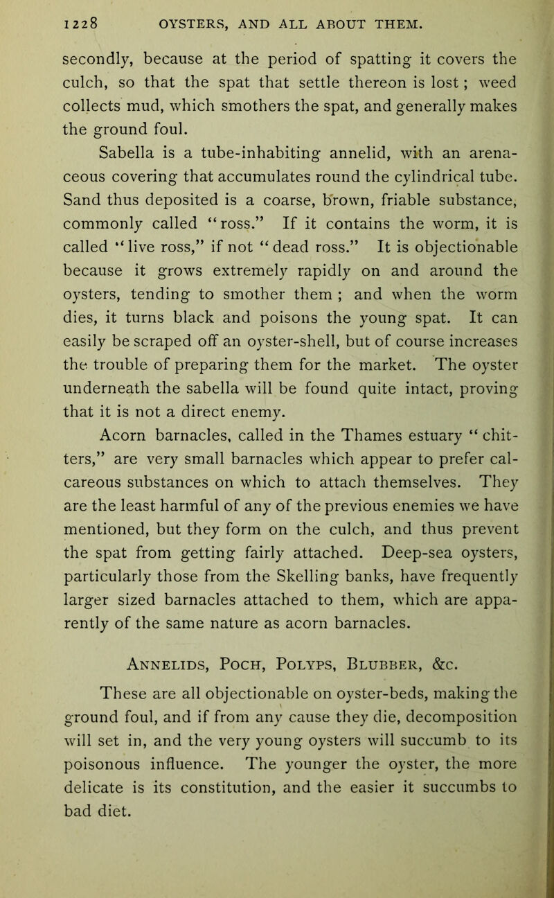 secondly, because at the period of spatting it covers the culch, so that the spat that settle thereon is lost; weed collects mud, which smothers the spat, and generally makes the ground foul. Sabella is a tube-inhabiting annelid, with an arena- ceous covering that accumulates round the cylindrical tube. Sand thus deposited is a coarse, b'rown, friable substance, commonly called “ross.” If it contains the worm, it is called “live ross,” if not “dead ross.” It is objectionable because it grows extremely rapidly on and around the oysters, tending to smother them ; and when the worm dies, it turns black and poisons the young spat. It can easily be scraped off an oyster-shell, but of course increases the trouble of preparing them for the market. The oyster underneath the sabella will be found quite intact, proving that it is not a direct enemy. Acorn barnacles, called in the Thames estuary “ chit- ters,” are very small barnacles which appear to prefer cal- careous substances on which to attach themselves. They are the least harmful of any of the previous enemies we have mentioned, but they form on the culch, and thus prevent the spat from getting fairly attached. Deep-sea oysters, particularly those from the Skelling banks, have frequently larger sized barnacles attached to them, which are appa- rently of the same nature as acorn barnacles. Annelids, Poch, Polyps, Blubber, &c. These are all objectionable on oyster-beds, making the ground foul, and if from any cause they die, decomposition will set in, and the very young oysters will succumb to its poisonous influence. The younger the oyster, the more delicate is its constitution, and the easier it succumbs to bad diet.