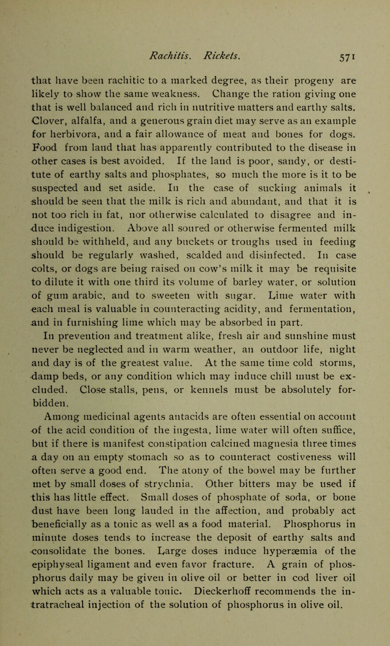 that have been rachitic to a marked degree, as their progeny are likely to show the same weakness. Change the ration giving one that is well balanced and rich in nutritive matters and earthy salts. Clover, alfalfa, and a generous grain diet may serve as an example for herbivora, and a fair allowance of meat and bones for dogs. Food from land that has apparently contributed to the disease in other cases is best avoided. If the land is poor, sandy, or desti- tute of earthy salts and phosphates, so much the more is it to be suspected and set aside. I11 the case of sucking animals it should be seen that the milk is rich and abundant, and that it is not too rich in fat, nor otherwise calculated to disagree and in- duce indigestion. Above all soured or otherwise fermented milk should be withheld, and any buckets or troughs used in feeding should be regularly washed, scalded and disinfected. I11 case colts, or dogs are being raised 011 cow’s milk it may be requisite to dilute it with one third its volume of barley water, or solution of gum arabic, and to sweeten with sugar. Lime water with each meal is valuable in counteracting acidity, and fermentation, and in furnishing lime which may be absorbed in part. In prevention and treatment alike, fresh air and sunshine must never be neglected and in warm weather, an outdoor life, night and day is of the greatest value. At the same time cold storms, •damp beds, or any condition which may induce chill must be ex- cluded. Close stalls, pens, or kennels must be absolutely for- bidden. Among medicinal agents antacids are often essential on account of the acid condition of the ingesta, lime water will often suffice, but if there is manifest constipation calcined magnesia three times a day on an empty stomach so as to counteract costiveness will often serve a good end. The atony of the bowel may be further met by small doses of strychnia. Other bitters may be used if this has little effect. Small doses of phosphate of soda, or bone dust have been long lauded in the affection, and probably act beneficially as a tonic as well as a food material. Phosphorus in minute doses tends to increase the deposit of earthy salts and consolidate the bones. Large doses induce hypersemia of the epiphyseal ligament and even favor fracture. A grain of phos- phorus daily may be given in olive oil or better in cod liver oil which acts as a valuable tonic. Dieckerhoff recommends the in- tratracheal injection of the solution of phosphorus in olive oil.