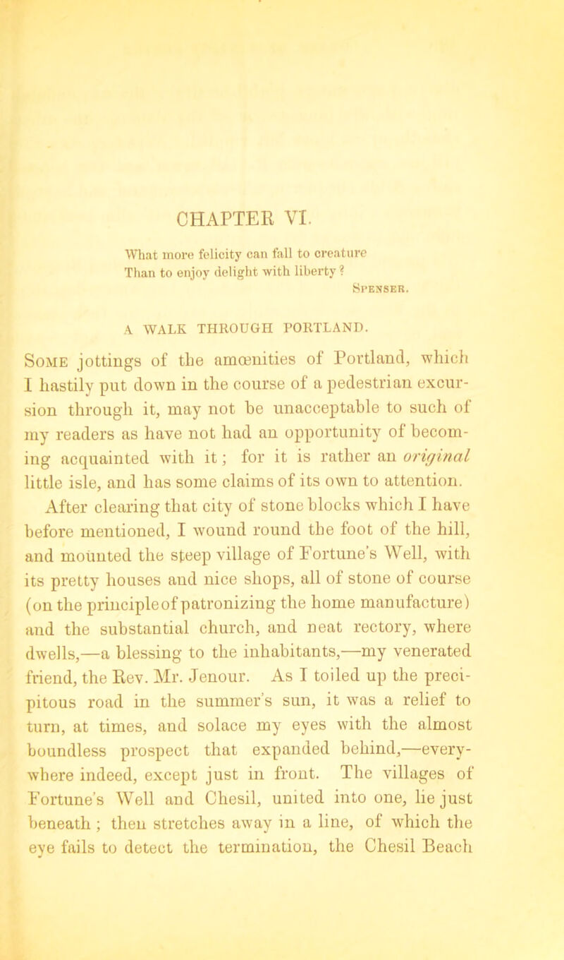 CHAPTER VI. What more felicity can fall to creature Than to enjoy delight with liberty ? Spenser. WALK THROUGH PORTLAND. Some jottings of the amcenities of Portland, which I hastily put clown in the course of a pedestrian excur- sion through it, may not he unacceptable to such of my readers as have not had an opportunity of becom- ing acciuainted with it; for it is rather an original little isle, and has some claims of its own to attention. After clearing that city of stone blocks which I have before mentioned, I wound round the foot of the hill, and mounted the steep village of Portune’s Well, with its pretty houses and nice shops, all of stone of course (on the principleof patronizing the home manufacture) and the substantial church, and neat rectory, where dwells,—a blessing to the inhabitants,—my venerated friend, the Rev. Mr. Jenour. As I toiled up the preci- pitous road in the summer’s sun, it was a relief to turn, at times, and solace my eyes with the almost boundless prospect that expanded behind,—every- where indeed, except just in front. The villages of Fortune’s Well and Chesil, united into one, lie just beneath; then stretches away in a line, of which the eye fails to detect the termination, the Chesil Beach