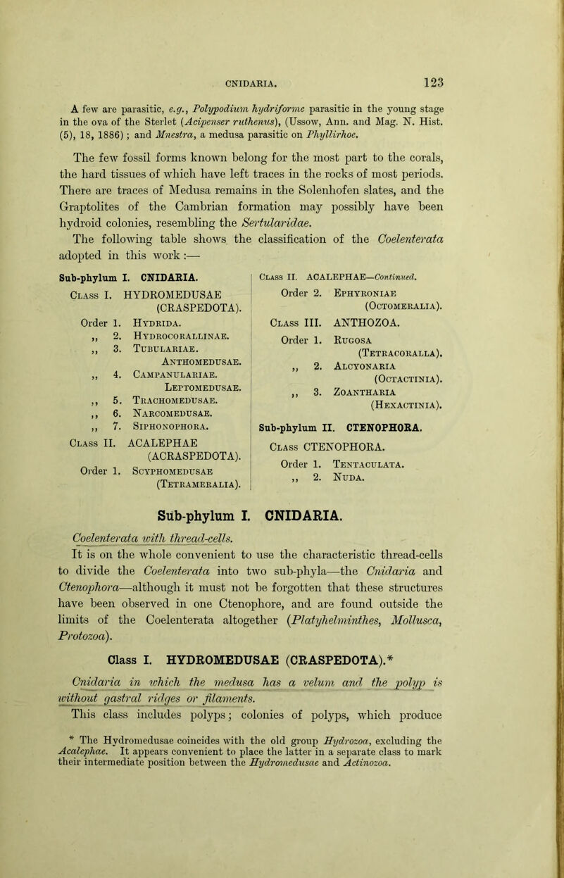 A few are parasitic, e.g., Polypodium hydriforme parasitic in the young stage in the ova of the Sterlet (Acipenser ruthemis), (Ussow, Ann. and Mag. N. Hist. (5), 18, 1886); and Mnestra, a medusa parasitic on Phyllirhoe. The few fossil forms known belong for the most part to the corals, the hard tissues of which have left traces in the rocks of most periods. There are traces of Medusa remains in the Solenhofen slates, and the Graptolites of the Cambrian formation may possibly have been liydroid colonies, resembling the Sertulariclae. The following table shows the classification of the Coelenterata adopted in this work:— Sub-phylum I. CNIDAEIA. Class I. HYDROMEDUSAE (CRASPEDOTA). Order 1. Hydkida. „ 2. Hydeocorallinae. ,, 3. Tubulaeiae. Anthomedusae. ,, 4. Campanulaeiae. Leptomedusae. ,, 5. Trachomedusae. ,, 6. Narcomedusae. ,, 7. SiPHONOPHORA. Class II. ACALEPHAE (ACRASPEDOTA). Order 1. Scyphomedusae (Teteameralia). Sub-phylum I. CNIDARIA. Coelenterata tvitli thread-cells. It is on the whole convenient to use the characteristic thread-ceUs to divide the Coelenterata into two sub-phyla—the Cnidaria and Ctenopliora—although it must not be forgotten that these structures Irave been observed in one Ctenophore, and are found outside the limits of the Coelenterata altogether {Platylielmintlies, Mollusca, Protozoa). Class I. HYDROMEDUSAE (CRASPEDOTA).* Cnidaria in tvliich the medusa has a velum and the polyp is without gastral ridges or filaments. This class includes polyps; colonies of polyps, which produce Class II. ACALEPHAE—Continued. Order 2. Ephyroniae (Octomeralia). Class III. ANTHOZOA. Order 1. Rugosa (Teteacoealla). „ 2. Alcyonaria (Octactinia). ,, 3. ZOANTHARIA (Hexactinia). Sub-phylum II. CTENOPHORA. Class CTENOPHORA. Order 1. Tentaculata. ,, 2. Nuda. * The Hydromedusae coincides with the old group Hydrozoa, excluding tlie Aealephae. It appears convenient to place the latter in a separate class to mark their intermediate position between the Hydronnedusae and Actinozoa.