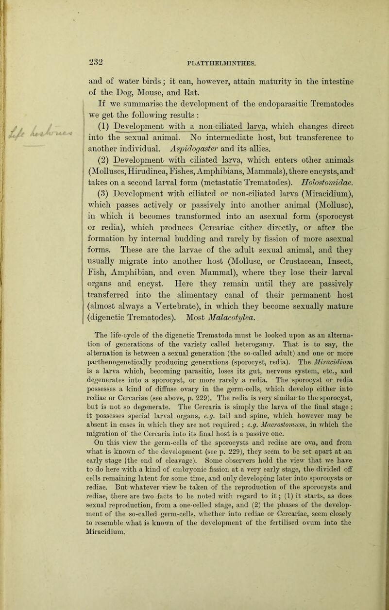 and of water birds; it can, however, attain maturity in the intestine of the Dog, Mouse, and Rat. If we summarise the development of the endoparasitic Trematodes we get the following results : (1) Development with a non-ciliated larya, which changes direct into the sexual animal. Ro intermediate host, but transference to another individual. Aspiclogaster and its allies. (2) Development with ciliated larva, which enters other animals (Molluscs, Hirudinea, Fishes, Amjjhibians, Mammals), there encysts, and takes on a second larval form (metastatic Trematodes). Holostomidae. (3) Development with ciliated or non-ciliated larva (Miracidium), which passes actively or passively into another animal (Mollusc), in which it becomes transformed into an asexual form (sporocyst or redia), which produces Cercariae either directly, or after the formation by internal budding and rarely by fission of more asexual forms. These are the larvae of the adult sexual animal, and they usually migrate into another host (Mollusc, or Crustacean, Insect, Fish, Ami^hibian, and even Mammal), where they lose their larval ! organs and encyst. Here they remain until they are passively j transferred into the alimentary canal of their permanent host [ (almost always a Vertebrate), in which they become sexually mature ) (digenetic Trematodes). Most Malacotylea. The life-cycle of the digenetic Trematoda must he looked upon as an alterna- tion of generations of the variety called heteroganiy. That is to say, the alternation is between a sexual generation (the so-called adult) and one or more parthenogenetically producing generations (sporocyst, redia). The Miracidium is a larva which, becoming parasitic, loses its gut, nervous system, etc., and degenerates into a sporocyst, or more rarely a redia. The sporocyst or redia possesses a kind of diffuse ovary in the germ-cells, which develop either into rediae or Cercariae (see above, p. 229). The redia is very similar to the sporocyst, but is not so degenerate. The Cercaria is simply the larva of the final stage ; it possesses special larval organs, e.g. tail and spine, which however may be absent in cases in which they are not required ; e.g. Macrostommn, in which the migi-ation of the Cercaria into its final host is a passive one. On this view the germ-cells of the sporocysts and rediae are ova, and from what is known of the development (see p. 229), they seem to be set apart at an early stage (the end of cleavage). Some observers hold the view that we have to do here with a kind of embryonic fission at a very early stage, the divided off cells remaining latent for some time, and only developing later into sporocysts or rediae. But whatever view be taken of the reproduction of the sporocysts and rediae, there are two facts to be noted with regard to it; (1) it starts, as does sexual reproduction, from a one-celled stage, and (2) the phases of the develoj)- ment of the so-called germ-cells, whether into rediae or Cercariae, seem closely to resemble what is known of the development of the fertilised ovum into the Miracidium.