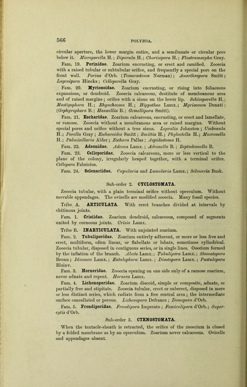 circular aperture, the lower margin entire, and a semilunate or circular pore below it. Microporella H.; Diporula H.; Chorizopora H.; Flustramorpha Gray. Fam. 19. Porinidae. Zoariuni encrusting, or erect and ramified. Zooecia with a raised tubular or subtubular orifice, and frequently a special pore on the front wall. Forma, d’Orb. {Tessaradoma Norman); Anarthropora Smitt; Lagenipora Hincks ; Cellcporella Gray. Fam. 20. Myriozoidae. Zoarium encrusting, or rising into foliaceous expansions, or dendroid. Zooecia calcareous, destitute of membranous area and of raised margins ; orifice with a sinus on the lower lip. Schizoporella H.; Mastigophora H.; Rhynchozoon H.; Hippothoa Lamx.; Myriozoum Donati ; {Gephyropliora B.; Easwellia B.; Gemellipora Smitt). Fam. 21. Escharidae. Zoarium calcareous, encrusting, or erect and lamellate, or ramose. Zooecia without a membranous area or raised margins. Without special pores and orifice without a true sinus. Lcpralia Johnston ; Umlonula H.; Porella Gray; Escliaroides Smitt; Smiltia'H..-, Phylactella H.; Mucronella H.; Palmicellaria MAex ; Pallas ; AspidostomaH. Fam. 22. Adeonidae. Adeona Lamx. ; Adeonella B. ; Reptadeonella B. Fam. 23. Celleporidae. Zooecia calcareous, more or less vertical to the plane of the colony, irregularly heaped together, with a terminal orifice. Cellepora Fabricius. Fam. 24. Selenariidae. Capularia and Lumilaria Lamx.; Selenaria Busk. Sub-order 2. CYCLOSTOMATA. Zooecia tubular, with a plain terminal orifice without operculum. Without movable appendages. The ovicells are modified zooecia. Many fossil species. Tribe A. AKTICULATA. With erect branches divided at intervals by chitinous joints. Fam. 1. Crisiidae. Zoarium dendroid, calcareous, composed of segments united by corneous joints. Crisia Lamx. Tribe B. INAETICULATA. With unjointed zoarium. Fam. 2. Tubuliporidae. Zoarium entirely adherent, or more or less free and erect, multiform, often linear, or flabellate or lobate, sometimes cylindrical. Zooecia tubular, disposed in contiguous series, or in single lines. Ooecium formed by the inflation of the branch. ^ZcctoLamx.; Tuhulipora Lsmi'x.. ■, Stmruitopora Bronn ; Idmonea Lamx.; Entalophora Lamx. ; Diastopora Lamx. ; Pustulopora Blainv. Fam. 3. Horneridae. Zooecia opiening on one side only of a ramose zoarium, never adnate and repent. Hornera Lamx. Fam. 4. Lichenoporidae. Zoarium discoid, simple or composite, adnate, or partially free and stipitate. Zooecia tubular, erect or suberect, disposed in more or less distinct series, which radiate from a free central area; the intermediate .surface cancellated or porous. Lichenopora Defiance ; Domopora d’Orb. Fam. 5. Frondiporidae. Frondipora Iinjierato ; Faseiculipora d’Orb.; Super- cytis d’Orb. Sub-order 3. CTENOSTOMATA. When the tentacle-sheath is retracted, the orifice of the zooecium is closed by a folded membrane as by an operculum. Zoarium never calcareous. Ovicells and appendages absent.