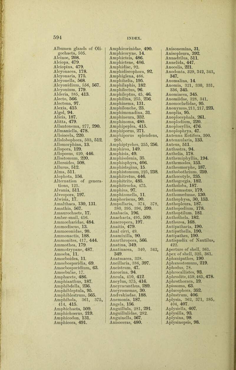 Albumen glands of Oli- gochaeta, 505. Alcinoe, 208. Alciopa, 479. Alciopina, 479. Alcyonacea, 178. Alcyonaria, 175. Alcyonella, 568. Alcyonidium, 556, 567. Alcyoniuni, 179. Alderia, 385, 413. Alecto, 566. Alectona, 97. Alexia, 415. Algol, 94. Alicia, 187. Alitta, 479. Allantonema, 277, 290. Allmaniella, 478. Alloiocela, 220. Allolobopliora, 503, 512. Allonioi'pliina, 13. Allopora, 129. Alloposus, 420, 446. Allostonmm, 220. Alluvoides, 508. Allurus, 512. Alma, 511. Alophota, 156. Alternation of genera- tions, 121. Alvania, 511. Alveopora, 197. Alwisia, 17. Amaltbaea, 130, 131. Aniathia, 567. Amaurocliaete, 17. Amber-snail, 416. Ammocliaridae, 484. Ammodiscus, 13. Ammoconidae, 98. Ammonaotis, 188. Ammonites, 417, 444. Ammothea, 179. Ammotrypane, 487. Amoeba, 11. Amoeboidea, 11. Amoebosporidia, 69. Amoebos[)oridium, 63. Amoebnlae, 17. Ampharete, 486. Amjihiantlius, 187. Amphibdella, 236. Amphibleptula, 95. Amphiblcstrnm, 565. Ampbibola, 361, 375, 414, 415. Ampbicbaeta, 509. Amphiclioerus, 219. Amphicodon, 131. Ampliicora, 491. Amphicorinidae, 490. Amphicoryne, 14. Amj)hicteis, 486. Amphictene, 486. Ampliidisc, 92. Amphidiscophora, 92. Ampbiglena, 466. Ampluhelia, 195. Amphilaphis, 182. Ampbilectus, 96. Ampbileptiis, 45, 46. Amphilina, 255, 256. Amphinema, 131. Amphilonche, 23. Amphimonadina, 31. Amphineura, 352. Ampliinoma, 480. Amphipeplea, 415. AmphipoT’us, 271. Amphiporu.s splendens, 268. Ampbiptycbes, 255, 256. Ampbiroa, 149. Ampbisia, 49. Ampbisolenia, 35. Ampbisphyra, 406. Ampbistegiiia, 15. Ampbistomum, 225, 238. Ampliitretus, 446. Amplutrite, 485. Ampbitroclia, 475. Ampbiiis, 97. Ampbizonella, 11. Ampboriscus, 90. Ampullaria, 374, 378, 380, 395, 396, 399. Anabacia, 196. Anacbaeta, 495, 509. Anacropora, 197. Anaitis, 479. Anal cirri, 49. Anamixilla, 90. Anartbropora, 566. Anatina, 349. Anatinacea, 340, 342, 349. Anatmacea, 328. Ancillaria, 386, 397. Ancistrum, 47. Ancorina, 94. Ancula, 410, 412. Ancylus, 375, 416. Ancyracantlnis, 289. Ancyromonas, 30. Andvabiadae. 188. Anemonia, 187. Angela, 156. Anguillula, 281, 291. Anguillulidae, 282. Anguinella, 567. Anisoceras, 480. Anisoiiemina, 31. Anisopleura, 392. Annadrilus, 511. Annelida, 447. Anocelis, 221. Anodonta, 329, 342, 343, 347. Anomalina, 14. Anomia, 321, 330, 331, 336, 345. Anomiacea, 345. Anomiidae, 328, 341. Anomocladidae, 95. Anonymns,211,217,223. Anoplia, 95. Anoplocepbala, 261. Anojdodium, 220. Anoplosyllis, 476. Anojdopbrya, 47. Antenna Rotifera, 300. Antennularia, 133. Anteus, 511. Antbastra, 94. Antbelia, 178. Antbemipbyllia, 194. Antbemodes, 153. Antbeomorpbe, 187. Antbobotbriuni. 259. Antbocotyle, 235. Antbogorgia, 182. Antboloba, 187. Antbomastus, 179. Antbomedusae, 130. Antbopbysa, 30, 153. Antboplenra, 187. Anthopodium, 178. Antboptilum. 181. Antbotbela, 182. Antbozoa, 168. Antipatbaria, 190. Antipatbella, 190. Antipatbes, 190. Antispadix of Nautilus, 422. Aperture of sbell, 361. Apex of .sbell, 325, 361. Apbanipatbes, 190. Apbanostomum, 219. Apbodus, 78. Apbrocallistes, 93. Ajibrodite.459,465, 478. Apbrotboraca, 19. Apiosoma, 63. Aplacopbora, 352. Aplustrum, 406. Aplysia, 362, 371, 385, 404, 407. Aplysiella, 407. Aplysilla, 93. Aplysina, 98. Aplysinopsis, 98.