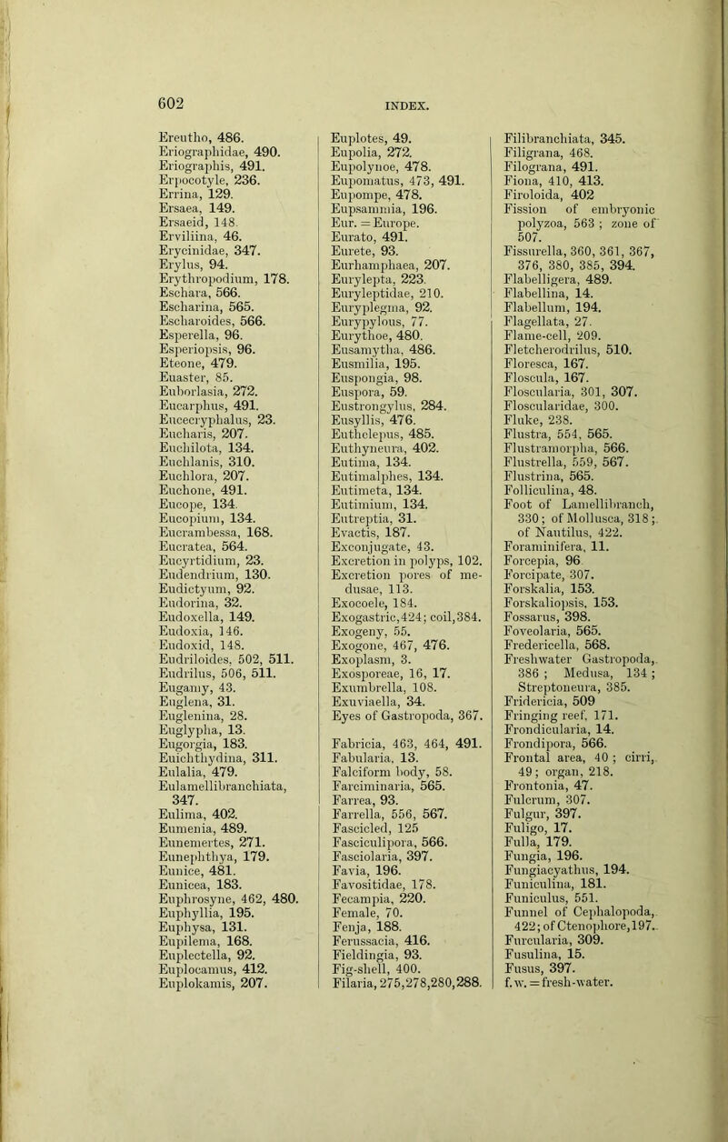 Ereutho, 486. Eriographidae, 490. Eriograpliis, 491. Erpoootyle, 236. Erriua, 129. Ersaea, 149. Ersaeid, 148. Erviliina, 46. Erycinidae, 347. Eryhis, 94. Erythropodinm, 178. Eschaia, 566. Escharina, 665. Escharoides, 566. E.sperella, 96. Esperiojisis, 96. Eteoiie, 479. Euaster, 85. Euborlasia, 272. Eucarpims, 491. Encecryphalus, 23. Eucliaris, 207. Enchilota, 134. Euchlanis, 310. Eiichlora, 207. Euchoiie, 491. Eucope, 134. Eiicopiuni, 134. Eucrambessa, 168. Eucratea, 564. Euoyrtidium, 23. Eudeiidiium, 130. Eudiotyum, 92. Eudoriiia, 32. Eudoxella, 149. Eudo.xia, 146. Endoxid, 148. Eiidriloides. 502, 511. Eudiilus, 506, 511. Euganiy, 43. Euglena, 31. Eugleiima, 28. Euglypha, 13. Eugoi’gia, 183. Euichthydina, 311. Eulalia, 479. Eulamellibranohiata, 347. Eulima, 402. Eumenia, 489. Euueniei'tes, 271. Eunephthya, 179. Eunice, 481. Eunicea, 183. Euplirosyne, 462, 480. Eujjhyllia, 195. Euphysa, 131. Eupilenia, 168. Eupleotella, 92. Eu2ilocamu.s, 412. Euplokamis, 207. Euplotes, 49. Eupolia, 272. Eupolyiioe, 478. Eupomatus, 473, 491. Eu2iompe, 478. Eup.sannuia, 196. Eur. = Europe. Eurato, 491. Eurete, 93. Eurhanijihaea, 207. Eurylepta, 223. Euryleptidae, 210. Euryplegtua, 92. Euryiiylous, 77. Eurytboe, 480. Eusamytha, 486. Eusmilia, 195. Euspoiigia, 98. Eusiiora, 59. Eustrougylus, 284. Eusylli.s, 476. Euthelepus, 485. Euthyneura, 402. Eutinia, 134. Eutinialphes, 134. Eutimeta, 134. Eutimiuni, 134. Eutreptia, 31. Evactis, 187. Exconjugate, 43. E.xcretioii in jiolyjw, 102. Excretion pores of me- dusae, 113. Exocoele, 184. Exogastrio,424; coil,384. Exogeny, 55. Exogone, 467, 476. Exoplasm, 3. Exosporeae, 16, 17. Exumbrella, 108. Exuviaella, 34. Eyes of Gastropoda, 367. Fabricia, 463, 464, 491. Fabularia, 13. Falciform body, 58. Farcimiuaria, 565. Farrea, 93. Farrella, 556, 567. Fascicled, 12.5 Fasciculipora, 566. Fasciolaria, 397. Fa via, 196. Favositidae, 178. Fecarapia, 220. Female, 70. Fenja, 188. Ferussacia, 416. Fieldingia, 93. Fig-sbell, 400. Filaria, 275,278,280,288. Filibrancbiata, 345. Filigrana, 468. Filograna, 491. Fiona, 410, 413. Firoloida, 402 Fission of embryonic polyzoa, 563 ; zone of 507. Fissurella, 360, 361, 367, 376, 380, 385, 394. Flabelligera, 489. Flabellina, 14. Flabellum, 194. Flagellata, 27. Flame-cell, 209. Fletcherodrilus, 510. Floresca, 167. Floscula, 167. Floscularia, 301, 307. Floscularidae, 300. Fluke, 238. Flustra, 554, 565. Flustraniorpha, 566. Flustrella, 559, 567. Flustrina, 565. Folliculina, 48. Foot of Lamellibrancli, 330 ; of Mollusca, 318 ; of Nautilus, 422. Foraminifera, 11. Forcepia, 96 Forcipate, 307. Forskalia, 153. Forskalio])sis, 153. Fossarus, 398. Foveolaria, 565. Fredericella, 568. Freshwater Gastropoda, 386 ; Medusa, 134 ; Streptoneura, 385. Fridericia, 509 Fringing reef, 171. Frondicularia, 14. Frondipora, 566. Frontal area, 40 ; cirri, 49; organ, 218. F'rontonia, 47. Fulcrum, 307. Fulgur, 397. Fuligo, 17. Fulla, 179. Fungia, 196. Fungiacyathus, 194. Funiculina, 181. Funiculus, 551. Funnel of Cephalopoda, 422; of Cteno])hore,197. Furcularia, 309. Fusulina, 15. Fusus, 397. f.w. — fresh-water.