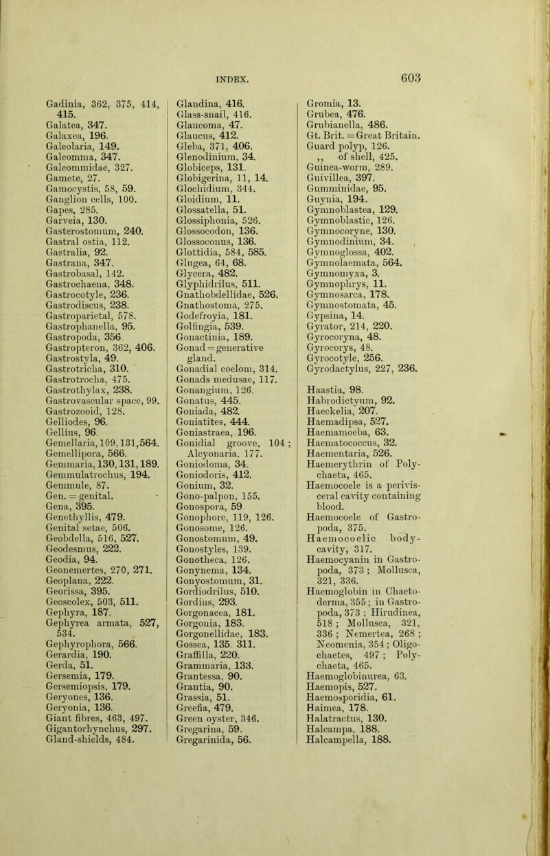 Gadinia, 362, 375, 414, 415. Galatea, 347. Galaxea, 196. Galeolaria, 149. Galeomma, 347. Galeommidae, 327. Gamete, 27. Gamocystis, 58, 59. Ganglion cells, 100. Gapes, 285. Garveia, 130. Gasterostomnm, 240. Gastral ostia, 112. Gastralia, 92. Gasti’ana, 347. Gastrobasal, 142. Gastrochaena, 348. Gastrocotyle, 236. Gastrodiscns, 238. Gastroparietal, 578. Gastroplianella, 95. Gastropoda, 356 Gastropteron, 362, 406. Gastrostyla, 49. Gastrotriclia, 310. Gasti'otrocha, 475. Gastrotliylax, 238. Gastrovascnlar space, 99. Gastrozooid, 128. Gelliodes, 96. Gellins, 96. Geinellaria, 109,131,564. Gemellipora, 566. Gemmaria, 130,131,189. Gemmulatrooluis, 194. Geminule, 87. Gen. = genital. Gena, 395. Genethyllis, 479. Genital setae, 506. Geobdella, 516, 527. Geodesnins, 222. Geodia, 94. Geonemertes, 270, 271. Geoplana, 222. Georissa, 395. Geo.scolex, 503, 511. Gephyra, 187. Gephyrea arinata, 527, 534. Gephyropbora, 566. Gerardia, 190. Gerda, 51. Gersemia, 179. Gersemiopsis, 179. Geryones, 136. Geryonia, 136. Giant fibres, 463, 497. Gigantorliynchus, 297. Gland-shields, 484. Glandina, 416. Glass-snail, 416. Glaucoma, 47. Glaucus, 412. Gleba, 371, 406. Glenodinium, 34. Globiceps, 131. Globigerina, 11, 14. Glochidium, 344. Gloidium, 11. Glossatella, 51. Glossiphonia, 526. Glossocodon, 136. Glossoconus, 136. Glottidia, 584, 585. Glugea, 64, 68. Glycera, 482. Glyphidrilus, 511. Gnatliobdellidae, 526. Gnatliostoma, 275. Godefroyia, 181. Golfingia, 539. Gonactinia, 189. Gonad = generative gland. Gonadial coelom, 314. Gonads medusae, 117. Gonanginm, 126. Gonatus, 445. Goniada, 482. Goniatites, 444. Goniastraea,. 196. Gonidial groove, 104; Alcyonaria. 177. Goniodoma, 34. Goniodoris, 412. Gonium, 32. Gono-palpon, 155. Gonospora, 59 Gonophore, 119, 126. Gonosome, 126. Gonostomum, 49. Gonostyles, 139. Gonotlieca. 126. Gonynema, 134. Gonyostomum, 31. Gordiodrilns, 510. Gordins, 293. Gorgonacea, 181. Gorgonia, 183. Gorgonellidae, 183. Gossea, 135 311. Graffilla, 220. Grammaria, 133. Grantessa. 90. Grantia, 90. Grassia, 51. Greefia, 479. Green oyster, 346. Gregarina, 59. Gregarinida, 56. Gromia, 13. Grubea, 476. Grubianella, 486. Gt. Brit. = Great Britain. Guard polyp, 126. , , of shell, 425. Guinea-worm, 289. Guivillea, 397. Gumminidae, 95. Gnyuia, 194. Gymnoblastea, 129. Gymnoblastic, 126. Gymnocoryne, 130. Gymnodinium, 34. , Gyninoglossa, 402. Gymnolaemata, 564. Gymnomyxa, 3. Gymnophrys, 11. Gymnosarca, 178. Gymnostomata, 45. Gypsina, 14. Gyrator, 214, 220. Gyrocoryna, 48. Gyroeorys, 48. Gyrocotyle, 256. Gyrodactylus, 227, 236. Haastia, 98. Habrodictyum, 92. Haeckelia, 207. Haemadij)sa, 527. Haeniamoeba, 63. Haematococcus, 32. Haementaria, 526. Haemerythrin of Poly- chaeta, 465. Haemocoele is a perivis- ceral cavity containing blood. Haemocoele of Gastro- poda, 375. Haemocoelic body- cavity, 317. Haemocyanin in Gastro- poda, 373 ; Mollusca, 321, 336. Haemoglobin in Chaeto- derma, 355 ; in Gastro- poda, 373 : Hirudinea, 518 ; Mollusca, 321, 336 ; Nemertea, 268 ; Neomenia, 354; Oligo- chaetcs, 497 ; Poly- chaeta, 465. Haemoglobinurea, 63. Haemopis, 527. Haemosporidia, 61. Haimea, 178. Halatractus, 130. Halcampa, 188. Halcampella, 188.