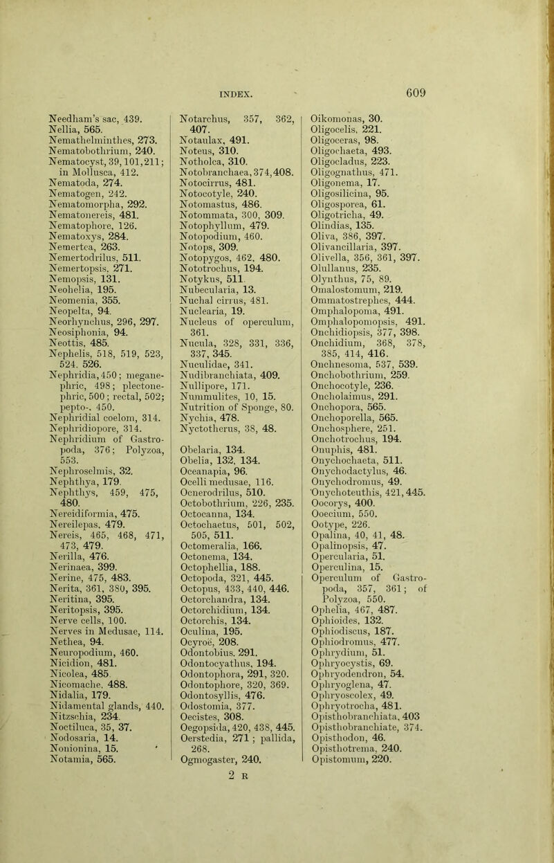 Needham’s sac, 439. Nellia, 565. Nemathelminthes, 273. Nematobothrium, 240. Nematocyst, 39,101,211; in Mollusca, 412. Nematoda, 274. Nematogen, 242. Nematomorpha, 292. Nematonereis, 481. Nematophore, 126. Nematoxys, 284. Nemertca, 263. Nemertodi’ilus, 511. Nemertopsis, 271. Neniopsis, 131. Neohelia, 195. Neonienia, 355. Neopelta, 94. Neorhynohns, 296, 297. Neosiphonia, 94. Neottis, 485. Nephelis, 518, 519, 523, 524. 526. Nephvidia,450; megane- phi’ic, 498; plectone- pliric, 500 ; rectal, 502; pepto-. 450. Ne]ihridial coelom, 314. Nephridiopore, 314. Nepliridium of Gastro- poda, 376; Polyzoa, 553. Nejdiroselmis, 32. Nephtliya, 179. Nephthys, 459, 475, 480. Nereidiformia, 475. Nereilejias. 479. Nereis, 465, 468, 471, 473, 479. Nerilla, 476. Nerinaea, 399. Nerine, 475, 483. Nerita, 361, 380, 395. Neritina, 395. Neritopsis, 395. Nerve cells, 100. Nerves in Medusae, 114. Netliea, 94. Neuropodium, 460. Nicidion, 481. Nioolea, 485, Nioomache. 488. Nidalia, 179. Nidamental glands, 440. Nitzseliia, 234. Noctiluoa, 35, 37. Nodosaria, 14. Nouionina, 15. Notamia, 565. Notarcluis, 357, 362, 407. Notaulax, 491. Noteus, 310. Notholoa, 310. Notobrancliaea, 374,408. Notocirrus, 481. Notocotyle, 240. Notomastus, 486. Notommata, 300, 309. Notophyllum, 479. Notopodium, 460. Notops, 309. Notopygos, 462, 480. Nototrochus, 194. Notykus, 511. Nubecularia, 13. Nucha] cirrus, 481. Nuclearia, 19. Nucleus of ojrerculum, 361. Nucula, 328, 331, 336, 337, 345. Nuculidae, 341. Nudibranchiata, 409. Nullipore, 171. Nummulites, 10, 15. Nutrition of Sponge, 80. Nychia, 478. Nyctotherus, 38, 48. Obelaria, 134. Obelia, 132, 134. Ooeanapia, 96. Ocelli medusae, 116. Ocnerodrilus, 510. Octobothrium, 226, 235. Octocanna, 134. Octochaetus, 501, 502, 505, 511. Octomeralia, 166. Octonenia, 134. Octophellia, 188. Octopoda, 321, 445. Octopus, 433, 440, 446. Octorchandra, 134. Octorchidium, 134. Octorchis, 134. Oculina, 195. Ocyroe, 208. Odontobius. 291. Odontocyathus, 194. Odontophora, 291, 320. Odontophore, 320, 369. Odontosyllis, 476. Odostomia, 377. Oecistes, 308. Oegopsida, 420, 438, 445. Oerstedia, 271; pallida, 268. Ogmogaster, 240. 2 R Oikomonas, 30. Oligocelis, 221. Oligoceras, 98. Oligoehaeta, 493. Oligocladus, 223. Oligognathus, 471. Oligonema, 17. Oligosilicina, 95. Oligosporea, 61. Oligotricha, 49. Olindias, 135. Oliva, 386, 397. Olivancillaria, 397. Olivella, 356, 361, 397. Olullanus, 235. Olynthus, 75, 89. Omalostomum, 219. Omraatostrephes, 444. Omphalopoma, 491. Omj)halopomopsis, 491. Onchidiopsis, 377, 398. Onchidium, 368, 378, 385, 414, 416. Onohnesoma, 537, 539. Onchobothrium, 259. Onchocotyle, 236. Onoholaimus, 291. Onchopora, 565. Onchoporella, 565. Onchosphere, 251. Onchotrochus, 194. Onuphis, 481. Onychochaeta, 511. Onychodactylus, 46. Onychodromus, 49. 'Ouychoteutliis, 421,445. Oocorys, 400. Ooecium, 550. Ootype, 226. Opalina, 40, 41, 48. Opalinopsis, 47. Opercularia, 51. Operculiiia, 15. Oj)erculum of Gastro- poda, 357, 361; of Polyzoa, 550. Ophelia, 467, 487. Ophioides, 132. Ophiodiscus, 187. Ophiodromus, 477. Ophrydium, 51. Opliryocystis, 69. Ophryodendron, 54. Ophryoglena, 47. Ojihryoscolex, 49. Ophryotrocha, 481. Opisthobranehiata, 403 Opisthobranchiate, 374. Opisthodon, 46. 0}hsthotrema, 240. Opistomum, 220.