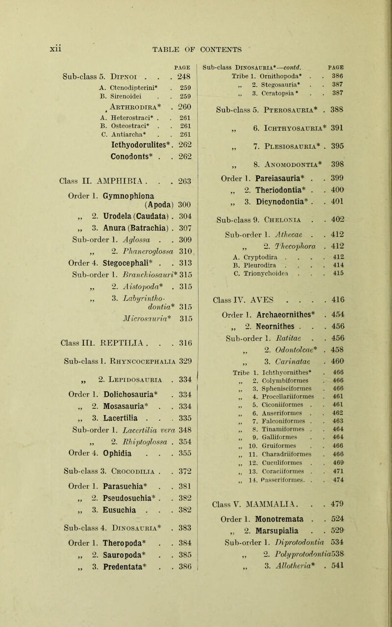 PAGE Sub-class 5. Dipnoi . 248 A. Ctcnodipterini* 259 B. Sirenoidei 259 _ Aetheodiea* 260 A. Heterostraci* . 261 B. Osteostraci* . 261 I C. Antiarcha* 261 Icthyodorulites*. 262 Conodonts* . 262 Class II. AMPHIBIA . . . 263 Order 1. Gymnophiona (Apoda) 300 „ 2. Urodela(Caudata) . 304 „ 3. Anura (Batrachia) . 307 Sub-order 1. Aglossa . 309 ,, 2. Phaneroglosna 310 Order 4. Stegocephali* . 313 Sub-order 1. RranchiosaurP 315 „ 2. Aistopoda* 315 „ 3. Labtjrintlio- dontia* 315 Microsauria* 315 Class III. REPTILIA. . . 316 Sub-class 1. Rhyncocephalia 329 „ 2. Lepidosaueia . 334 1 Order 1. Dolichosauria* 334 „ 2. Mosasaurla* 3.34 „ 3. Laeertilia . 335 Sub-order 1. Laeertilia vera 348 „ 2. Bhiptoglnssa . 354 Order 4. Ophidia 355 Sub-class 3. Ceocodilia . 372 Order 1. Parasuchia* 381 „ 2. Pseudosuchia* . 382 „ 3. Eusuchia . . . 382 Sub-class 4. Dinosaueia* 383 Order 1. Theropoda* 384 „ 2. Sauropoda* 385 „ 3. Predentata* 386 1 Sub-class Dinosauria*—contd. PAGE Tribe 1. Ornithopoda* . . 386 „ 2. Stegosauria* . . 387 „ 3. Ceratopsia* . . 387 Sub-class 5. Pterosatjeia* . 388 „ 6. ICHTHYOSAUEIA* 391 „ 7. Plesiosaueia* . 395 „ 8. Anomodontia* 398 Order 1. Pareiasauria* . . 399 „ 2. Theriodontia* . . 400 „ 3. Dicynodontia* . . 401 Sub-class 9. Chelokia . . 402 Sub-order 1. A thecae . . 412 „ 2. 1‘hecophora, . 412 A. Cryptodira . . . .412 B. Pleurodira . . . .414 C. Trionychoidea . . 415 Class IV. AVES . . . .416 Order 1. Archaeornithes* . 454 „ 2. Neornithes . . . 456 Sub-order 1. Ratitae . . 456 ,, 2. Odontolcne* . 458 ,, 3. Carinafae . 460 Tribe 1. Ichthyornithes* . 466 „ 2. Colymbiformes . 466 „ 3. SpheniscLformes . 466 „ 4. Procellariiformes . 461 „ 5. Ciconiitormes . . 461 „ 6. Anseriformes . . 462 „ 7. Falconiformes . . 463 „ 8. Tinamiformes . . 464 „ 9. Galliformes . . 464 „ 10. Gruiformes . . 466 „ 11. Cbaradriiformes . 466 „ 12. Cuciiliformes . 469 „ 13. Coraciit'ormes . . 471 „ l .t. Passeriformes. . . 474 Class V. MAMMALIA. . . 479 Order 1. Monotremata . . 524 „ 2. Marsupialia . . 529 Sub-order 1. Diprotodontia 534 ,, 2. Polyprotodoniia53& „ 3. Allotheria* . 541