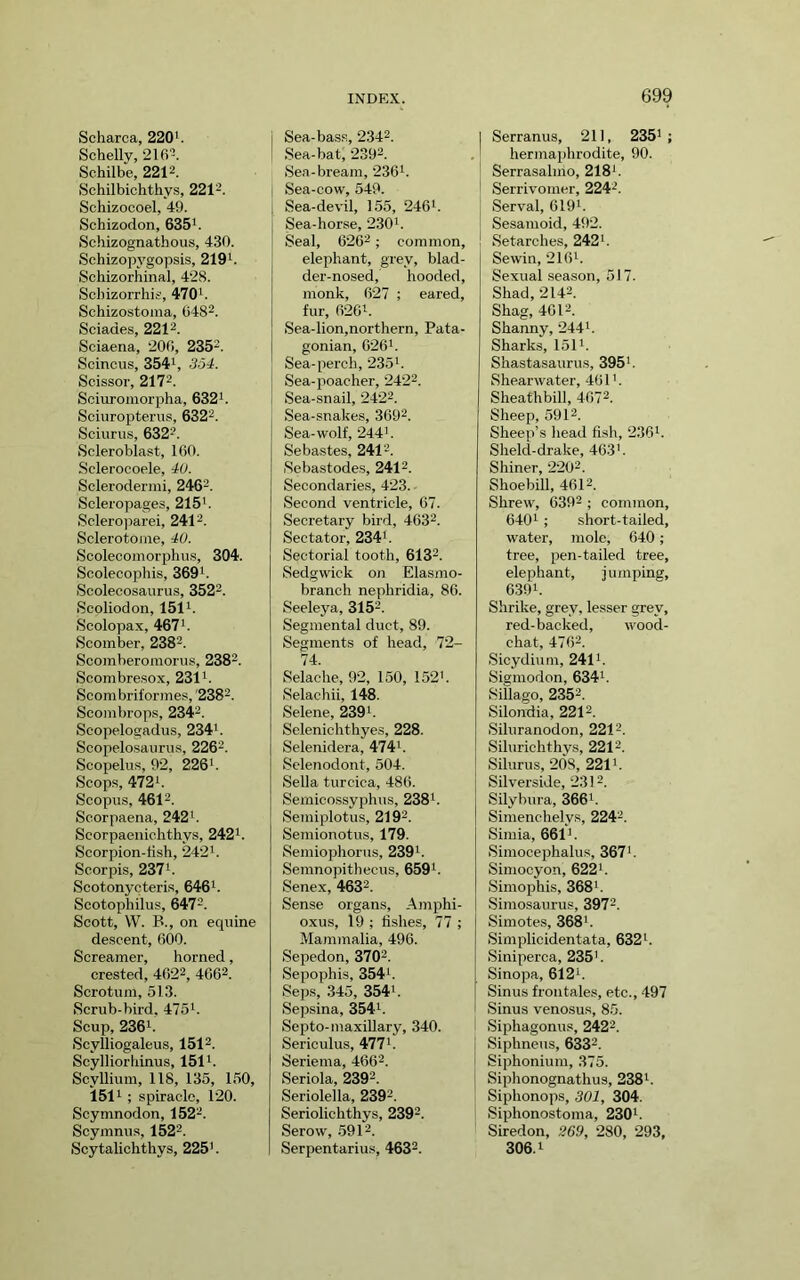 Schelly, 216-. Schilbe, 2212. Schilbichthys, 2212. Schizocoel, 49. Schizodon, 635’. Schizognathous, 430. Schizopygopsis, 219’. Schizorhinal, 428. iScbizorrhis, 470’. Schizostoina, C482. Sciades, 2212. Sciaena, 200, 2352. Scincus, 354’, 354. Scissor, 2172. Sciuromorpha, 632’. Sciuropterus, 6322. Sciurus, 6322. Scleroblast, 160. Sclerocoele, 40. Sclerodermi, 2462. Scleropages, 215’. Sclerojiarei, 2412. Sclerotome, 40. Scolecomorphus, 304. Scolecophis, 369’. Scolecosaurus, 3522. Scoliodon, 151’. Scolopax, 467’. Scomber, 2382. Scoinberomorus, 2382. Scombresox, 231’. Scombriformes, '2382. Scombrops, 2342. Scopelogadus, 234’. Scopelo.saurus, 2262. Scopelus, 92, 226’. Scop.s, 472’. Scopus, 4612. Soorpaena, 242’. Scorpaeniehthys, 242’. Scorpion-fish, 242’. Scorpis, 237’. Scotonycteris, 646’. Scotophilus, 6472. Scott, W. E., on equine descent, 600. Screamer, horned, crested, 4622, 4062. Scrotum, 513. Scrub-bird, 475’. Scup, 236’. Scylliogaleus, 1512. Scylliorhinus, 151’. Scyllium, 118, 135, 150, 151’ ; spiracle, 120. Scymnodon, 1522. Scymnus, 1522. Scytalichthys, 225'. INDEX. ! Sea-bat, 2392. Sea-bream, 236’. j Sea-cow, 549. I Sea-devil, 155, 246’. Sea-horse, 230’. Seal, 6262. common, elephant, grey, blad- der-nosed, hooded, monk, 627 ; eared, fur, 626’. Sea-lion,northern, Pata- gonian, 626’. Sea-perch, 235’. Sea-poacher, 2422. Sea-snail, 2422. Sea-snakes, 3692. Sea-wolf, 244'. Sebastes, 2412. Sebastodes, 2412. Secondaries, 423. Second ventricle, 67. Secretary bird, 4632. Sectator, 234'. Sectorial tooth, 6I32. Sedgwick on Elasmo- branch nephridia, 86. Seeleya, 3152. Segmental duct, 89. Segments of head, 72- 74. Selache, 92, 150, 152'. Selachii, 148. Selene, 239’. Selenichthyes, 228. Selenidera, 474’. Selenodont, 504. Sella turcica, 486. Semico.ssyphus, 238’. Semiplotus, 2192. Semionotus, 179. Semiophorus, 239’. Seranopithecus, 659’. Senex, 4632. Sense organs, Amphi- oxus, 19 ; fishes, 77 ; Mammalia, 496. Sepedon, 3702. Sepophis, 354’. Seps, 345, 354'. Sepsina, 354’. Septo-maxiUary, 340. Sericulus, 477’. Seriema, 4662. Seriola, 2392. Seriolella, 2392. Seriolichthys, 2392. Serow, 5912. Serpentarius, 4632. 699 hermaphrodite, 90. Serrasalmo, 218’. Serrivomer, 2242. Serval, 619’. Sesamoid, 492. Setarches, 242'. Sewin, 216’. Sexual .season, 517. Shad, 2142. Shag, 4612. Shanny, 244’. Sharks, 151’. Shastasaurus, 395’. Shearwater, 461'. Sheathbill, 4672. Sheep, 5912. Sheep’s head fish, 236’. Sheld-drake, 463'. Shiner, 2202. Shoebill, 4612. Shrew, 6392 ; common, 640’ ; short-failed, water, mole, 640; tree, pen-tailed tree, elephant, jumping, 639’. Shrike, grey, lesser grey, red-backed, wood- chat, 4762. Sicydium, 241’. Sigmodon, 634’. sniago, 2352. Silondia, 2212. Siluranodon, 2212. Silurichthvs, 2212. Silurus, 208, 221’. Silverside, 2312. Silybura, 366’. Simenchelys, 2242. Simla, 661'. Simocephalus, 367’. Simocyon, 622’. Simophis, 368’. Simosaurus, 3972. Simotes, 368’. Simplicidentata, 632’. Siniperca, 235’. Sinopa, 612’. Sinus frontales, etc., -497 Sinus venosus, 85. ' Siphagonus, 2422. Siphneus, 6332. Siphonium, 375. Siphonognathus, 238’. Siphonops, 301, 304. Siphonostoma, 230’. Siredon, 269, 280, 293, 306.’
