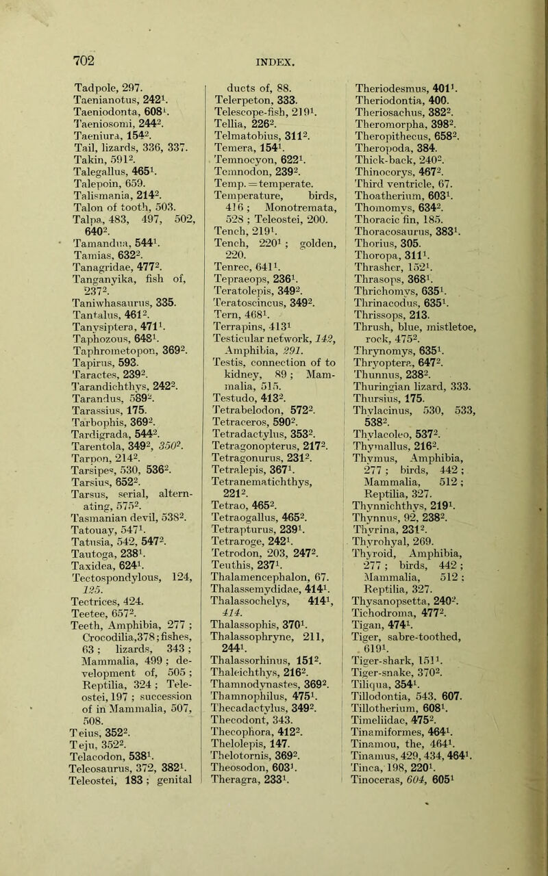 Tadpole, 2f)7. Taenianotus, 2421. Taeniodonta, 6081. Taeniosomi, 2442. Taeniurd, 1542. Tail, lizards, 336, 337. Takin, 5912. Talegallus, 465i. Talepoin, 659. Talismania, 2142. Talon of tootli, 503. Talpa, 483, 497, 502, 6402. Tamandn.a, 544'. Taniias, 6322. Tanagridae, 4772. Tanganyika, fish of, 2372. Taniwhasannis, 335. Tantalus, 4612. Tanysiptera, 471'. Taphozous, 648'. Taphrometopon, 3602. Tapirus, 593. Taractes, 2302. Tarandichthys, 2422. Tarandus, 5802. Tarassius, 175. Tarbophis, 3602. Tardigrada, 5442. Tarentola, 3402, 350^. Tarpon, 2142. Tarsipe=, 530, 5362. Tarsius, 6522. Tarsus, serial, altern- ating, 5752. T’asmanian devil, 5382. Tatouay, 547'. Tatusia, 542, 5472. Tautoga, 238'. Taxidea, 624'. Tectospondylous, 124, 125. Tectrices, 424. Teetee, 6572. Teeth, Amphibia, 277 ; Crocodilia,378; fishes, 63 ; lizards, 343; Mammalia, 499 ; de- velopment of, 505 ; Reptilia, 324 ; Tele- ostei, 197 ; suceession of in Mammalia, 507, 508. Teius, 3522. Teju, 3522. Teiacodon, 538'. Teleosaurns, 372, 382'. Teleostei, 183 ; genital ducts of, 88. Telerpeton, 333. Telescope-fish, 219i. Tellia, 2262. Telmatohius, 3112. Temera, 154'. Temnocyon, 622'. Tcmnodon, 2302. Temp. = temperate. Temperature, birds, 416; Monotremata, 523 ; Teleostei, 200. Tench, 219'. Tench, 220' ; golden, 220. Tenrec, 641'. Tepraeops, 236'. Teratolepis, 3402. Teratoscincus, 3402. Tern, 468'. Terrapins, 413' Testicular network, 142, Amphibia, 291. Testis, connection of to kidney, 89; Mam- malia, 515. Testudo, 4132. Tetrabelodon, 5722. Tetraeeros, 5902. Tetradactylus, 3532. Tetragonopterus, 2172. Tetragonurus, 2312. Tetraiepis, 367'. Tetranematichthys, 2212. Tetrao, 4652. Tetraogallus, 4652. Tetrapturus, 239'. Tetraroge, 242'. Tetrodon, 203, 2472. Teuthis, 237'. Thalamencephalon, 67. Thalassemydidae, 414'. Thalassochelys, 414i, 414. Thalassophis, 370'. Thalassophryne, 211, 2441. Thalassorhinus, 1512. Thaleichthys, 2162. Thamnodynastes, 3602. Thamnophilus, 475'. Thecadactylus, 3402. Thecodont, 343. Thecophora, 4122. Thelolepis, 147. Thelotornis, 3602. Theosodon, 603'. Theragra, 233'. Theriodesmus, 401'. Theriodontia, 400. Tlieriosachus, 3822. Theromorpha, 3982. Theropithecus, 6582. Theropoda, 384. Thick-back, 2402. Thinocorys, 4672. Third ventricle, 67. Thoatherium, 603'. Thomomys, 6342. Thoracic fin, 185. Thoracosaurus, 383'. Thorius, 305. Thoropa, 311'. Thrasher, 152'. Thrasops, 368'. Thrichomys, 635'. Thrinacodus, 635'. Thrissops, 213. Thru.sh, blue, mistletoe, rock, 4752. Thrynomys, 635'. Thrj'optera, 6472. Thunnus, 2382. Thuringian lizard, 333. Thursius, 175. Thvlacinus, 530, 533, 5382. Thylacoleo, 5372. Thymallus, 2162. Thymus, Amphibia, 277 ; birds, 442; Mammalia, 512; Reptilia, 327. Thynnichthys, 219'. Thynnus, 92, 2382. Thyrina, 2312. I Thyrohyal, 269. Thjroid, Amphibia, I 277 ; birds, 442; Mammalia, 512; Reptilia, 327. Thysanopsetta, 240'’. Tichodroma, 4772. Tigaii, 4741. ' Tiger, sabre-toothed, i 6I91. Tiger-shark, 151'. Tiger-snake, 3702. Tiliqua, 354'. Tillodontia, 543, 607. Tillotherium, 608'. Timeliidae, 4752. Tinamiformes, 464'. Tinamou, the, 464'. Tinamus, 429, 434, 464'. Tinea, 198, 220h Tinoceras, 604, 605'