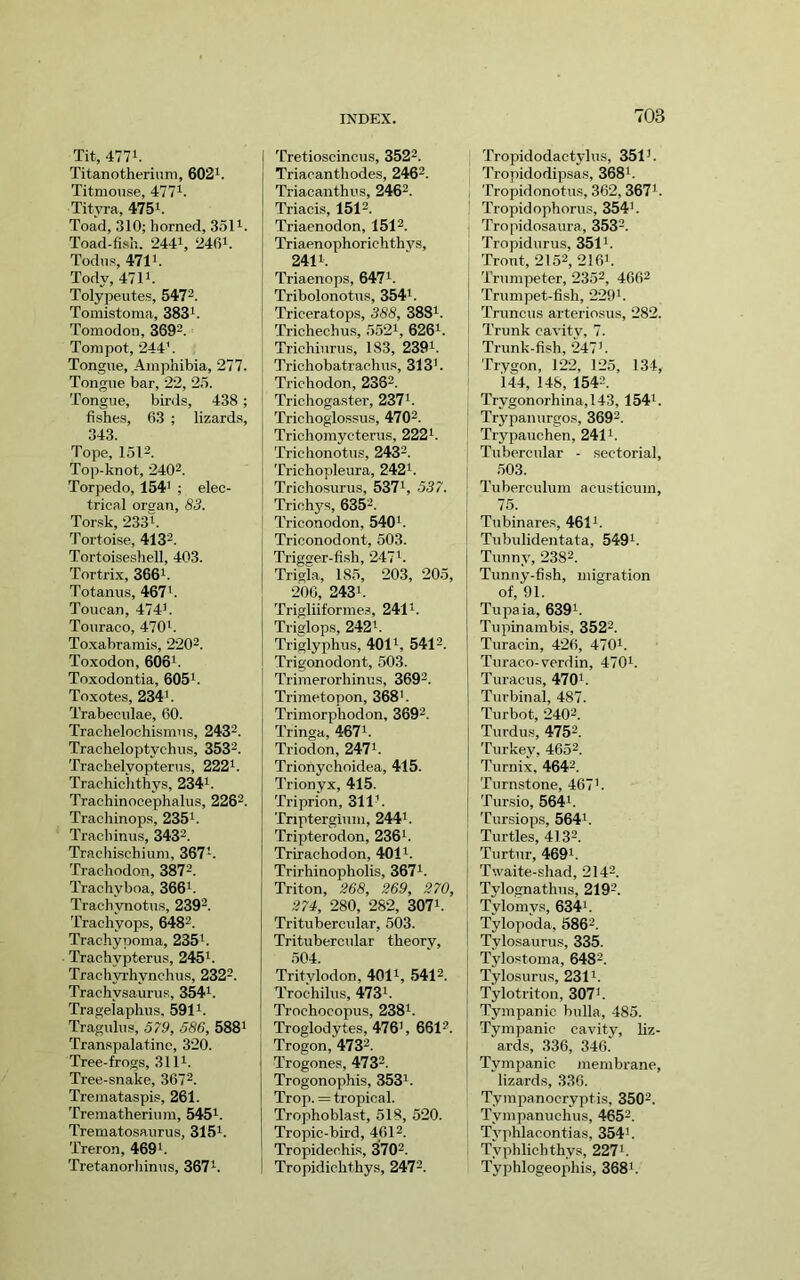 Tit, 4771. Titanotherium, 602i. Titmmise, 477^. Tityra, 475i. Toad, 310; horned, 351i. Toad-fish. 244^, 24fii. Todns, 4711. Tody, 4711. Tolypeiites, 547^. Tomistoma, 383i. Tomodon, 369’ Tonipot, 244’. Tongue, Amphibia, 277. Tongue bar, 22, 2.5. Tongue, bu'ds, 438; fishes, 63 ; lizards, 343. Tope, 151-. Top-knot, 24Q2. Torpedo, 154' ; elec- trical organ, 83. Torsk, 2331. Tortoise, 413^. Tortoiseshell, 403. Tortrix, 366i. Totanus, 467'. Toucan, 474'. Touraco, 470'. To.xabramis, 220^. Toxodon, 606'. Toxodontia, 605'. Toxotes, 234'. Trabeculae, 60. Trachelochismus, 243^. Tracheloptychus, 353^. Trachelyopterus, 222'. Trachic'hthys, 234'. Trachinocephalus, 2262. Trachinops, 235'. Trachinus, 343^. Trachischium, 367'. Trachodon, 387^. Trachyboa, 366i. Trachynotus, 2302. Trachyops, 6482. Trachypoma, 235'. Trachypterus, 245'. Trachyrhynchus, 232^. Trachysaurus, 354'. Tragelaplius. 591'. Tragulus, 579, 586, 588' Transpalatinc, 320. Tree-frogs, 311'. Tree-snake, 367^. Tremataspis, 261. Trematherium, 545'. Treinatosaurus, 315i. Treron, 469'. Tretanorliinus, 3671. Tretioscincus, 352^. Triacanthodes, 246^. Triacanthus, 2462. Triacis, 1512. Triaenodon, 1512. Triaenophorichthvs, 2411. Triaenops, 647'. Tribolonotus, 354i. Triceratops, 388, 388i. Trichechus, .5521, 026i. Trichiurus, 183, 230i. Trichobatrachus, 313'. Trichodon, 2362. Trichogaster, 237'. Trichoglossus, 4702. Trichomycterus, 222'. Trichonotus, 2432. Trichopleura, 242'. Trichosurus, 537', 537. Trichj's, 6352. Triconodon, 540'. Triconodont, 503. Trigger-fish, 247'. Trigha, 185, 203, 205, 206, 2431. Trigliiformes, 2411. Triglops, 2421. Triglyphus, 4011, 5442 Trigonodont, 603. Trimerorhinus, 3602. Trimetopon, 368'. Trimorphodon, 3602. Tringa, 467i. Triodon, 247'. Trionychoidea, 415. Trionyx, 415. Triprion, 311'. Tnptergium, 244'. Tripterodon, 236'. Trirachodon, 4011. Trirhinopholis, 367'. Triton, 268, 269, 270, 274, 280, 282, 307'. Tritubercular, 503. Trituberodar theory, 504. Tritylodon, 401i, .5412. Trochilus, 473'. Trochocopus, 238'. Troglodytes, 476', 66I2. Trogon, 4732. Trogones, 4732. Trogonophis, 353'. Trop. = tropical. Trophoblast, 518, 520. Tropic-bird, 4612. Tropidechis, 3702. Tropidichthys, 2472. Tropidodactylus, 351'. Tropidodipsas, 368'. Tropidonotus, 362, 367'. Tropidophorus, 354'. Tropidosaura, 3532. Tropidurus, 351'. Trout, 2152, 2161. Trumpeter, 2352, 4662 Trumpet-fish, 229i. Truncus arteriosus, 282. Trunk cavity, 7. Trunk-fish, 247'. Trygon, 122, 125, 134, 144, 148, 1542. Trygonorhina, 143,154'. Trypanurgos, 3602. Trypauchen, 2411. Tubercular - sectorial, 503. Tuberculum acusticum, 75. Tubinares, 461i. Tubulidentata, 549'. Tunny, 2382. Tunny-fish, migration of, 91. Tupaia, 639'. Tupinambis, 3522. Turacin, 426, 470'. Turaco-verdin, 470i. Turacus, 470'. Turbiiial, 487. Turbot, 2402. Turdus, 4752. Turkey, 4652. Turnix, 4642. Turnstone, 467'. Tursio, 564'. Tursiops, 564'. Turtles, 4132. Turtur, 469'. Twaite-shad, 2142. Tylognathus, 2102. Tylomys, 634'. Tylopoda, 6862. Tylosaurus, 335. Tylostoma, 6482. Tylosurus, 231'. Tylotriton, 307'. Tympanic bulla, 485. Tympanic cavity, liz- ards, 336, 346. Tympanic membrane, lizards, 336. Tympanocryptis, 3502. Tympanuchus, 4652. Typhlaoontias, 354'. Typhlichthys, 227'. Typhlogeophis, 368'.