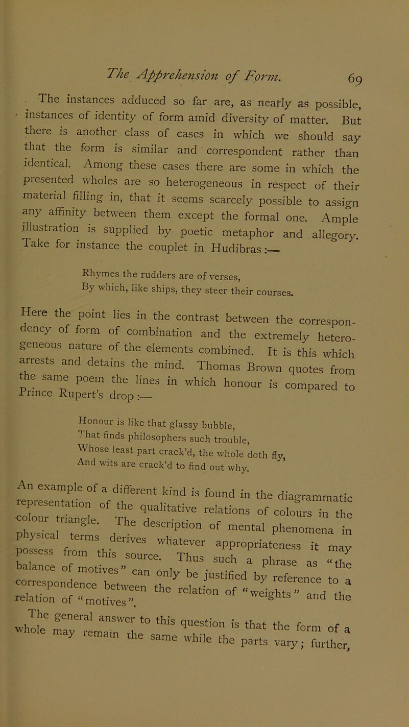 The instances adduced so far are, as nearly as possible, instances of identity of form amid diversity of matter. But there is another class of cases in which we should say that the form is similar and correspondent rather than identical. Among these cases there are some in which the presented wholes are so heterogeneous in respect of their material filling in, that it seems scarcely possible to assign any affinity between them except the formal one. Ample illustration is supplied by poetic metaphor and allegory. Take for instance the couplet in Hudibras Rhymes the rudders are of verses, By which, like ships, they steer their courses. Here the point lies in the contrast between the correspon- dency of form of combination and the extremely hetero- geneous nature of the elements combined. It is this which arrests and detains the mind. Thomas Brown quotes from he same poem the lines in which honour is compared to Prince Rupert’s drop:— Honour is like that glassy bubble, 1 hat finds philosophers such trouble, Whose least part crack’d, the whole doth fly, And wits are crack’d to find out why. An example of a different kind is found in the diagrammatic representation of the qualitative relations of coioursT the colour r,angle. The description of mental phenomena L possess flT^sTurc *1' it may balance of motives” can only to a nespondence between the relation of '• weights” and the relation of “ motives w^nts and the white mFrfF 40 thiS quesfi0n !s that the f°™ of a - m tie same while the parts vary; further,