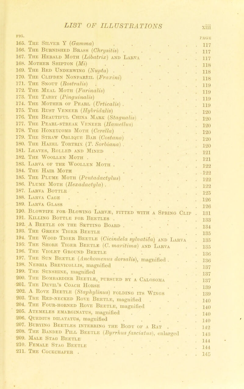 165. The Silveii Y (Gamma) 166. The Burnished Bb.vss (Chrijaitis) . 167. The Hekald Moth (Lihatrix) and L.uiVA 16«. Mother Shipton (Mi) 169. The Bed Underwing (Napta) . 170. The Clipden Nonp.arp.il (Fraxini) 171. The Snout (BosfraNs) 17‘2. The Meal Moth (Faxinalis) 173. The T.abby (Pingidnalis) 174. The Mother op Pearl (Urticalia) . 175. The Bust Veneer (HghridaUs) 176. The Beautiful China Mark (Stagnnlis) 177. The Pe.arl-stre.ak Veneer (Hnmrlhis) 178. The Honeycomd Moth (CrreJhi) 179. The Str.aw Obi.ique B.ab (Cnstnna) 180. The Hazel Tobtrix (T. Sorhiana) . 181. Leaa'es, Polled and Mined 182. The Woollen Moth . 183. L.ara'a op the Woollen Moth . 184. The Hair Moth 185. The Plume Moth (Pentadactylus) 186. Plume Moth (Hexadactyla) . 187. L.ARVA Bottle .... 188. Larva Cage .... 189. L.ara’a Glass 190. Blo\at*ipe for Blowing Larvae, fitted with a 191. Iailling Bottle for Beetles . 192. A Beetle on the Setting Board . 193. The Green Tiger Beetle Spring Clip 194. The Wood Tiger Beetle (Cicindela sylvatica) and Larva 19.5'. The Shore Tiger Beetle (C. marifima) and Larva 196. The Violet Ground Beetle . . 197. The Sun Beetle (Anchomenns dorsalis), magniflecl . 198. Nebria Brevicollis, magnified .... 199. The Sunshine, magnified .... 200. The Boiib.ardier Beetle, pursued by a Calosoma 201. The Devil’s Coach Horse .... 202. A Bo\e Beetle (Staphylinus) folding its Wings 203. The Bed-necked Bove Beetle, magnified 204. The Pour-horned Bove Beetle, magnified 205. Atemeles emaroinatus, magnified 206. Quedius dilatatus, magnified .... 207. Burying Beetles interring the Body of a Bat 208. The Banded Pill Beetle (Byrrhus fasciaius), enlarged 209. Male Stag Beetle .... 210. Female Stag Beetle 211. The Cockchafer . 1‘AGIi 117 117 117 118 118 118 119 119 119 119 120 120 120 120 120 120 121 121 122 122 122 122 125 126 126 131 133 134 135 135 135 136 136 137 137 137 189 139 140 140 140 140 142 143 144 144 145