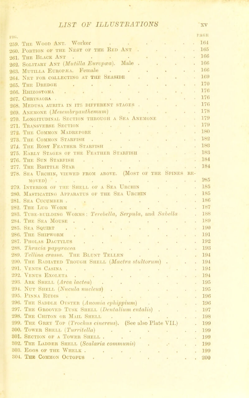 KMi. •250. Tiik Wood Ant. Worker . . . . . . KU 2(j0. PoKTION OF THE NEST OF THE EeD ANT .... 1(>5 ‘261. The Black Ant . . . • • • . . 16G 26‘2. SoLiT.\RY Ant (MvHUa Enrop<ea). Male .... 106 263. Mutilla Eurof/Ea. Female . . . . . . 166 ‘2(il. Net for collecting at the Seaside .... 169 205. The Dredge ........ 170 206. Rhizostoma . . . • • ■ . . . 17(i •267. Chrysaora 17(> •268. Medusa aurita in its different stages ... 170 269. Anemone (Mesemhryanthemnm) . . . . . 178 •270. Longitudinal Section through a Sea Anemone . . 179 271. Transverse Section . . . . . . 179 •272. The Common M.adrepore ..... 180 ■273. The Common Starfish . . . . . . . 182 -Hi. The Rosy FE.vrHEU Starfish . . . .183 275. E.arly Stages of the Feather St.vrfish . . . . 183 276. The Sun Starfish ....... 184 277. The Brittle St.ar . . . . . • 184 278. Sea Urchin, viewed from arove. (Most of the Spines re- moved) ......... 185 279. Interior of the Shell of a Sea Urchin . . . 185 280. Mastic.ating App.aratus op the Sea Urchin . 185 281. Sea Cucu.mber ........ 186 282. The Lug Worm . . . . . . . . 187 283. Tube-huilding Worms: TerebeUa, Serjjula, and Sahella . 188 284. The Sea Mouse ........ 189 285. Sea Squirt . ■ . . . . . . . 190 286. The Shipavorm . . . . . . . . 191 287. Pholas DactylUS ....... 192 288. Thracia pa^iyracea . . . . . . . 193 289. Tellina crassa. The Blunt Tellen .... 194 290. The Radiated Trough Shell [Mactra stidtorum) . . . 194 291. Venus Casina ........ 194 292. Venus Exoleta ........ 194 ‘298. Ark Shell (Area lactea) ...... 195 29t. Nut Shell (Nucula nucleus) . . . . . . 195 ‘295. Pinna Rudis ........ 196 296. The S.vddi.e Oyster (Anowia ejAdpinum) . . . 196 297. The Grooved Tusk Shell {Dtmlalium entails) . . . 197 298. The Chiton or Mail Shell . . . . . . 198 299. The Grey Top (Trochvs cinereus). (See also Plate VII.) . 199 300. Tower Shell (Turritella) . . . . . . 199 301. Section of a Toaver Shell . . . . . .199 802. The Ladder Shell (Scalaria communis) . .■ . . 199 303. Egos op the Whelk ....... 199 304. The Common Octopus . • . , . . . 200