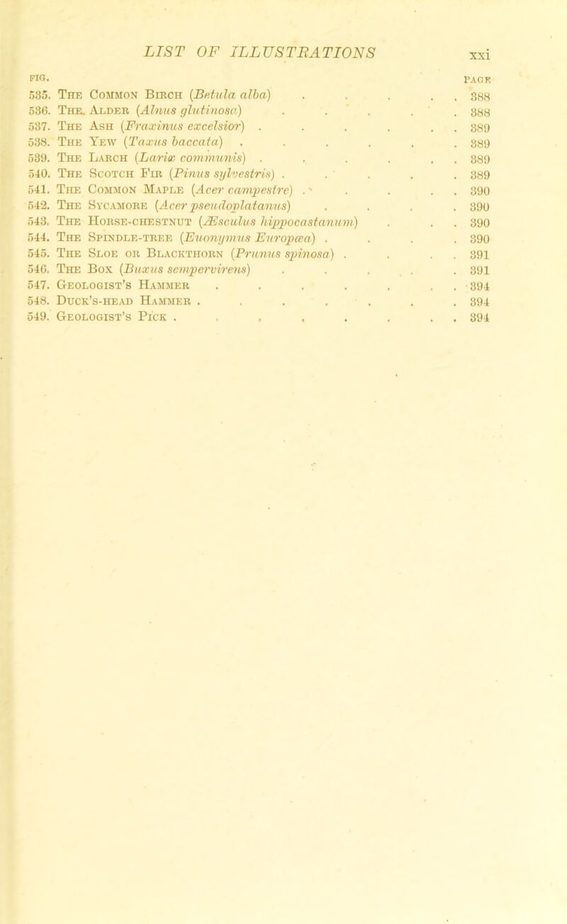 PI<5- P.4CR 535. The ConmoN Bibch (B/itula alba) . . . . 388 586. The. Alder {Alnus ghitinosa) . . . . ' . 388 537. The Ash {Fraxinus excelsior) . . . . . . 889 538. The Yew {Taxus baccata) ...... 889 539. The L.«ich {Larix communis) . . . . . . 389 540. The Scotch Fir [Finns sylvestris) . . ' . . . 389 541. The Common Maple (Acer eampestre) .' . . . . 390 542. The Sycamore [Acer psendoplatanus) .... 390 543. The Horse-chestnut [Msculus hippocastanmn) . , . 390 544. The Spindle-tree [Euonymus Enropcea) .... 890 545. The Sloe or Blackthorn [Primus spinosa) . . . . 391 546. The Box [Buxus sempervire^Ls) . . . . . 391 547. Geologist’s Hammer . . . . . . , -394 548. Duck’s-head Hammer ....... 394