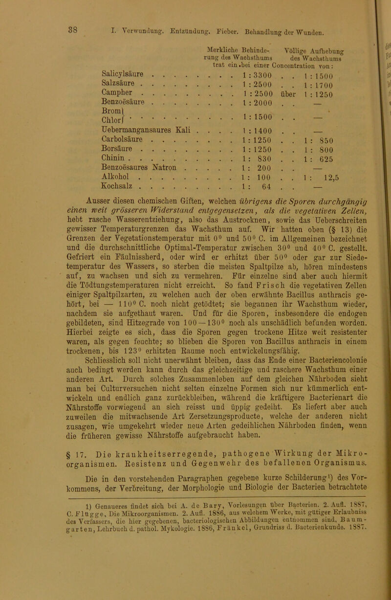 Salicylsäure .... Merkliche Bebinde- Völlige Aufliebung rung des Waohsthums des Wachsthums trat ein «bei einer Concentration von: Salzsäure . . 1:1700 Campher über 1 : 1250 Benzoesäure .... Brom) Chlor f . . — Uebermangansaures Kali . . . 1 :1400 - Carbolsäure .... . . 1 : 850 Borsäure . . 1 : 800 Chinin . . 1 : 625 Benzoesaures Natron . . . . 1: 200 Alkohol . . 1 : 12,5 Kochsalz . . Ausser diesen chemischen Giften, welchen übrigens die Sporen durchgängig einen weit grösseren Widerstand entgegensetzen, als die vegetativen Zellen, hebt rasche Wasserentziehung, also das Austrocknen, sowie das Ueberschreiten gewisser Temperaturgrenzen das Wachsthum auf. Wir hatten oben (§ 13) die Grenzen der Vegetationstemperatur mit 0« uud 50o C. im Allgemeinen bezeichnet und die durchschnittliche Optimal-Temperatur zwischen 30® und 40“ C. gestellt. Gefriert ein Fäulnissherd, oder wird er erhitzt über öO^ oder gar zur Siede- temperatur des Wassers, so sterben die meisten Spaltpilze ab, hören mindestens auf, zu wachsen und sich zu vermehren. Für einzelne sind aber auch hiermit die Tödtungstemperaturen nicht erreicht. So fand Frisch die vegetativen Zellen einiger Spaltpilzarten, zu welchen auch der oben erwähnte Bacillus anthracis ge- hört, bei — 110® C. noch nicht getödtet; sie begannen ihr Wachsthum wieder, nachdem sie aufgethaut waren. Und für die Sporen, insbesondere die endogen gebildeten, sind Hitzegrade von 100 —130® noch als unschädlich befunden worden. Hierbei zeigte es sich, dass die Sporen gegen trockene Hitze weit resistenter waren, als gegen feuchte; so blieben die Sporen von Bacillus anthracis in einem trockenen, bis 123® erhitzten Eaume noch entwickelungsfähig. Schliesslich soll nicht unerwähnt bleiben, dass das Ende einer Bacteriencolonie auch bedingt werden kann durch das gleichzeitige und raschere Wachsthum einer anderen Art. Durch solches Zusammenleben auf dem gleichen Nährboden sieht man bei Culturversuchen nicht selten einzelne Formen sich nur kümmerlich ent- wickeln und endlich ganz Zurückbleiben, während die kräftigere Bacterienart die Nährstoffe vorwiegend an sich reisst und üppig gedeiht. Es liefert aber auch zuweilen die mitwachsende Art Zersetzungsproducte, welche der anderen nicht Zusagen, wie umgekehrt wieder neue Arten gedeihlichen Nährboden finden, wenn die früheren gewisse Nährstoffe aufgebraucht haben. § 17. Die krankheitserregende, pathogene Wirkung der Mikro- organismen. Eesistenz und Gegenwehr des befallenen Organismus. Die in den vorstehenden Paragraphen gegebene kurze Schilderung') des Vor- kommens, der Verbreitung, der Morphologie und Biologie der Bacterion betrachtete 1) Genaueres findet sich bei A. de Bary, Vorlesungen Uber Bacterien. 2. Aufl. 1887, C. Flügge, Die IVIikroorganismen. 2. Aufl. 1886, aus welobem Werke, mit gütiger Erlaubniss des Verfassers, die hier gegebenen, bacteriologischeu Abbildungen entnommen sind, Banm- garten, Lehrbuch d.pathol. Mykologie. 1886, FrUnkel, Grundriss d. Bacterienkundo. 1887.