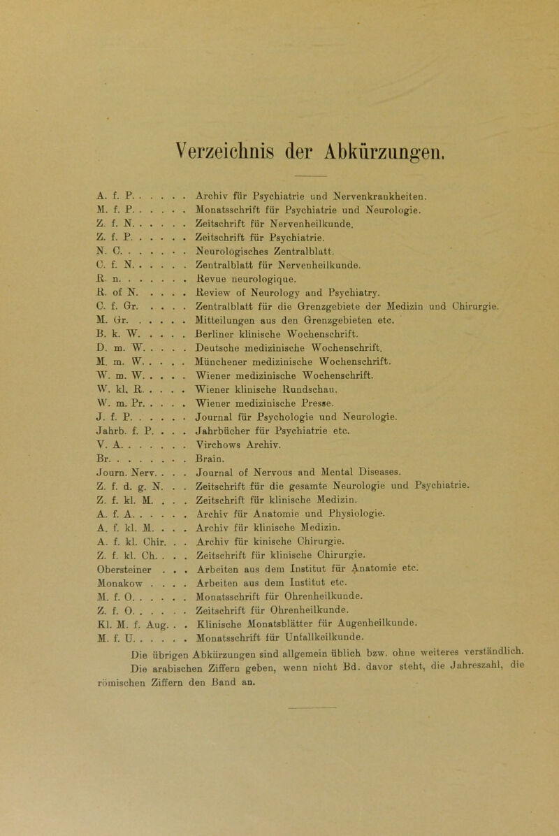 Verzeichnis der Abkürzungen, A. f. P Archiv fiir Psychiatrie und Nervenkrankheiten. M. f. P Monatsschrift für Psychiatrie und Neurologie. Z. f. N Zeitschrift für Nervenheilkunde. Z. f. P Zeitschrift für Psychiatrie. N. C . Neurologisches Zentralblatt. C. f. N Zentralblatt für Nervenheilkunde. .R n Revue neurologique. R. of N Review of Neurology and Psychiatry. C. f. Gr Zentralblatt für die Grenzgebiete der Medizin und Chirurgie. M. Gr Mitteilungen aus den Grenzgebieten etc. B. k. W Berliner klinische Wochenschrift. D. m. W Deutsche medizinische Wochenschrift. M. m. W Münchener medizinische Wochenschrift. W. m. W Wiener medizinische Wochenschrift. W. kl. R Wiener klinische Rundschau. W. m. Pr Wiener medizinische Presse. J. f. P Journal für Psychologie und Neurologie. Jahrb. f. P. . . . Jahrbücher für Psychiatrie etc. V. A Virchows Archiv. Br Brain. Journ. Nerv. . . . Journal of Nervous and Mental Diseases. Z. f. d. g. N. . . Zeitschrift für die gesamte Neurologie und Psychiatrie. Z. f. kl. M. . . . Zeitschrift für klinische Medizin. A. f. A Archiv für Anatomie und Physiologie. A. f. kl. M. . . . Archiv für klinische Medizin. A. f. kl. Ghir. . . Archiv für kinische Chirurgie. Z. f. kl. Ch. . . . Zeitschrift für klinische Chirurgie. Obersteiner . . . Arbeiten aus dem Institut für Anatomie etc. Monakow .... Arbeiten aus dem Institut etc. M. f. 0 Monatsschrift für Ohrenheilkunde. Z. f. 0 Zeitschrift für Ohrenheilkunde. Kl. M. f. Aug. . . Klinische Monatsblätter für Augenheilkunde. M. f. U Monatsschrift für Unfallkeilkunde. Die übrigen Abkürzungen sind allgemein üblich bzw. ohne weiteres verstand Die arabischen Ziffern geben, wenn nicht Bd. davor steht, die Jahreszahl, römischen Ziffern den Band an.