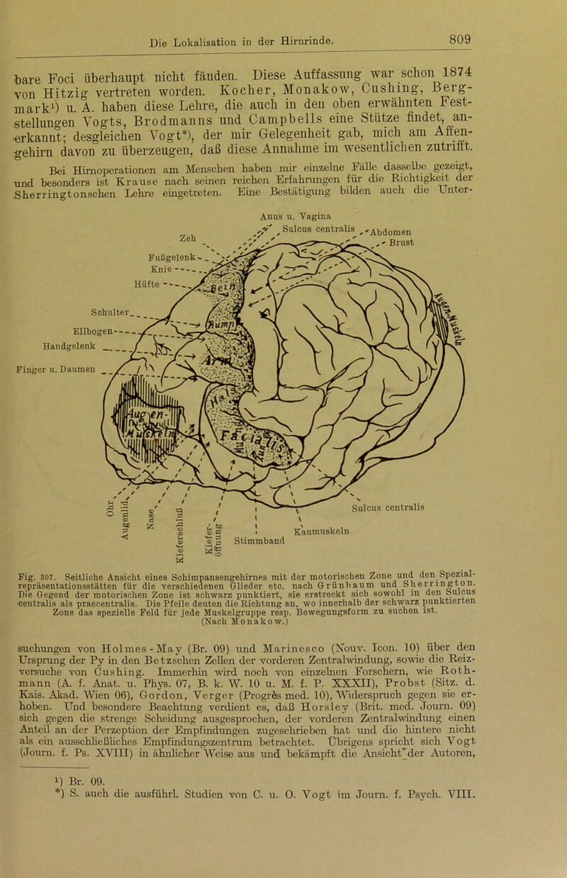 bare Foci überhaupt nicht fänden. Diese Auffassung war schon 1874 von Hitzig vertreten worden. Kocher, Monakow, Cushing, Berg- mark») u. A. haben diese Lehre, die auch in deu oben erwähnten Fest- stellungen Vogts, Brodmanns und Campbells eine Stütze findet, an- erkannt; desgleichen Vogt* *), der mir Gelegenheit gab, mich am Affen- gehirn davon zu überzeugen, daß diese Annahme im wesentlichen zutiiftt. Bei Himoperationen am Menschen haben mir einzelne Fälle dasselbe gezeigt, und besonders ist Krause nach seinen reichen Erfahrungen für die Richtigkeit der •Sherringtonschen Lehre eingetreten. Eine Bestätigung bilden auch die Unter- Anus u. Vagina suchungen von Holmes-May (Br. 09) und Marinesco (Kouv. Icon. 10) über den Ursprung der Py in den Betzschen Zellen der vorderen Zentralwindung, sowie die Reiz- versuche von Cushing. Immerhin wird noch von einzelnen Forschern, wie Roth- mann (A. f. Anat. u. Phys. 07, B. k. W. 10 u. M. f. P. XXXII), Probst (Sitz. d. Kais. Akad. Wien 06), Gordon, Verger (Progrös med. 10), Widerspruch gegen sie er- hoben. Und besondere Beachtung verdient es, daß Horsley (Brit. med. Journ. 09) sich gegen die strenge Scheidung ausgesprochen, der vorderen Zentralwindung einen Anteil an der Perzeption der Empfindungen zugeschrieben hat und die hintere nicht als ein ausschließliches Empfindungszentrum betrachtet. Übrigens spricht sich Vogt (Journ. f. Ps. XVIII) in ähnlicher Weise aus und bekämpft die Ansicht’der Autoren, i) Br. 09. *) S. auch die ausführl. Studien von C. u. O. Vogt im Journ. f. Psych. VIII.